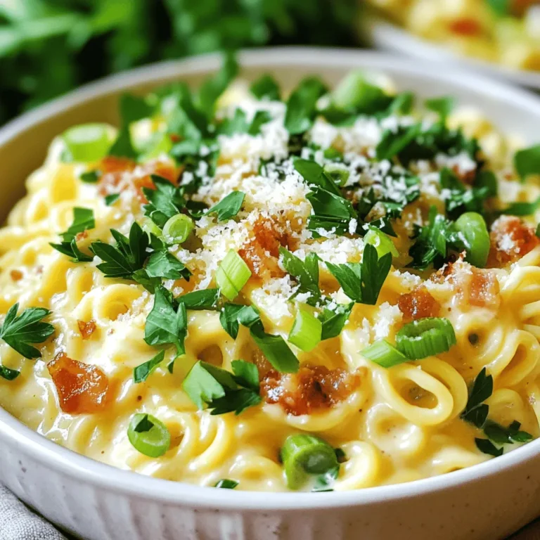 To make creamy carbonara ramen bowls, you need a few simple ingredients. Here’s what you will need: - 200g fresh or dried ramen noodles - 150g pancetta or turkey bacon, diced into small pieces - 2 large eggs - 1 cup heavy cream - 1 cup grated Parmesan cheese, plus extra for garnishing - 2 cloves garlic, finely minced - 1 teaspoon freshly cracked black pepper - 1 tablespoon olive oil - 1 tablespoon fresh parsley, chopped (for garnish) - Salt to taste - Optional: 2 green onions, thinly sliced (for garnish) Each ingredient plays a key role. The ramen noodles are the base of the dish, giving it that comforting feel. Pancetta or turkey bacon adds a savory, meaty flavor that pairs well with the creamy sauce. Eggs and heavy cream make the sauce rich and smooth. The Parmesan cheese adds depth, while garlic brings out all the flavors. Don’t forget the pepper for a nice kick! You can find the full recipe in the article to guide you through each step. Enjoy the process of cooking and savoring this tasty meal! - Bring a large pot of salted water to a boil. - Cook ramen noodles until al dente, about 3-4 minutes. - Reserve half a cup of cooking water, then drain the noodles. - Mix eggs, cream, Parmesan cheese, and black pepper in a bowl. - Whisk until smooth, then set aside for now. - Heat olive oil in a skillet over medium heat. - Add diced pancetta and sauté until crispy, around 5-7 minutes. - Add minced garlic and sauté for about 1 minute until fragrant. - Lower the heat and add the cooked ramen to the skillet. - Pour the egg mixture over the noodles and toss together quickly. - Adjust the sauce thickness with reserved noodle water, adding a little at a time. - Taste the creamy ramen and add salt if needed. - Transfer the mixture to serving bowls carefully. - Sprinkle chopped parsley and sliced green onions on top. - Add extra Parmesan cheese for serving, if desired. For the full recipe, check the Full Recipe link. To get the best creamy texture, toss the noodles right away. This helps spread the heat evenly. If you let the noodles sit, the eggs may scramble. Mix quickly after adding the egg mixture to the hot noodles. This way, the heat cooks the eggs gently, creating a smooth sauce. Choosing the right ramen is key. Look for fresh noodles if you can. They cook faster and taste better. If you use dried noodles, check the package for cooking time. Adjust the time based on the type you pick. Fresh noodles may need just a few minutes, while dried ones may take longer. Pair drinks wisely with your creamy carbonara ramen. A light white wine or sparkling water works well. For side dishes, think of a simple salad or steamed veggies. These will balance the rich flavors of the ramen. You can also add pickled vegetables for a tangy twist. Enjoy your meal with a fun presentation too! Use bright bowls for a cheerful look. For more details, check the Full Recipe! {{image_4}} You can switch up the protein in your creamy carbonara ramen bowls. Chicken, shrimp, or tofu work well. Each offers a unique taste and texture. For a vegetarian option, use vegetable broth instead of chicken. This adds depth without meat. Want a kick? Add spices or herbs. A pinch of red pepper flakes or thyme can brighten your dish. You can also mix in vegetables like spinach or mushrooms. They add color and nutrition. Toss these in during the last few minutes of cooking for the best results. Make your ramen bowls pop with creative serving ideas. Use bright, colorful bowls for an inviting look. Garnish with fresh herbs or a squeeze of lemon. You can also serve with lime wedges or chili oil on the side. This invites guests to customize their bowls. To keep your creamy carbonara ramen fresh, store it in an airtight container. Place it in the fridge right away. This helps keep the flavors intact. The dish stays good for about three days. After that, it starts to lose its taste and texture. When you want to enjoy leftovers, use low heat on the stove. This method helps maintain the creaminess. Stir often to avoid hot spots. You can add a splash of milk or cream if it seems too thick. This keeps it smooth and nice. Avoid using the microwave, as it can make the dish rubbery and dry. Yes, creamy carbonara ramen can be frozen. However, I suggest freezing only the noodles and sauce separately. This helps keep the texture right. For thawing, move it to the fridge overnight. Reheat on the stove over low heat, stirring gently. Add a bit of cream to restore the creamy goodness. Enjoy your gourmet meal later with ease, just like the full recipe describes! Carbonara ramen is a fun mix of Italian and Japanese food. It takes the creamy, rich sauce from classic carbonara and pairs it with ramen noodles. You get the best of both worlds in one delicious bowl. The dish combines crispy pancetta, eggs, and cream, creating a savory flavor. It's a tasty treat for pasta and ramen lovers alike. Yes, you can replace the eggs in this recipe. If you want to avoid eggs, try using silken tofu blended until smooth. You can also use a mix of heavy cream and a bit of cornstarch for thickness. Just make sure to whisk everything well to keep it creamy. These swaps keep your dish rich without eggs. Yes! Many brands offer gluten-free ramen noodles made from rice or other grains. Look for brands like Lotus Foods or Explore Cuisine. These options taste great and will fit into a gluten-free diet. Always check the package for gluten-free labels. To make creamy carbonara ramen less rich, try these tips: - Use less heavy cream. Replace some with chicken broth for flavor. - Add more veggies like spinach or mushrooms. They add bulk and flavor. - Reduce the amount of pancetta. This helps cut down on fat. These changes keep the dish tasty while making it lighter. You can serve several sides with creamy carbonara ramen. Here are a few ideas: - Garlic bread for a crunchy bite. - A fresh salad with lemon dressing for a light side. - Steamed vegetables like broccoli or bok choy add color and nutrients. These sides complement the creamy ramen well and make your meal even better. This dish combines ramen with creamy carbonara for a unique spin. We covered key ingredients, cooking steps, and tips to perfect the sauce. You can explore variations with different proteins or flavors. Store leftovers wisely and reheat without losing that creamy texture. Overall, this recipe is versatile and easy to make. Enjoy your delicious creamy carbonara ramen!