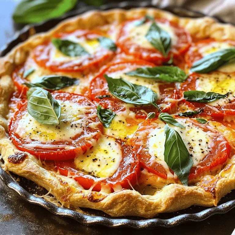 To make a savory tomato pie, gather these simple ingredients: - 1 pre-made pie crust (store-bought or homemade) - 4 large ripe tomatoes, thinly sliced - 1 cup fresh mozzarella cheese, shredded - 1/2 cup grated Parmesan cheese - 1/4 cup fresh basil leaves, finely chopped - 1/4 cup mayonnaise - 2 teaspoons Dijon mustard - 1 teaspoon garlic powder - 1 teaspoon dried oregano - Salt and freshly cracked black pepper to taste - Olive oil, for drizzling Using fresh ingredients makes all the difference in flavor. For tomatoes, choose ripe ones from local farms or markets. They should feel firm but have a slight give. Fresh mozzarella adds creaminess, while grated Parmesan gives a salty kick. Look for bright green basil leaves. They should smell sweet and fragrant. You can boost flavor with a few optional ingredients. Consider adding: - Sliced red onions for a sharp bite - Cooked bacon or pancetta for a smoky touch - A sprinkle of red pepper flakes for heat - Fresh herbs like thyme or parsley for more depth These add-ins can take your savory tomato pie to a new level. Explore your taste buds! For the full recipe, check the original instructions. Start by setting your oven to 375°F (190°C). This step warms the oven for even cooking. Use a pre-made pie crust, either from the store or homemade. Fit it into a 9-inch pie dish. Take a fork and poke holes in the bottom. This trick stops bubbles from forming as it bakes. Bake the crust for 10 minutes. It should just begin to set. Allow it to cool for a few minutes while you prepare the filling. Grab a medium mixing bowl. Here, combine the mayonnaise, Dijon mustard, garlic powder, oregano, and a pinch of salt and pepper. Whisk this mixture until smooth. This blend will add a creamy base to your pie. It enhances the flavor of the fresh tomatoes and cheese. Now, it’s time to layer! Spread the mayonnaise mix evenly across the cooled pie crust. Begin with half of the sliced tomatoes, placing them in a single layer. Next, sprinkle half of the shredded mozzarella and Parmesan over the tomatoes. Add half of the chopped basil for a fresh taste. Repeat with the remaining ingredients. Finish by drizzling olive oil on top for extra flavor. Bake the pie for 30-35 minutes. Look for bubbling cheese and a golden brown color. After baking, let it cool for about 10 minutes before slicing. This wait helps keep the layers intact. Enjoy your savory tomato pie! For the complete recipe details, check the Full Recipe. To create the best savory tomato pie, perfect slices matter. Use a sharp knife to cut. A serrated knife works well, as it glides through the skin. Cut each tomato into even slices, about a quarter-inch thick. This thickness helps the tomatoes cook evenly. Try to remove excess juice and seeds. This keeps your pie from getting soggy. Cheese can change the taste of your savory tomato pie. Fresh mozzarella is mild and creamy, but you can try others. For a sharper taste, use aged cheddar. Feta cheese adds a tangy kick, while goat cheese gives a rich flavor. Mixing cheeses can also create a unique taste. Just keep the total cheese amount similar to the recipe. A well-baked pie shows off its layers. To ensure even baking, preheat your oven correctly. Use a thermometer to check the temperature. During baking, place your pie on the middle rack. This allows hot air to circulate around it. If the edges brown too fast, cover them with foil. This trick prevents burning while the center cooks. Enjoy a beautifully baked savory tomato pie! {{image_4}} You can make a crustless version of savory tomato pie. It cuts down on carbs and is lighter. Just use a greased pie dish and skip the crust. Pour the filling right in! The mix of tomatoes, cheeses, and herbs still tastes great. Cheese is key to flavor. You can try different kinds for new tastes. Swap mozzarella for sharp cheddar. Feta adds a tangy kick. Goat cheese brings a creamy texture. Each cheese brings its own charm to the pie. You can easily adapt this dish for a vegetarian or vegan diet. For vegetarian, just leave out any meat. For a vegan option, use a plant-based mayo and vegan cheese. You can also add more veggies like spinach or zucchini to enhance flavors. For the full recipe, check out the Sizzling Savory Tomato Pie section. Enjoy your cooking! To keep your savory tomato pie fresh, let it cool first. Once cooled, cover it tightly with plastic wrap or aluminum foil. You can also place it in an airtight container. Store it in the fridge for up to three days. This will help keep the flavors intact and prevent it from drying out. When you're ready to enjoy your pie again, preheat your oven to 350°F (175°C). Place the pie on a baking sheet to catch any drips. Heat it for about 15-20 minutes. This will warm it through and help the cheese become gooey again. For a quick option, use the microwave. Heat individual slices on a microwave-safe plate for 1-2 minutes, but it might not be as crispy. If you want to save your pie for later, freezing is a great option. Allow the pie to cool completely. Wrap it tightly in plastic wrap and then in foil. You can freeze it for up to three months. When you're ready to eat, thaw it in the fridge overnight. Reheat it in the oven for the best taste. Trust me, this method keeps the flavors bright and fresh. Enjoy the full recipe to make this delicious dish! Savory Tomato Pie tastes great with many sides. Here are some ideas: - A light green salad with a splash of vinaigrette. - Roasted vegetables for added texture. - Garlic bread for a crunchy contrast. - Fresh fruit for a sweet touch. These pairings balance the pie's rich flavors and keep your meal fresh. To make a gluten-free Savory Tomato Pie, swap the regular pie crust for a gluten-free crust. Many stores sell ready-made gluten-free options. You can also make your own with gluten-free flour. Ensure all your other ingredients, like cheeses and spices, are gluten-free too. This way, you enjoy the same great taste without gluten. Yes, you can use canned tomatoes if fresh ones are not available. Choose whole or diced canned tomatoes, and drain the liquid well. If you want extra flavor, consider roasting them briefly before using. Canned tomatoes may have a softer texture, so adjust baking time if needed. Using them can still create a tasty pie. For the complete recipe, check out the Full Recipe section. This blog post covered how to make a tasty Savory Tomato Pie. We started with a complete list of ingredients and fresh recommendations. We walked through step-by-step instructions, from prepping the crust to layering the pie. I shared tips for slicing tomatoes and cheese swaps for flavor. We also explored variations, including crustless and vegan options. Lastly, I provided helpful storage info to keep leftovers fresh. A Savory Tomato Pie is easy to make, and it’s so delightful to eat. Enjoy experimenting with your own flavors!