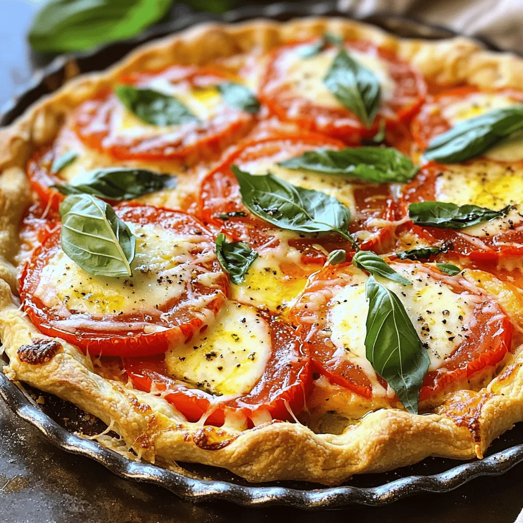 To make a savory tomato pie, gather these simple ingredients: - 1 pre-made pie crust (store-bought or homemade) - 4 large ripe tomatoes, thinly sliced - 1 cup fresh mozzarella cheese, shredded - 1/2 cup grated Parmesan cheese - 1/4 cup fresh basil leaves, finely chopped - 1/4 cup mayonnaise - 2 teaspoons Dijon mustard - 1 teaspoon garlic powder - 1 teaspoon dried oregano - Salt and freshly cracked black pepper to taste - Olive oil, for drizzling Using fresh ingredients makes all the difference in flavor. For tomatoes, choose ripe ones from local farms or markets. They should feel firm but have a slight give. Fresh mozzarella adds creaminess, while grated Parmesan gives a salty kick. Look for bright green basil leaves. They should smell sweet and fragrant. You can boost flavor with a few optional ingredients. Consider adding: - Sliced red onions for a sharp bite - Cooked bacon or pancetta for a smoky touch - A sprinkle of red pepper flakes for heat - Fresh herbs like thyme or parsley for more depth These add-ins can take your savory tomato pie to a new level. Explore your taste buds! For the full recipe, check the original instructions. Start by setting your oven to 375°F (190°C). This step warms the oven for even cooking. Use a pre-made pie crust, either from the store or homemade. Fit it into a 9-inch pie dish. Take a fork and poke holes in the bottom. This trick stops bubbles from forming as it bakes. Bake the crust for 10 minutes. It should just begin to set. Allow it to cool for a few minutes while you prepare the filling. Grab a medium mixing bowl. Here, combine the mayonnaise, Dijon mustard, garlic powder, oregano, and a pinch of salt and pepper. Whisk this mixture until smooth. This blend will add a creamy base to your pie. It enhances the flavor of the fresh tomatoes and cheese. Now, it’s time to layer! Spread the mayonnaise mix evenly across the cooled pie crust. Begin with half of the sliced tomatoes, placing them in a single layer. Next, sprinkle half of the shredded mozzarella and Parmesan over the tomatoes. Add half of the chopped basil for a fresh taste. Repeat with the remaining ingredients. Finish by drizzling olive oil on top for extra flavor. Bake the pie for 30-35 minutes. Look for bubbling cheese and a golden brown color. After baking, let it cool for about 10 minutes before slicing. This wait helps keep the layers intact. Enjoy your savory tomato pie! For the complete recipe details, check the Full Recipe. To create the best savory tomato pie, perfect slices matter. Use a sharp knife to cut. A serrated knife works well, as it glides through the skin. Cut each tomato into even slices, about a quarter-inch thick. This thickness helps the tomatoes cook evenly. Try to remove excess juice and seeds. This keeps your pie from getting soggy. Cheese can change the taste of your savory tomato pie. Fresh mozzarella is mild and creamy, but you can try others. For a sharper taste, use aged cheddar. Feta cheese adds a tangy kick, while goat cheese gives a rich flavor. Mixing cheeses can also create a unique taste. Just keep the total cheese amount similar to the recipe. A well-baked pie shows off its layers. To ensure even baking, preheat your oven correctly. Use a thermometer to check the temperature. During baking, place your pie on the middle rack. This allows hot air to circulate around it. If the edges brown too fast, cover them with foil. This trick prevents burning while the center cooks. Enjoy a beautifully baked savory tomato pie! {{image_4}} You can make a crustless version of savory tomato pie. It cuts down on carbs and is lighter. Just use a greased pie dish and skip the crust. Pour the filling right in! The mix of tomatoes, cheeses, and herbs still tastes great. Cheese is key to flavor. You can try different kinds for new tastes. Swap mozzarella for sharp cheddar. Feta adds a tangy kick. Goat cheese brings a creamy texture. Each cheese brings its own charm to the pie. You can easily adapt this dish for a vegetarian or vegan diet. For vegetarian, just leave out any meat. For a vegan option, use a plant-based mayo and vegan cheese. You can also add more veggies like spinach or zucchini to enhance flavors. For the full recipe, check out the Sizzling Savory Tomato Pie section. Enjoy your cooking! To keep your savory tomato pie fresh, let it cool first. Once cooled, cover it tightly with plastic wrap or aluminum foil. You can also place it in an airtight container. Store it in the fridge for up to three days. This will help keep the flavors intact and prevent it from drying out. When you're ready to enjoy your pie again, preheat your oven to 350°F (175°C). Place the pie on a baking sheet to catch any drips. Heat it for about 15-20 minutes. This will warm it through and help the cheese become gooey again. For a quick option, use the microwave. Heat individual slices on a microwave-safe plate for 1-2 minutes, but it might not be as crispy. If you want to save your pie for later, freezing is a great option. Allow the pie to cool completely. Wrap it tightly in plastic wrap and then in foil. You can freeze it for up to three months. When you're ready to eat, thaw it in the fridge overnight. Reheat it in the oven for the best taste. Trust me, this method keeps the flavors bright and fresh. Enjoy the full recipe to make this delicious dish! Savory Tomato Pie tastes great with many sides. Here are some ideas: - A light green salad with a splash of vinaigrette. - Roasted vegetables for added texture. - Garlic bread for a crunchy contrast. - Fresh fruit for a sweet touch. These pairings balance the pie's rich flavors and keep your meal fresh. To make a gluten-free Savory Tomato Pie, swap the regular pie crust for a gluten-free crust. Many stores sell ready-made gluten-free options. You can also make your own with gluten-free flour. Ensure all your other ingredients, like cheeses and spices, are gluten-free too. This way, you enjoy the same great taste without gluten. Yes, you can use canned tomatoes if fresh ones are not available. Choose whole or diced canned tomatoes, and drain the liquid well. If you want extra flavor, consider roasting them briefly before using. Canned tomatoes may have a softer texture, so adjust baking time if needed. Using them can still create a tasty pie. For the complete recipe, check out the Full Recipe section. This blog post covered how to make a tasty Savory Tomato Pie. We started with a complete list of ingredients and fresh recommendations. We walked through step-by-step instructions, from prepping the crust to layering the pie. I shared tips for slicing tomatoes and cheese swaps for flavor. We also explored variations, including crustless and vegan options. Lastly, I provided helpful storage info to keep leftovers fresh. A Savory Tomato Pie is easy to make, and it’s so delightful to eat. Enjoy experimenting with your own flavors!