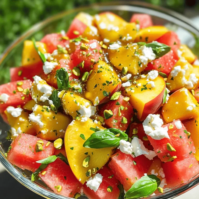 - 2 cups of fresh watermelon, cut into bite-sized cubes - 2 ripe, juicy peaches, pitted and sliced into thin wedges - 1/2 cup of feta cheese, crumbled - 1/4 cup of fresh basil leaves, torn - 2 tablespoons of honey - 1 tablespoon of freshly squeezed lime juice - Salt and freshly cracked pepper, to taste - 1/4 cup of pistachios, chopped (optional) The key to a great Summer Peach Watermelon Salad lies in the freshness of your ingredients. I always choose ripe peaches and sweet watermelon for the best taste. They bring a juicy flavor that makes each bite special. When selecting watermelon, look for one that feels heavy for its size. The skin should be dark and dull, not shiny. For peaches, pick ones that yield slightly when pressed. They should have a sweet smell. The feta cheese adds a creamy touch. If you like, you can switch it with goat cheese. Fresh basil is a must; its flavor brightens the salad. The honey and lime juice create a lovely dressing. It balances the sweetness of the fruit. Add salt and pepper to enhance the flavors. If you want some crunch, sprinkle chopped pistachios on top. This simple list keeps the salad fresh and vibrant. You can find the full recipe [here](#). - Cut watermelon into small cubes. - Slice peaches into delicate wedges. First, I start with the watermelon. I cut it into small cubes. This shape makes it easy to scoop. Next, I slice the peaches into delicate wedges. Their sweet juices will add a nice touch to the salad. - Combine watermelon and peach slices in a large bowl. - Fold in feta cheese and basil leaves. In a large bowl, I combine the watermelon and peach slices. Their colors make a beautiful mix. Then, I gently fold in crumbled feta cheese and torn basil leaves. This step helps blend the flavors well without breaking the fruit. - Whisk together honey, lime juice, salt, and pepper. In a small bowl, I whisk honey and lime juice. I add a pinch of salt and a few cracks of pepper. This dressing brings sweet and tangy flavors together. - Drizzle dressing over salad and gently toss. - Sprinkle chopped pistachios on top just before serving. I drizzle the honey-lime dressing over the salad. Then, I gently toss everything together. This ensures each piece of fruit gets coated. If I want extra crunch, I sprinkle chopped pistachios on top just before serving. Enjoy right away for the best taste or chill for a bit first. For the full recipe, check out the details above! To make the best Summer Peach Watermelon Salad, start with ripe fruits. Look for peaches that are soft to touch but not mushy. They should smell sweet and fragrant. For watermelon, choose a heavy one with a uniform color. A yellow spot on the bottom shows ripeness. Freshness matters a lot for flavor. The riper your fruits are, the sweeter and juicier your salad will taste. When serving this salad, choose a large, colorful bowl. A bright bowl adds to the salad's appeal. You can also use clear glass bowls for individual servings. This way, everyone can see the vibrant colors. Consider garnishing with more basil leaves on top for a fresh look. This salad pairs well with grilled meats, like chicken or shrimp. You can also serve it alongside other dishes for a complete meal. To elevate your Summer Peach Watermelon Salad, think about adding fresh herbs. Mint or cilantro can add a new twist. You could also sprinkle some chili flakes for a kick. For dressings, try mixing olive oil with balsamic vinegar. This adds a rich layer of flavor. A simple honey-lemon dressing is also a great choice. These enhancements will make your salad even more delicious. You can find the Full Recipe to explore more ideas. {{image_4}} You can change up this salad easily. Swap feta cheese for goat cheese or mozzarella. Both add a creamy touch. If you want some crunch, add nuts or seeds. Try walnuts, almonds, or sunflower seeds for a nice bite. Summer brings many fruits. You can add strawberries or blueberries for a twist. These fruits pair well with peaches and watermelon. If you want a fall twist, use apples and nuts. This keeps the salad fun and fresh all year round. This salad is gluten-free, making it safe for those with gluten issues. If you want a vegan version, skip the cheese and honey. Use agave syrup instead of honey for sweetness. This way, everyone can enjoy this tasty dish! To keep your Summer Peach Watermelon Salad fresh, store it properly. First, place any leftover salad in an airtight container. This helps prevent air from wilting the greens and fruits. It’s best to store the dressing separately. This way, the salad maintains its crispness and flavor. For containers, use glass or BPA-free plastic. Glass containers work well as they do not absorb odors. If you use plastic, ensure it is food-grade. This keeps your salad safe and fresh for longer. You can keep the salad in the refrigerator for about 2 days. After that, the fruits may start to break down. Signs of spoilage include a mushy texture or off smell. If the salad looks slimy, it’s best to toss it. Always trust your senses when it comes to food safety. Yes, you can prepare this salad ahead of time. To keep it fresh, follow these tips: - Cut fruits just before serving: Watermelon and peaches taste best when fresh. - Keep dressing separate: Mix honey and lime juice just before serving. - Store in an airtight container: This helps prevent browning and keeps the salad crisp. You can add many fruits to enhance the taste. Here are some great options: - Strawberries: Their sweet and tart flavor pairs well with peaches. - Blueberries: These tiny gems add a pop of color and sweetness. - Mango: Its juicy texture complements the watermelon nicely. You can easily tweak the sweetness to fit your taste. Here are some ideas: - Add more honey: If you like it sweeter, drizzle in more honey. - Use less honey: For a lighter taste, use less honey while mixing. - Add lime juice: This adds a tangy flavor that balances sweetness. This blog post covers how to make a refreshing summer salad with watermelon and peaches. You learned about the best fresh ingredients, how to prepare the fruits, mix the salad, and create a light dressing. I shared tips for choosing top-quality fruits and offered variations to suit your taste. Remember, freshness is key for flavor. This salad is perfect for warm days and pairs well with grilled dishes. Enjoy this delightful recipe and make it your own with unique twists! Your summer meals will shine with this colorful dish.