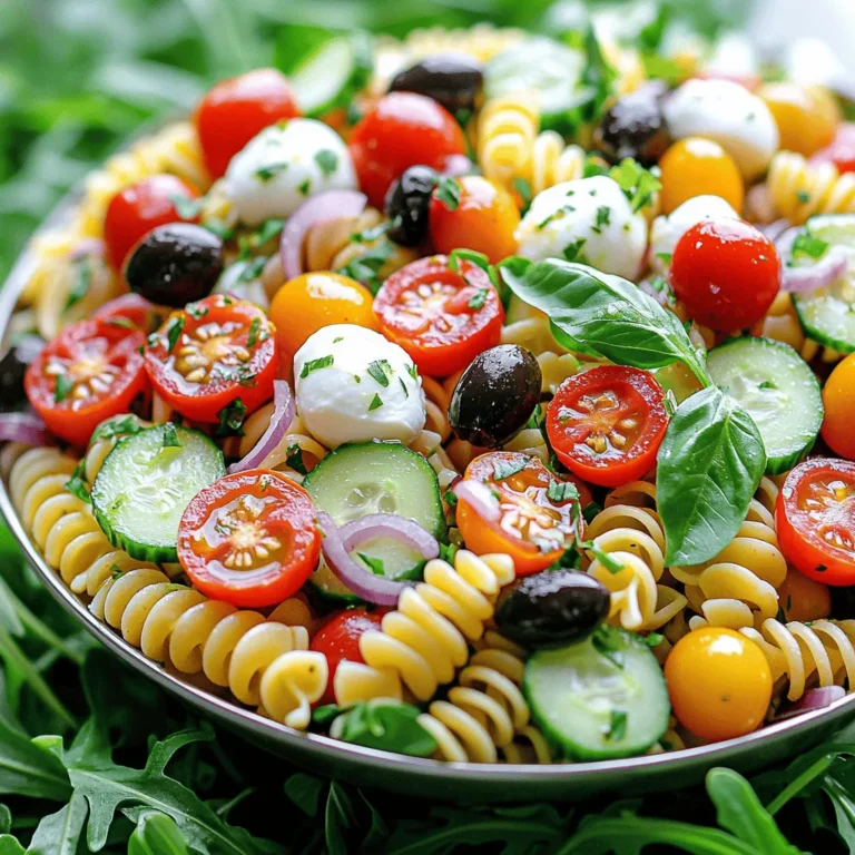 To make a tasty Italian pasta salad, gather these key ingredients: - 12 oz (340g) rotini or fusilli pasta - 1 cup cherry tomatoes, halved - 1 cup cucumber, diced - 1/2 cup black olives, sliced - 1/2 cup pepperoncini, sliced - 1/2 cup mozzarella balls (bocconcini), drained - 1/4 cup red onion, finely chopped - 1/4 cup fresh basil, chopped - 1/4 cup extra virgin olive oil - 2 tablespoons red wine vinegar (optional) - 1 teaspoon dried oregano - Salt and pepper to taste For a bright taste, consider adding fresh and optional ingredients. You can try: - Fresh arugula for serving - Bell peppers, diced for a sweet crunch - Artichoke hearts for a unique twist - Fresh parsley to enhance the flavor These ingredients can elevate your salad and make it unique. Choosing the right pasta is key to a great salad. I recommend: - Rotini: Its twists hold dressing well. - Fusilli: Another spiral pasta that adds texture. - Penne: The tubes trap bits of veggies and dressing. These pasta types work great in this salad. They make every bite full of flavor! To cook pasta just right, start with a big pot. Fill it with water and add salt. When the water boils, add 12 oz of rotini or fusilli pasta. Follow the package instructions for timing. You want the pasta to be firm but not hard. This is called al dente. After cooking, drain the pasta using a colander. Rinse it with cold water to stop the cooking. This cools it down and keeps it from getting soggy. Set the pasta aside while you prep the rest. While the pasta cooks, chop your veggies. Start with 1 cup of cherry tomatoes. Slice them in half for easy bites. Next, take 1 cup of cucumber and dice it into small pieces. This adds crunch. Slice 1/2 cup of black olives and 1/2 cup of pepperoncini. Then, finely chop 1/4 cup of red onion. This gives the salad a nice bite. Lastly, chop 1/4 cup of fresh basil. The basil adds a lovely touch of flavor. In a large bowl, mix the cooled pasta with your veggies. Add the halved cherry tomatoes, diced cucumber, black olives, pepperoncini, drained mozzarella balls, red onion, and chopped basil. Use a spatula to combine all the ingredients gently. Be careful not to break the mozzarella. Now, make the dressing. In a smaller bowl, whisk together 1/4 cup of extra virgin olive oil, 2 tablespoons of optional red wine vinegar, 1 teaspoon of dried oregano, salt, and pepper. This dressing will give your salad a zesty kick. Pour the dressing over the pasta mixture. Toss everything together until all pieces are coated. Cover the bowl and chill in the fridge for at least 30 minutes. This helps the flavors mix well. When serving, give the salad a stir. You can place it over fresh arugula for a nice touch. The Full Recipe offers great tips for presentation if you want to impress your guests! You can change the dressing to fit your taste. Here are some ideas: - Lemon Zest: Add zest for a bright kick. - Garlic: Mix in minced garlic for a bold flavor. - Italian Herbs: Use fresh herbs like parsley or thyme for depth. - Spicy Kick: Add red pepper flakes for heat. These variations help make your Italian pasta salad unique every time. Chilling your pasta salad is key. It helps the flavors mix well. Follow these tips: - Chill Time: Aim for at least 30 minutes in the fridge. Longer is even better. - Cover It: Use plastic wrap or a lid to keep it fresh. - Toss Before Serving: Mix well just before you serve. This helps redistribute the dressing. Serving it chilled makes it refreshing and tasty, perfect for warm days. Here are mistakes that can ruin your pasta salad: - Overcooking Pasta: Cook it to al dente. If it’s too soft, it will be mushy. - Skipping the Chill: Don’t skip chilling time. It’s vital for flavor. - Not Enough Dressing: Make sure all ingredients are well-coated. This boosts taste. Avoiding these mistakes will lead to a delicious dish every time. For the full recipe, check out the Italian Pasta Salad with a Zesty Twist. {{image_4}} You can make this pasta salad vegetarian easily. Just skip the cheese, or use a plant-based option. Add more veggies like bell peppers, artichokes, or zucchini. These will bring color and crunch. You could even toss in some roasted vegetables for extra flavor. If you need gluten-free options, choose pasta made from rice or quinoa. These types work well and taste great. Look for brands that offer gluten-free rotini or fusilli. Cook them just like regular pasta. Follow the package instructions for best results. To make your pasta salad more filling, add protein. Grilled chicken or shrimp are great choices. You can even use chickpeas for a plant-based option. Just mix them in when combining your ingredients. This will give you a salad that can serve as a full meal. For a great starting point, check out the Full Recipe for Italian Pasta Salad with a Zesty Twist. It’s packed with flavor and perfect for any occasion! To store leftover Italian pasta salad, place it in an airtight container. This helps keep the salad fresh. Ensure you cover it tightly to avoid air exposure. It will stay good in the fridge for up to three days. Before serving it again, check for any changes in smell or color. If everything looks good, enjoy your tasty leftovers! I recommend glass or plastic containers with tight-fitting lids. Glass containers are great for keeping flavors fresh. They also help you see what’s inside. If you use plastic, choose BPA-free options. This keeps your food safe and healthy. Make sure the containers are large enough to hold all the pasta salad without squishing it. Reheating pasta salad is simple but tricky. You want to avoid making it mushy. Instead of microwaving, try letting it sit at room temperature for about 30 minutes. This brings out the flavors. If you must reheat, do so gently on low heat in a pan. Add a splash of olive oil to keep it moist. Stir often and remove it from heat once warm. Enjoy your flavorful dish! Yes, you can make Italian pasta salad ahead of time. I recommend preparing it a few hours before serving. This allows the flavors to blend well. You can even make it a day early. Just store it in the fridge. The best dressing for Italian pasta salad is a mix of olive oil and vinegar. I love using extra virgin olive oil and red wine vinegar for a zesty taste. Add dried oregano, salt, and pepper to enhance the flavor. This simple dressing brings everything together nicely. To keep pasta from getting mushy, cook it al dente. This means it should be firm when bitten. After cooking, rinse it under cold water. This stops the cooking process and cools the pasta quickly. Mixing in the dressing right before serving also helps. It keeps the pasta fresh. For the full recipe, check out my Italian Pasta Salad with a Zesty Twist. You learned how to make a tasty Italian pasta salad. We covered the key ingredients, how to cook pasta, and ways to mix flavors. I shared tips for dressing and common mistakes to avoid. You saw various options, like vegetarian or gluten-free pasta. Plus, I explained how to store leftovers. Italian pasta salad is easy to make and enjoy. With these steps, you can impress your friends and family. Keep experimenting with flavors and enjoy your delicious creation.