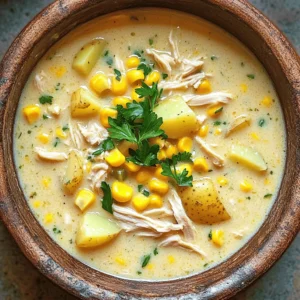 - 2 boneless, skinless chicken breasts - 4 cups frozen sweet corn - 1 medium onion, finely diced - 2 cloves garlic, minced - 2 medium-sized potatoes, peeled and diced - 3 cups chicken broth (low-sodium if preferred) - 1 teaspoon dried thyme - 1 teaspoon smoked paprika - 1 teaspoon salt (adjust to taste) - 1/2 teaspoon black pepper - 1 cup heavy cream - 1 tablespoon fresh parsley, finely chopped (for garnish) - Chicken Breasts: These give the chowder its protein and heartiness. Boneless and skinless cuts work best for easy shredding. - Frozen Sweet Corn: This adds natural sweetness and a nice texture. Frozen corn saves time and adds flavor. - Onion and Garlic: These aromatics enhance the overall taste. They create a flavorful base for your chowder. - Potatoes: Diced potatoes add creaminess and body. They also soak up all the lovely flavors. - Chicken Broth: This liquid forms the chowder's base. Low-sodium broth lets you control the salt. - Heavy Cream: This ingredient adds richness and smoothness. It makes the chowder feel indulgent. - Dried Thyme and Smoked Paprika: These spices give depth and warmth. They create a lovely, savory taste. - Chicken: You can use turkey or tofu for a different protein. - Corn: Fresh corn works instead of frozen if you have it. - Cream: Swap heavy cream for coconut milk for a dairy-free option. - Potatoes: Cauliflower can replace potatoes for a lower-carb choice. - Broth: Use vegetable broth for a vegetarian version. - Herbs and Spices: Feel free to mix in your favorite seasonings or herbs. This recipe is flexible, allowing you to create a chowder that fits your taste and needs. Check out the Full Recipe for cooking instructions and enjoy making this hearty meal! To start, gather all your ingredients. You’ll need chicken, corn, onion, garlic, potatoes, and broth. Place the chicken breasts at the bottom of the crockpot. Next, add the corn, onion, garlic, and potatoes on top of the chicken. This order helps the chicken cook well. Pour the broth over everything, covering the ingredients completely. Sprinkle in the thyme, paprika, salt, and pepper. Use a spoon to mix them gently. Set your crockpot to cook on low for 6-8 hours or high for 4 hours. The low setting gives the best taste and texture. The chicken will be very tender when done. You can check for doneness by cutting into the chicken; it should be white and juicy. About 30 minutes before serving, take the chicken out of the pot. Use two forks to shred it into small pieces. This will help it absorb more flavors. After shredding, return the chicken to the chowder. Mix it well. This step adds heartiness to your meal. Enjoy the rich, creamy goodness of this chowder! For the complete recipe, refer to the [Full Recipe]. To boost the flavor of your chowder, try using fresh herbs. Fresh thyme or basil can add a bright touch. You can also add a squeeze of lemon juice before serving. This gives a fresh and zesty kick. For a smoky flavor, increase the smoked paprika. If you like heat, add a pinch of cayenne pepper. This will make your chowder more exciting without overpowering it. One common mistake is not seasoning enough. Always taste your chowder before serving. Adjust the salt and pepper to your liking. Another mistake is overcooking the chicken. If you leave it in too long, it can become dry. Remember to shred the chicken about 30 minutes before serving. This keeps it juicy and flavorful. Lastly, don’t skip the cream. It adds richness and a nice texture to your chowder. Garnishing can make your chowder look appealing. I love using fresh parsley for color and freshness. Chopped green onions also add a nice crunch. A dollop of sour cream can enhance creaminess and flavor. For a fun twist, sprinkle some crispy bacon bits on top. This adds a salty crunch that contrasts well with the smooth chowder. Serve with warm bread for a complete meal. {{image_4}} You can boost the health of your chowder by adding more veggies. Carrots, bell peppers, or zucchini work great. Chop them into small pieces so they cook well. You can add them when you put in the corn and potatoes. This way, they cook together and soak up all the yummy flavors. If you need a gluten-free dish, this chowder is already a great choice. Just make sure the chicken broth you use is gluten-free. Most store-bought broths are, but it's always good to check the label. This chowder is warm and filling without any gluten. Want to add some heat? You can make your chowder spicy! Add diced jalapeños or a pinch of cayenne pepper. Start with a little and taste it. You can always add more if you like it hot. This twist will give your chowder a fun kick and make it even more exciting. For more ideas and a complete guide, check out the Full Recipe. After you finish your meal, let the chowder cool. Store it in an airtight container. It will stay fresh in the fridge for about 3 to 4 days. If you want to keep it longer, consider freezing. To freeze your chowder, first cool it completely. Then, pour it into freezer-safe bags or containers. Make sure to leave some space for expansion. You can freeze it for up to 3 months. When ready to eat, just thaw it overnight in the fridge. When it’s time to enjoy your chowder again, reheat it gently. You can use the stove or microwave. If using the stove, heat it on low and stir often. If it seems too thick, add a splash of chicken broth or water. This will help bring back the creamy texture. Enjoy your warm and hearty meal! You can store leftover chowder in the fridge for up to four days. Keep it in an airtight container. If you want to keep it longer, freeze it. It can last up to three months in the freezer. Just make sure to thaw it overnight in the fridge before reheating. Yes, you can use fresh corn! Just cut the kernels off the cob. You will need about four ears of corn to replace the frozen version. Fresh corn adds a lovely crunch and sweetness. Just add it to the crockpot at the same time as the other ingredients. Crockpot Chicken Corn Chowder goes well with many sides. Here are some great options: - Crispy bread - Buttered rolls - Green salad - Garlic bread - Cornbread These sides add texture and complement the chowder's flavors. To make this chowder vegetarian, replace chicken with firm tofu or chickpeas. Use vegetable broth instead of chicken broth. You can also add more veggies, like bell peppers or zucchini. This way, you keep the chowder hearty and tasty without meat. This chowder is rich and filling. A serving has about: - 350 calories - 15 grams of fat - 30 grams of carbs - 20 grams of protein These values can change based on the ingredients you use. Check the labels for exact numbers if you substitute items. For the full recipe, refer to the earlier section. This blog post covered all you need to make tasty Crockpot Chicken Corn Chowder. We explored key ingredients, helpful cooking steps, and tips to enhance flavor. I shared variations to fit your diet and storage info to keep leftovers fresh. Remember, making chowder can be fun and easy. Experiment with flavors and enjoy your meal. Happy cooking!