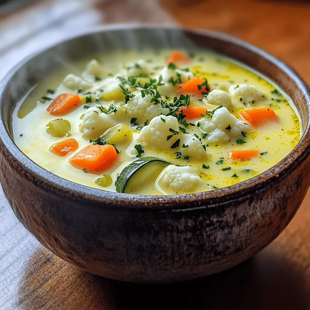 - 1 tablespoon olive oil - 1 medium onion, finely diced - 2 cloves garlic, minced - 2 medium carrots, peeled and diced - 1 medium zucchini, diced - 1 cup green peas (fresh or frozen) - 1 cup cauliflower florets, chopped - 4 cups vegetable broth - 1 cup coconut milk To make a creamy vegetable soup, start with olive oil, onion, and garlic. The olive oil adds a nice richness. The onion gives a sweet base flavor. Garlic brings a warm, aromatic touch. Next, choose fresh vegetables like carrots, zucchini, and cauliflower. Carrots add sweetness and color. Zucchini brings a mild flavor and a tender texture. Cauliflower gives the soup a creamy feel when blended. For the broth and creaminess, use vegetable broth and coconut milk. Vegetable broth adds depth. Coconut milk makes the soup rich and smooth. Together, these ingredients create a lovely balance of flavors. - 1 teaspoon dried thyme - ½ teaspoon smoked paprika - Salt and freshly ground black pepper to taste - Fresh parsley, chopped (for garnish) Now, season your soup with dried thyme and smoked paprika. Thyme adds a warm herbal note. Smoked paprika gives a hint of smokiness. Use salt and pepper to taste, adjusting as you go. Finally, top your soup with fresh parsley. It adds a pop of color and a fresh taste. This simple garnish makes the soup look inviting and bright. For the complete recipe, check the [Full Recipe]. Start by heating 1 tablespoon of olive oil in a large pot over medium heat. Once the oil is hot, add 1 medium onion, finely diced, and 2 cloves of minced garlic. Sauté these for about 3-4 minutes. Keep stirring until the onion is soft and clear. This step builds a strong flavor base for your soup. Next, add 2 medium carrots, peeled and diced, along with 1 medium zucchini, diced, and 1 cup of chopped cauliflower florets. Cook these vegetables for an additional 5 minutes. Stir often until they begin to soften. This mix of veggies adds color and nutrition to your dish. Now, pour in 4 cups of vegetable broth. This broth acts as the heart of the soup. Add 1 cup of green peas, 1 teaspoon of dried thyme, and ½ teaspoon of smoked paprika. Bring this mixture to a boil. After it boils, lower the heat and let it simmer uncovered for about 15 minutes. The goal is to cook until all the vegetables are tender and full of flavor. Once the soup has simmered, remove it from the heat. Use an immersion blender to carefully purée the soup until it is smooth and creamy. If you prefer, you can also transfer the soup in batches to a countertop blender. Blend until the mixture is silky. This step is key for achieving that creamy texture we all love. Return the pot to low heat. Now, stir in 1 cup of coconut milk. This ingredient adds a rich creaminess and a hint of sweetness. Season the soup with salt and freshly ground black pepper to taste. Gently warm the soup for about 5 minutes. This will make sure everything is hot without boiling. Serve the soup hot in bowls. Garnish with fresh chopped parsley for a pop of color. Enjoy your creamy vegetable soup, made with love and fresh ingredients! For the complete recipe, check out the Full Recipe section. Choosing the right vegetables is key to great flavor. I love using fresh carrots, zucchini, and cauliflower. Each adds a unique taste. You can also add sweet potatoes or bell peppers for a twist. Always pick vegetables that are in season. They taste better and have more nutrients. Adjusting the creaminess level is easy. For a lighter soup, use less coconut milk. If you like it rich, add more. You can also blend in some white beans for extra creaminess without extra calories. Garnishing the soup makes it look stunning. I like to sprinkle fresh parsley on top. It adds a pop of color and fresh taste. You can also drizzle a bit of coconut milk for a fancy touch. Serving suggestions are just as important. A slice of crusty bread pairs well with the soup. You can also serve it with a side salad. This makes for a filling meal. For the full recipe, check out the complete guide! {{image_4}} You can change your creamy vegetable soup by using different veggies. Try seasonal vegetables for fresh flavors. For spring, add asparagus or green beans. In summer, use ripe tomatoes and corn. In fall, butternut squash and sweet potatoes shine. You can also experiment with bases. Instead of coconut milk, try almond milk for a nutty twist. This gives the soup a different taste and texture. Each change brings a new layer of flavor to your soup. Adding protein can make your soup heartier. Beans and lentils are great options. They add fiber and keep you full. For example, black beans or chickpeas blend well with the soup. You can add them when you simmer the broth. Another option is chicken or sausage. Cooked chicken pieces are tasty and satisfying. If you like sausage, slice it and sauté it with the onions. This adds a savory kick to the soup. Enjoy making it your own! Check out the Full Recipe for more ideas. To keep your creamy vegetable soup fresh, allow it to cool before storing. Place it in airtight containers to avoid air exposure. This helps maintain its flavor and texture. Store the soup in the fridge for up to three days. If you want to keep it longer, freezing is a great option. For freezing, use freezer-safe containers or bags. Make sure to leave some space for expansion. The soup can last up to three months in the freezer. When reheating the soup, you want to keep it creamy. The best method is to use the stove over low heat. Stir it gently to avoid burning. If you want to use the microwave, do so in short bursts. Stir the soup in between each burst to ensure even heating. To prevent separation, add a splash of water or vegetable broth if it thickens too much. This keeps the texture smooth and enjoyable. Can I make creamy vegetable soup vegan? Yes, you can easily make this soup vegan. Just use vegetable broth and coconut milk. Skip any dairy products. How do I make the soup spicier? To add heat, sprinkle in red pepper flakes or cayenne pepper. You can also add fresh jalapeños for a kick. What are the best side dishes to serve with the soup? Serve the soup with crusty bread, a fresh salad, or grilled cheese. These pair well and add more flavor. What to do if the soup is too thick? If your soup is too thick, add more vegetable broth. Stir well to combine and adjust until you reach your desired texture. How can I add more flavor? For extra flavor, try adding herbs like basil or dill. A splash of lemon juice can also brighten the taste. If you want, use the Full Recipe to explore more options. This blog post covered how to make a creamy vegetable soup from scratch. We explored essential ingredients like olive oil, fresh veggies, and broth. You learned step-by-step instructions, from sautéing to blending the soup. Tips for perfecting flavor and presentation will enhance your dish. Remember, you can change the recipe to suit your taste and store leftovers for later. With this knowledge, you can create a warm, comforting dish that you and others will enjoy. Happy cooking!