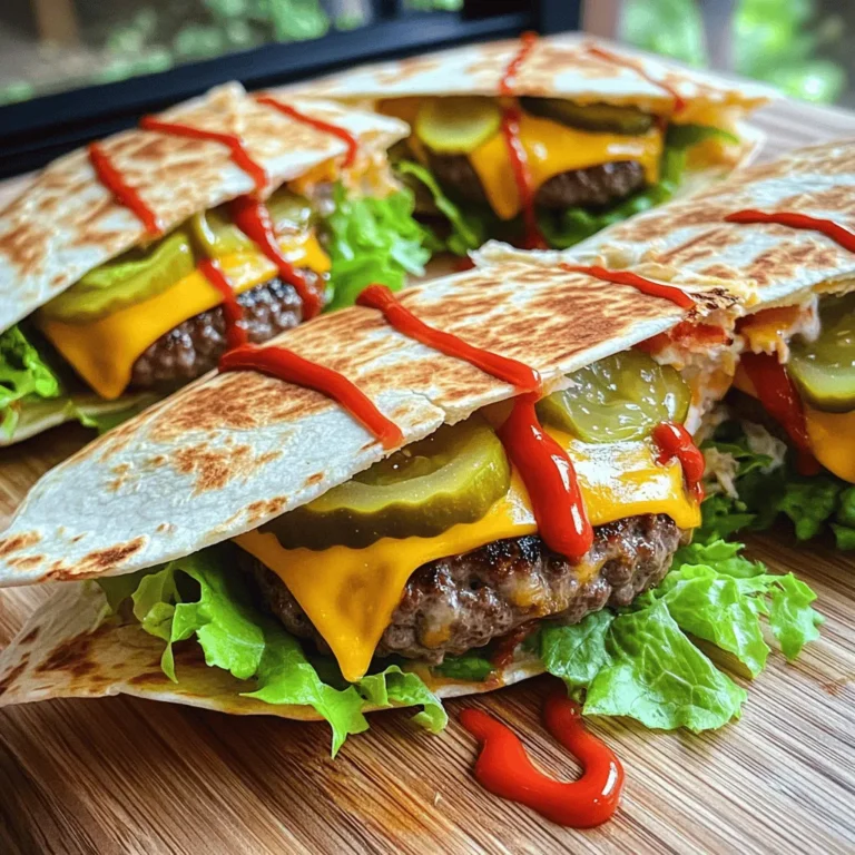 - Ground beef - Flour tortillas - Cheeses: cheddar and mozzarella - Pickles, ketchup, and mustard The heart of my Cheeseburger Quesadilla Smash Sliders lies in the essential ingredients. I always choose high-quality ground beef for flavor. The flour tortillas serve as the base, holding everything together. I love using both cheddar and mozzarella cheese. They melt perfectly and add a creamy texture. Pickles, ketchup, and mustard bring that classic cheeseburger taste. - Garlic powder - Onion powder - Salt and pepper Seasonings are key to great flavor. I add garlic powder and onion powder to the beef. They enhance the taste without being overpowering. Salt and pepper are a must for balance. Adjust them to your liking for the best results. - Fresh lettuce leaves - Sliced tomatoes and onions For extra crunch and freshness, I recommend optional toppings. Fresh lettuce leaves add a nice texture. Sliced tomatoes and onions give a burst of flavor. Feel free to mix and match these toppings to suit your taste. They make the sliders even better! For the full recipe, check out the [Full Recipe]. - Start by mixing the ground beef with garlic powder, onion powder, salt, and pepper. - Use your hands or a spoon to blend the mixture well. - Divide the mixture into 8 equal parts. Shape each part into small patties. - Preheat a large skillet over medium-high heat. - Place the patties in the skillet, making sure not to crowd them. - Cook each patty for 2-3 minutes. Look for a nice golden brown crust before flipping. - Once cooked through, remove the patties and set them aside on a plate. - Lay one flour tortilla flat in the skillet. - Sprinkle half of the shredded cheddar and mozzarella cheese on the tortilla. - Place 2 cooked beef patties on top of the cheese. - Add chopped pickles and drizzle ketchup and mustard over the patties for extra flavor. - Top with the remaining cheese, then place a second tortilla over it. - Cook for about 2-3 minutes until the bottom is golden brown. Flip it carefully to cook the other side until crispy. - Once cooked, let it rest for a minute on a cutting board. Slice into wedges and enjoy. For the full recipe, check the [Full Recipe]. To ensure even cooking of patties, make them all the same size. I like to shape them about the size of a golf ball. This way, they cook evenly in the skillet. Preheat your skillet well before adding the patties. This helps develop a nice crust. For a crispy quesadilla, use medium-high heat while cooking. This allows the tortillas to become golden and crispy. Flip them carefully to keep the fillings intact. You want that delightful crunch with every bite! Adding spices can make a big difference. Try a pinch of smoked paprika or chili powder for a kick. Fresh herbs, like cilantro or parsley, can brighten the flavors too. These small changes can take your sliders to the next level. When it comes to sauces, think beyond ketchup and mustard. Barbecue sauce or spicy mayo can add a new twist. You can even mix them for extra flavor. Don’t be afraid to experiment! For the best sides, consider crispy fries or a fresh salad. Both pair nicely with these sliders. You can also serve them with a side of salsa for a fun dip! Presentation is key. Try stacking the quesadilla slices in a tower. Add fresh lettuce or tomatoes on the side for color. It makes the dish look great and appetizing. For a fun touch, use small skewers to hold the sliders together! You can find the full recipe for these delicious Cheeseburger Quesadilla Smash Sliders to explore more ways to enjoy this amazing dish! {{image_4}} You can change the protein in these sliders. Instead of ground beef, try ground chicken or turkey. Both offer great taste and a leaner option. If you want a plant-based choice, use vegan ground meat. Vegan cheese options are also available. Brands like Daiya or Violife melt well and taste good. Want some spice? Add jalapeños to your sliders for a kick. You can also mix in spices like cumin or chili powder for extra flavor. For a Southwestern twist, top your quesadilla with avocado or pico de gallo. These toppings add freshness and texture, making every bite exciting. You can cook your sliders in different ways. Grilling gives a smoky flavor. If you prefer stovetop cooking, use a skillet for a crispy finish. An air fryer is perfect for a lighter option. Set it to 375°F and cook for about 8-10 minutes. This method makes your quesadilla super crispy without excess oil. For the complete recipe, check out the Full Recipe. To keep your quesadilla sliders fresh, store them in an airtight container. Place parchment paper between layers to avoid sticking. They can last up to three days in the fridge. Make sure to cool them down before sealing. This helps keep them safe and tasty. When reheating, use a skillet over medium heat. This method warms them evenly and keeps them crispy. Add a drop of oil for extra crispness. Avoid the microwave, as it can make them soggy. Heat each slider for about 3-4 minutes per side. You can freeze either assembled or cooked sliders. Wrap each slider tightly in plastic wrap and then in foil. This helps prevent freezer burn. They can last up to two months in the freezer. To enjoy them, thaw in the fridge overnight. Reheat in the skillet as mentioned above for the best results. For the full recipe, check out the earlier sections. To make these sliders, start by mixing ground beef with garlic powder, onion powder, salt, and pepper. Shape the mix into small patties. Next, cook the patties in a skillet until they are brown. Then, place one tortilla in the skillet, add cheese, cooked patties, pickles, ketchup, and mustard. Top with another tortilla. Cook until both tortillas are crispy and the cheese melts. Cut the quesadilla into wedges, and enjoy! I recommend using a blend of cheddar and mozzarella. Cheddar gives a rich flavor, while mozzarella melts beautifully. You can also try pepper jack for a spicy kick or gouda for a smoky taste. Mixing these cheeses will create a creamy, tasty filling that pulls apart nicely. Yes, you can prepare the beef patties and chop the toppings ahead of time. Store them in the fridge for up to a day. When ready to cook, just assemble the quesadillas and grill them. This will save you time and let you enjoy your meal stress-free. For the full recipe, check out the details above. You learned how to make delicious cheeseburger quesadilla smash sliders. We covered essential ingredients, like ground beef and cheeses, and how to cook them perfectly. I shared key tips for flavor and cooking techniques. You also discovered variations and storage tips for these tasty sliders. By trying these recipes, you can impress your family or friends at your next gathering. Happy cooking!