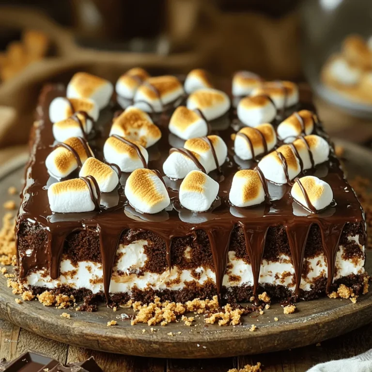 To make this tasty s'mores sheet cake, you need a few key ingredients. Here’s what you’ll need: - 1 box of chocolate cake mix - 3 large eggs - 1 cup of water - 1/3 cup of vegetable oil - 1 cup of mini marshmallows - 1 cup of graham cracker crumbs - 1 cup of semi-sweet chocolate chips - 1 cup of sweetened condensed milk - 1 teaspoon of vanilla extract - A pinch of salt - Extra mini marshmallows for topping - Chocolate sauce for drizzling These ingredients blend together to create a rich, chocolatey flavor with a classic s'mores twist. While the main ingredients are perfect, a few optional ingredients can take your cake to the next level. You might want to add: - Chopped nuts for crunch - A sprinkle of cinnamon for warmth - Additional graham cracker crumbs for texture These ingredients can add depth and make your cake unique. If you have dietary needs or preferences, don't worry! You can easily swap out some ingredients. Here are some ideas: - Use a gluten-free cake mix for a gluten-free option. - Substitute eggs with unsweetened applesauce for a vegan version. - Use almond milk instead of water for a nutty flavor. These simple swaps can help everyone enjoy your s'mores sheet cake! For the full recipe, check the earlier section. First, set your oven to 350°F (175°C). This temperature helps the cake rise well. While the oven heats, take a 9x13 inch baking pan. Grease it well with cooking spray or butter. This step is key to keep the cake from sticking. In a large bowl, mix the chocolate cake mix, eggs, water, and vegetable oil. Use a whisk or an electric mixer to blend these until smooth. Be sure there are no lumps. Next, gently fold in the mini marshmallows, graham cracker crumbs, chocolate chips, sweetened condensed milk, vanilla extract, and a pinch of salt. Use a spatula for this. Mix carefully, so you don’t break the marshmallows. Pour the batter into your prepared baking pan. Spread it out evenly. This helps the cake cook evenly. Place the pan in the oven and bake for 30-35 minutes. To check if it’s done, insert a toothpick into the center. If it comes out clean, your cake is ready. When done, take the cake out and sprinkle extra mini marshmallows on top. Return it to the oven for another 5 minutes. This will toast the marshmallows and make them puff up. After baking, let the cake cool in the pan on a wire rack. Once cool, drizzle chocolate sauce over the top for a sweet finish. Enjoy your S’mores Sheet Cake! For the full recipe, check the earlier sections. To get a soft, moist cake, mix the batter gently. Overmixing can make it tough. Use a spatula to fold in the ingredients. This keeps air in the batter. The result is a light and fluffy texture. Ensure your oven temperature is right. An oven thermometer helps with this. Bake your cake just until a toothpick comes out clean. This will keep it from drying out. One common mistake is not greasing the pan well. This can cause the cake to stick. Always use cooking spray or butter. Another mistake is leaving the cake in too long. If you see the edges pulling away, it’s time to check. Also, don’t forget to let it cool before slicing. Cutting too soon can lead to crumbling. You can boost the flavor with fun toppings. Extra mini marshmallows add deliciousness. Toast them for a campfire feel. Drizzling chocolate sauce gives a rich touch. Crushed graham crackers can add crunch. For a twist, try adding nuts or caramel. These small changes can make your cake stand out. Check out the Full Recipe for more ideas on how to serve it! {{image_4}} You can make this cake gluten-free with a simple swap. Use a gluten-free chocolate cake mix instead of the regular one. Many brands offer tasty mixes that work great. Be sure to check the label for gluten-free certification. This way, everyone can enjoy a slice without worry! To make this cake vegan, swap the eggs for flax eggs. Mix one tablespoon of ground flaxseed with three tablespoons of water for each egg. Let it sit for a few minutes until it thickens. Use a plant-based chocolate cake mix and substitute the vegetable oil with coconut oil. Replace the sweetened condensed milk with a vegan version found in stores. These changes keep the flavor while making it vegan-friendly. You can easily change the flavor of your S’mores sheet cake. Try adding different types of chocolate chips, like dark or white chocolate. For a fruity twist, mix in some chopped strawberries or raspberries. You can also use peanut butter chips for a rich and nutty flavor. These fun swaps can make your cake even more exciting! For the full recipe, check out the delicious details. To keep your S’mores Sheet Cake fresh, first let it cool. Once cool, cover it with plastic wrap or foil. This helps keep the moisture in. You can also store it in an airtight container. Place it in the fridge if you want it to last longer. Properly stored, it stays good for up to five days. If you want to save some for later, freezing works great. Start by cutting the cake into squares. Wrap each square in plastic wrap tightly. Then, place the wrapped pieces in a freezer bag. Squeeze out the air before sealing. This helps prevent freezer burn. You can freeze the cake for up to three months. To reheat your S’mores Sheet Cake, first take it out of the fridge or freezer. If frozen, let it thaw in the fridge overnight. For reheating, place a square on a microwave-safe plate. Heat it for about 15-20 seconds. This warms it without drying it out. For a crispy top, pop it in the oven at 350°F for about 5 minutes. Enjoy it warm with a drizzle of chocolate sauce. S’mores Sheet Cake lasts about three to four days when stored properly. Keep it in an airtight container at room temperature. If you want it to last longer, you can refrigerate it. However, the texture may change slightly. Always check for freshness before enjoying leftovers. Yes, you can use other cake mixes. A vanilla or red velvet mix can work well. Just remember that the flavor will change a bit. Each cake mix offers a unique taste, so feel free to experiment. You might find a new favorite! To make homemade marshmallow topping, you need just a few simple ingredients. Start with: - 1 cup of granulated sugar - 1/4 cup of water - 1/4 cup of light corn syrup - 2 large egg whites - A pinch of salt - 1 teaspoon of vanilla extract 1. In a saucepan, mix sugar, water, and corn syrup. Heat until the sugar dissolves. 2. Whip the egg whites in a bowl until soft peaks form. 3. Slowly pour the hot sugar mixture into the egg whites. Continue to whip until fluffy and cool. 4. Add salt and vanilla, then whip for another minute. Spread this topping over your cake for a delightful twist! S’mores sheet cake combines simple ingredients and fun steps to create a delicious treat. We covered the key ingredients, tips for perfecting your bake, and creative variations. Don’t forget to explore gluten-free and vegan options for everyone. Enjoy your cake fresh or store it for later. With these steps, you'll wow friends and family at any gathering. Baking this cake is easy and fun. Try it out and savor every sweet bite!