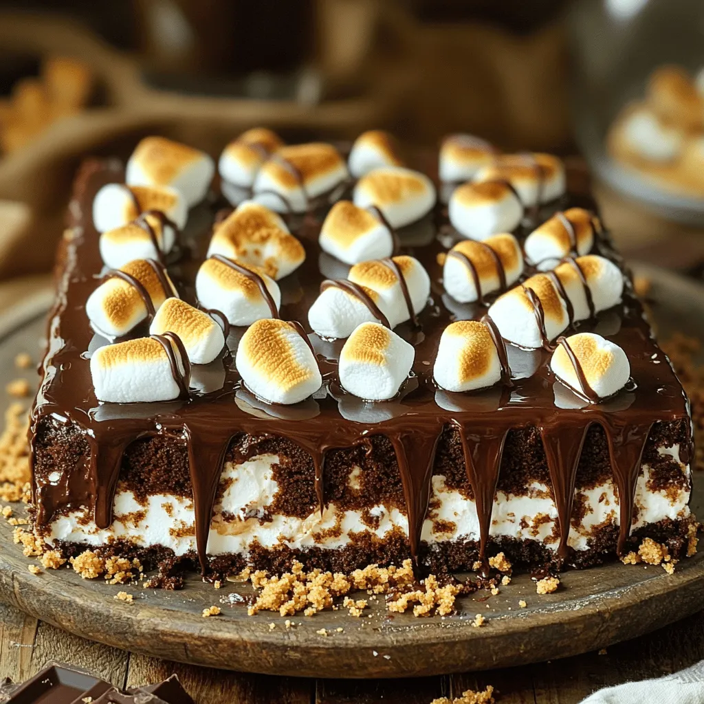 To make this tasty s'mores sheet cake, you need a few key ingredients. Here’s what you’ll need: - 1 box of chocolate cake mix - 3 large eggs - 1 cup of water - 1/3 cup of vegetable oil - 1 cup of mini marshmallows - 1 cup of graham cracker crumbs - 1 cup of semi-sweet chocolate chips - 1 cup of sweetened condensed milk - 1 teaspoon of vanilla extract - A pinch of salt - Extra mini marshmallows for topping - Chocolate sauce for drizzling These ingredients blend together to create a rich, chocolatey flavor with a classic s'mores twist. While the main ingredients are perfect, a few optional ingredients can take your cake to the next level. You might want to add: - Chopped nuts for crunch - A sprinkle of cinnamon for warmth - Additional graham cracker crumbs for texture These ingredients can add depth and make your cake unique. If you have dietary needs or preferences, don't worry! You can easily swap out some ingredients. Here are some ideas: - Use a gluten-free cake mix for a gluten-free option. - Substitute eggs with unsweetened applesauce for a vegan version. - Use almond milk instead of water for a nutty flavor. These simple swaps can help everyone enjoy your s'mores sheet cake! For the full recipe, check the earlier section. First, set your oven to 350°F (175°C). This temperature helps the cake rise well. While the oven heats, take a 9x13 inch baking pan. Grease it well with cooking spray or butter. This step is key to keep the cake from sticking. In a large bowl, mix the chocolate cake mix, eggs, water, and vegetable oil. Use a whisk or an electric mixer to blend these until smooth. Be sure there are no lumps. Next, gently fold in the mini marshmallows, graham cracker crumbs, chocolate chips, sweetened condensed milk, vanilla extract, and a pinch of salt. Use a spatula for this. Mix carefully, so you don’t break the marshmallows. Pour the batter into your prepared baking pan. Spread it out evenly. This helps the cake cook evenly. Place the pan in the oven and bake for 30-35 minutes. To check if it’s done, insert a toothpick into the center. If it comes out clean, your cake is ready. When done, take the cake out and sprinkle extra mini marshmallows on top. Return it to the oven for another 5 minutes. This will toast the marshmallows and make them puff up. After baking, let the cake cool in the pan on a wire rack. Once cool, drizzle chocolate sauce over the top for a sweet finish. Enjoy your S’mores Sheet Cake! For the full recipe, check the earlier sections. To get a soft, moist cake, mix the batter gently. Overmixing can make it tough. Use a spatula to fold in the ingredients. This keeps air in the batter. The result is a light and fluffy texture. Ensure your oven temperature is right. An oven thermometer helps with this. Bake your cake just until a toothpick comes out clean. This will keep it from drying out. One common mistake is not greasing the pan well. This can cause the cake to stick. Always use cooking spray or butter. Another mistake is leaving the cake in too long. If you see the edges pulling away, it’s time to check. Also, don’t forget to let it cool before slicing. Cutting too soon can lead to crumbling. You can boost the flavor with fun toppings. Extra mini marshmallows add deliciousness. Toast them for a campfire feel. Drizzling chocolate sauce gives a rich touch. Crushed graham crackers can add crunch. For a twist, try adding nuts or caramel. These small changes can make your cake stand out. Check out the Full Recipe for more ideas on how to serve it! {{image_4}} You can make this cake gluten-free with a simple swap. Use a gluten-free chocolate cake mix instead of the regular one. Many brands offer tasty mixes that work great. Be sure to check the label for gluten-free certification. This way, everyone can enjoy a slice without worry! To make this cake vegan, swap the eggs for flax eggs. Mix one tablespoon of ground flaxseed with three tablespoons of water for each egg. Let it sit for a few minutes until it thickens. Use a plant-based chocolate cake mix and substitute the vegetable oil with coconut oil. Replace the sweetened condensed milk with a vegan version found in stores. These changes keep the flavor while making it vegan-friendly. You can easily change the flavor of your S’mores sheet cake. Try adding different types of chocolate chips, like dark or white chocolate. For a fruity twist, mix in some chopped strawberries or raspberries. You can also use peanut butter chips for a rich and nutty flavor. These fun swaps can make your cake even more exciting! For the full recipe, check out the delicious details. To keep your S’mores Sheet Cake fresh, first let it cool. Once cool, cover it with plastic wrap or foil. This helps keep the moisture in. You can also store it in an airtight container. Place it in the fridge if you want it to last longer. Properly stored, it stays good for up to five days. If you want to save some for later, freezing works great. Start by cutting the cake into squares. Wrap each square in plastic wrap tightly. Then, place the wrapped pieces in a freezer bag. Squeeze out the air before sealing. This helps prevent freezer burn. You can freeze the cake for up to three months. To reheat your S’mores Sheet Cake, first take it out of the fridge or freezer. If frozen, let it thaw in the fridge overnight. For reheating, place a square on a microwave-safe plate. Heat it for about 15-20 seconds. This warms it without drying it out. For a crispy top, pop it in the oven at 350°F for about 5 minutes. Enjoy it warm with a drizzle of chocolate sauce. S’mores Sheet Cake lasts about three to four days when stored properly. Keep it in an airtight container at room temperature. If you want it to last longer, you can refrigerate it. However, the texture may change slightly. Always check for freshness before enjoying leftovers. Yes, you can use other cake mixes. A vanilla or red velvet mix can work well. Just remember that the flavor will change a bit. Each cake mix offers a unique taste, so feel free to experiment. You might find a new favorite! To make homemade marshmallow topping, you need just a few simple ingredients. Start with: - 1 cup of granulated sugar - 1/4 cup of water - 1/4 cup of light corn syrup - 2 large egg whites - A pinch of salt - 1 teaspoon of vanilla extract 1. In a saucepan, mix sugar, water, and corn syrup. Heat until the sugar dissolves. 2. Whip the egg whites in a bowl until soft peaks form. 3. Slowly pour the hot sugar mixture into the egg whites. Continue to whip until fluffy and cool. 4. Add salt and vanilla, then whip for another minute. Spread this topping over your cake for a delightful twist! S’mores sheet cake combines simple ingredients and fun steps to create a delicious treat. We covered the key ingredients, tips for perfecting your bake, and creative variations. Don’t forget to explore gluten-free and vegan options for everyone. Enjoy your cake fresh or store it for later. With these steps, you'll wow friends and family at any gathering. Baking this cake is easy and fun. Try it out and savor every sweet bite!