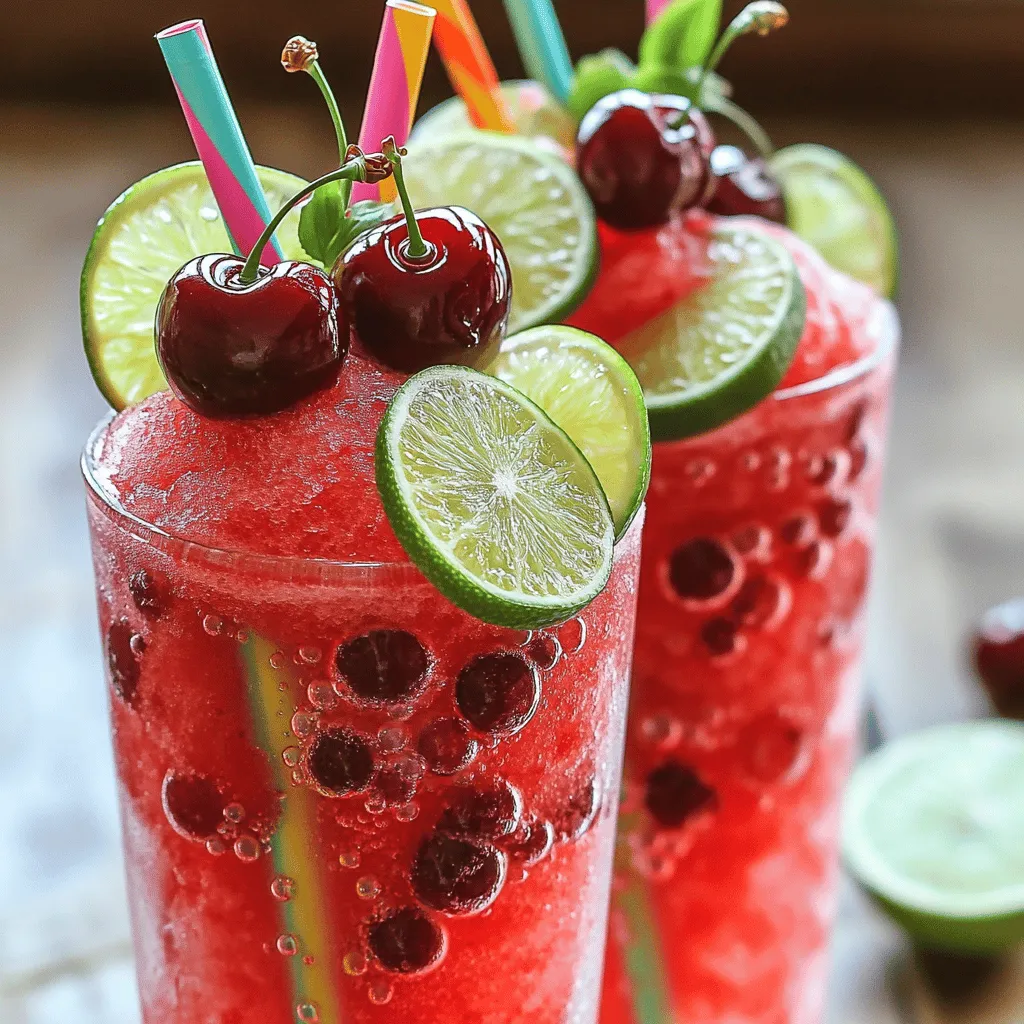 To make the perfect cherry lime soda slushies, you need just a few main ingredients. Here’s what you will need: - 2 cups fresh or frozen cherries, pitted - 1/2 cup freshly squeezed lime juice - 1/2 cup granulated sugar - 1 1/2 cups sparkling water - 2 cups ice cubes These ingredients combine to create a sweet and tangy treat. The cherries give it a vibrant color and rich flavor. The lime juice adds a zesty kick that balances the sweetness. Garnishes can make your slushies look even more fun. Here are some ideas: - Lime slices - Fresh cherries Adding these garnishes makes your slushies pop. They also add a nice touch for presentation. You only need a few simple tools to make these slushies: - Blender - Mixing bowl - Spatula - Tall glasses Using these tools will help you blend and serve your slushies with ease. You can find the full recipe to guide you through the process. Start with your ingredients. You need fresh or frozen cherries, lime juice, sugar, sparkling water, and ice cubes. Gather two cups of cherries. The cherries should be pitted for easy blending. Next, measure half a cup of fresh lime juice. This juice adds a zesty flavor that wakes up the drink. Then, grab half a cup of granulated sugar. This will sweeten your slushie perfectly. Place the pitted cherries, lime juice, and sugar in a blender. Blend this mixture on high until it is smooth. You want a uniform texture with no lumps. Next, add the ice cubes. Blend again, but this time pulse it gently. You want your slushie to have a slushy feel, with small ice chunks. This gives it a nice texture. When your slushie is ready, transfer it to a large bowl. Now, carefully fold in the sparkling water. Use a spatula and be gentle. This keeps the bubbles in your drink. Taste it! If you want it sweeter, add more sugar or cherries. Blend briefly to mix it in, then it’s time to serve. Use a spoon to fill tall glasses. Let it mound at the top for a fun look. Finally, garnish each glass with a lime slice and a few fresh cherries. Serve it right away with a straw. Enjoy your cherry lime soda slushies! This refreshing summer treat is sure to please everyone. For more details, refer to the Full Recipe. To make your cherry lime soda slushies just right, focus on blending. Start with the cherries, lime juice, and sugar. Blend until smooth. Then, add ice and pulse. You want small ice chunks for a fun texture. If it’s too smooth, it won’t have that slushy bite. Taste your slushie mix before serving. If it’s not sweet enough, add more sugar or cherries. Blend briefly to mix. The lime juice gives a nice tang, but you can balance it with sweetness. Find what works for you! Serve your slushies right after making them. This keeps them cold and fresh. Use tall glasses for a great look. Mound the slushie at the top for fun. Garnish with lime slices and cherries. This adds color and makes it even more inviting. {{image_4}} You can easily add more fruit to your Cherry Lime Soda Slushies. Try mixing in strawberries, blueberries, or raspberries. Just toss them into the blender with the cherries. You will get a tasty twist on the classic flavor. Each fruit brings its own unique taste and color. This makes your slushies even more fun and delicious. If you choose to add fruit, keep the same amounts. The blend will still taste amazing! For a fun adult drink, consider adding a splash of alcohol. Vodka or rum works well in this slushie. Just add about one ounce per glass. Blend it in with the other ingredients for a smooth mix. This adds a nice kick for summer parties. Always drink responsibly and know your limits. This twist makes Cherry Lime Soda Slushies a great choice for a warm night. If you want to cut sugar, try different sweeteners. Honey, agave syrup, or stevia can replace granulated sugar. Start with a smaller amount and taste as you go. This helps you find the right sweetness for you. Each sweetener will add its own flavor, so experiment! This way, you can enjoy a slushie that fits your diet without losing fun. If you have leftover slushies, store them in an airtight container. This helps keep the flavor and texture fresh. Place the container in the fridge. Use the slushies within one day for the best taste. If they sit longer, they may lose their icy vibe. You can freeze slushies for later. Pour the slushie into ice cube trays. Once frozen, pop the cubes into a bag. This way, you can enjoy a quick treat anytime. Just remember to use the frozen slushies within three months for the best flavor. To serve frozen slushies, blend them again with a splash of sparkling water. This helps bring back the slushy texture. You can also add more lime juice or sugar to adjust the taste. Blend until you reach your desired consistency. Enjoy your refreshing drink just like when you first made it! Yes, you can use canned cherries. However, canned cherries often have extra syrup. This can make your slushie too sweet. Drain the cherries well and rinse them to reduce the extra sugar. This way, your slushie stays bright and tasty. This slushie is already non-alcoholic. You simply blend the cherries, lime juice, sugar, and sparkling water. You can serve it to kids and adults alike. If you want a twist, add some flavored soda instead of sparkling water. For parties, serve the slushies in tall glasses with colorful straws. You can also add fun garnishes like lime slices and fresh cherries. Set up a slushie bar where guests can add their own toppings. This makes it interactive and exciting! You can prepare the slushie mixture ahead of time. Just store it in the fridge until you are ready to serve. When it’s time, blend it again with ice to refresh it. This keeps it cold and slushy. You can easily adjust the sweetness. After blending, taste the mixture. If it needs more sweetness, add extra sugar or cherries. Blend again briefly to mix it in. Always start with a little, then add more if needed. You can mix other fruits into your slushie. Try strawberries, raspberries, or even mango. Each fruit gives a unique flavor. Just keep the cherry base for a refreshing twist. This slushie can be a healthy treat. It uses fresh fruit and natural sugar. You can also use less sugar if you like. This makes it a fun, cool drink without too many calories. You learned how to make tasty cherry lime soda slushies from scratch. We covered the main ingredients, tools, and step-by-step instructions. Tips helped you get the best slushy texture and flavor. You also saw fun variations and storage advice for your leftovers. Now, you can enjoy refreshing slushies anytime. Remember to try different fruits or sweeteners for a twist. Happy slushying!
