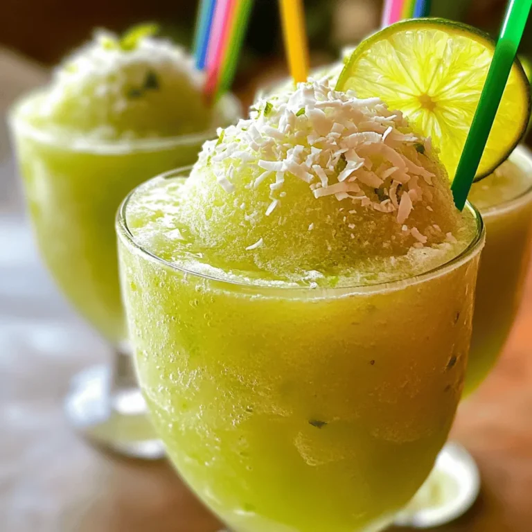 To make a refreshing Frozen Limonada de Coco, you will need these ingredients: - 2 cups coconut water - 1 cup freshly squeezed lime juice - 1 cup unsweetened shredded coconut - 1/2 cup agave syrup - 2 cups ice cubes - Garnish options: Fresh lime slices and shredded coconut Each ingredient plays a key role. Coconut water gives a light, tropical flavor. Lime juice adds a zesty kick that refreshes. Shredded coconut brings a chewy texture and richness. Agave syrup sweetens the mix without overpowering it. Ice cubes create that icy, slushy feel, perfect for hot days. Garnishes like lime slices and shredded coconut not only look good but also enhance the flavor. They make each sip feel special. This simple list can transform your summer drink into something unforgettable. For the full recipe, check the detailed instructions above! Start by adding these ingredients to your blender: - 2 cups coconut water - 1 cup freshly squeezed lime juice - 1 cup unsweetened shredded coconut - 1/2 cup agave syrup Blend on high until it is smooth, and everything combines well. This creates the bright, tangy base for your limonada. The mix should smell fresh and zesty. Now, it's time to make it cold and slushy! - Incorporate 2 cups of ice cubes into the mixture. Blend again on high until you reach a smooth, slushy texture. If it seems too thick, add a bit more coconut water. Adjust it to your liking! After blending, take a moment to taste your limonada. If you want it sweeter, add more agave syrup. Blend briefly to mix. Next, pour the frozen limonada into pre-chilled glasses. This keeps it nice and cold. For a fun touch, garnish with fresh lime slices and a sprinkle of shredded coconut. This adds a lovely tropical vibe to your drink! Enjoy your Frozen Limonada de Coco! To get the right thickness, start with coconut water. If your drink is too thick, add more coconut water slowly. You want it smooth but not watery. For freezing leftover limonada, pour it into ice cube trays. This way, you can use it in future drinks, keeping that fresh taste. You can play with sweeteners in your limonada. Try honey or maple syrup for a different taste. If you want, switch up your coconut type. Use fresh coconut meat for a richer flavor. It's fun to explore and find your favorite mix. Garnishing makes your drink pop. Use fresh lime wedges and a sprinkle of shredded coconut on top. Colorful straws add fun to the drink. A small mint sprig can make it feel special. These little touches make your limonada look and taste even better. {{image_4}} You can easily change the flavor of your Frozen Limonada de Coco. Adding other fruits makes it more fun. Pineapple brings a sweet and tangy twist. You can blend fresh pineapple chunks right in. Mango also adds a rich sweetness. Try using ripe mango for the best flavor. If you enjoy berries, create a berry version. Blend in strawberries or raspberries for a vibrant touch. These fruits pair well with lime and coconut. Want to make it a cocktail? Adding rum is a great choice! It gives your limonada a tropical vibe. Use light rum for a smooth blend. I suggest mixing 1 to 2 ounces of rum per serving. Pour the rum into the blender with the other ingredients. Blend until smooth and enjoy a refreshing drink with a kick. If you're looking for different sweeteners, consider honey or maple syrup. Both options add unique flavors. Honey gives a floral sweetness. Maple syrup has a rich taste that complements coconut. When using these, adjust the amount to fit your taste. Start with a smaller amount and add more if needed. This way, you can cater to your dietary needs while enjoying this tasty drink. For the full recipe, check the main section! After enjoying your frozen limonada, you might have some left. To store it, pour any unused limonada into a clean container. Make sure the container is airtight to keep it fresh. You can refrigerate it for up to two days. Before serving again, give it a good stir. The texture may change a bit after chilling. If you want to save limonada for later, freezing is a great option. Pour the limonada into ice cube trays or a freezer-safe container. This way, you can enjoy a refreshing treat anytime. When you want to drink it, let it thaw in the fridge overnight. You can also blend the frozen limonada cubes for a quick slushy drink. How long can homemade limonada last in the fridge? It can stay fresh for about two days. After that, the flavor may fade. Look for signs of spoilage. If you notice any off smells, changes in color, or separation, it's best to toss it. Trust your senses! Fresh food should always taste and smell good. Enjoy your frozen limonada de coco while it's at its best! Frozen Limonada de Coco is a tropical drink made from simple ingredients. It combines coconut water, fresh lime juice, and unsweetened shredded coconut. This drink tastes refreshing and tangy, with a hint of sweetness from agave syrup. The ice gives it a frosty texture, perfect for hot days. You can enjoy it as a cool treat or a fun party drink. Yes, you can prepare this drink in advance. You can blend all the ingredients and store them in the freezer. Just make sure to keep it in an airtight container. When you are ready to enjoy it, blend it again with a bit of coconut water. This makes it smooth and easy to serve. Frozen Limonada de Coco offers several health benefits. Coconut water is hydrating and rich in electrolytes. Lime juice is packed with vitamin C, which boosts your immune system. Shredded coconut adds healthy fats and fiber. This drink is a guilt-free treat, especially when you control the sweetness. Adjusting the sweetness is easy. You can add more or less agave syrup based on your taste. Try using honey or maple syrup for a different flavor. If you prefer it less sweet, use less syrup. Taste as you mix, so you get it just right. Serve Frozen Limonada de Coco with light snacks. It pairs well with fresh fruit, chips, or tacos. You can also enjoy it with grilled chicken or fish. This drink adds a fun twist to any meal or gathering. This blog post covered how to make a delicious Frozen Limonada de Coco. We discussed the key ingredients, blending steps, and tips to enhance flavor and consistency. You learned how to store leftovers and explore fun variations. Enjoy this refreshing drink on warm days or at gatherings. Feel free to get creative and make it your own. The options are endless, and you can always adjust the flavors to suit your taste.