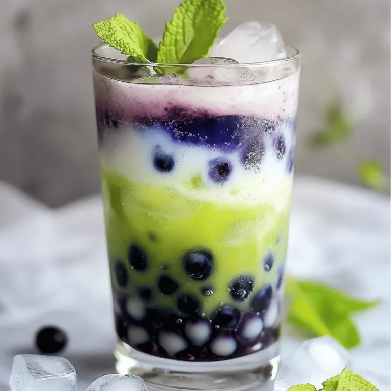 - 1 cup fresh blueberries - 1/4 cup sugar (to taste) - 2 cups water (for syrup and tapioca) For this drink, fresh blueberries are key. They give the drink its bright flavor and color. I usually pick sweet blueberries. If they taste tart, adjust the sugar to fit your taste. You can use more or less sugar based on how sweet you want it. The water helps turn the blueberries into a syrup. - 1/2 cup tapioca pearls - Iced tea options (2-3 cups iced green tea or other) - 1/2 cup milk (dairy or non-dairy options) Tapioca pearls add fun texture. They are chewy and make the drink exciting. You can choose iced green tea or any tea you like. I prefer green tea for its light taste. Milk makes the drink creamy. You can use dairy or a plant-based milk like almond or oat. - Ice cubes - Fresh mint leaves for garnish Ice cubes keep your drink cold and refreshing. Fresh mint adds a nice touch. It looks great and smells amazing. You can add it on top before serving. It makes the drink pop with color and flavor. You can find the full recipe in the article above. - Combine 1 cup of fresh blueberries, 1/4 cup of sugar, and 1 cup of water in a small pot. - Place the pot on medium heat. Stir until the sugar dissolves. - Bring the mixture to a gentle boil. This will take just a few minutes. - Once boiling, reduce the heat to low. Let it simmer for about 10-15 minutes. This helps the blueberries break down into a thick syrup. - After simmering, strain the mixture through a fine mesh sieve into a bowl. Press the blueberries to get out as much liquid as you can. - Set the blueberry syrup aside to cool. - In another pot, boil 1 cup of water on high heat. - Once boiling, add 1/2 cup of tapioca pearls. Stir to prevent sticking. - Cook the pearls according to the package instructions. This usually takes 5-10 minutes. - When done, drain the pearls and rinse them under cold water. This stops the cooking and keeps them chewy. - In your serving glass, add a few tablespoons of cooked tapioca pearls at the bottom. - Fill the glass with ice cubes to keep it cold. - Carefully pour in your choice of iced tea, leaving some space at the top for milk. - Generously drizzle the cooled blueberry syrup over the iced tea and pearls. Adjust the amount based on how sweet you want it. - Finally, pour in 1/2 cup of milk on top. Stir gently to create a beautiful marbled effect. - For a fun touch, add fresh mint leaves on top for color and freshness. Enjoy your Blueberry Boba Drink! For the full recipe, check the details provided earlier. To make a great blueberry syrup, first adjust the sweetness. You can add more sugar or less based on your taste. I often start with 1/4 cup of sugar. If you like it sweeter, add a bit more. For the syrup thickness, simmer the mixture for about 10 to 15 minutes. This helps the blueberries break down, giving you a nice, thick syrup. After cooking the tapioca pearls, rinse them well. Rinsing stops the cooking process and keeps them chewy. To avoid clumping, stir the pearls gently while they cook. Keep an eye on them, as they usually cook for 5 to 10 minutes. If you want the best texture, don't overcrowd your pot. For a stunning drink, use clear glassware. This way, you can show off the beautiful layers of blueberry syrup and iced tea. You can also add fresh mint leaves on top for a pop of color. Try serving the drink with a wide straw to make sipping the boba fun! {{image_4}} You can swap out blueberries for different fruits in the syrup. Strawberries, raspberries, or blackberries work well. Just follow the same steps for making the syrup. Each fruit brings its own taste and color, making the drink unique. For tea bases, try hibiscus, oolong, or even chai. Each tea adds a new flavor twist. Experiment with these options to find your favorite mix! If you want a non-dairy drink, there are many options. Almond, oat, and coconut milk are great choices. Each milk has a different taste, so try a few to see what you like best. You can also infuse the milk with flavors. Add a splash of vanilla or a sprinkle of cinnamon. These small changes can make your drink stand out. You can easily adjust the sweetness of your drink. If you like it sweeter, add more syrup. For less sweetness, use less syrup or sugar. If you want a healthier option, try using honey or agave syrup. There are also sugar-free syrups available. These options let you enjoy a tasty drink without the extra calories. To keep your blueberry syrup fresh, refrigerate it. Use a clean, airtight jar. The syrup can last about one week in the fridge. If you want to store it longer, freezing is your best option. Pour the cooled syrup into ice cube trays for easy use. Once frozen, transfer the cubes to a freezer bag. This makes it easy to add a burst of blueberry flavor to drinks or desserts later. After cooking, store tapioca pearls in a sealable container. Keep them in the fridge, and use them within one to two days. If they sit too long, they may harden. To revive leftover pearls, simply boil them again for a minute. Rinse with cold water, and they should be good as new. The shelf life of the drink components varies. Blueberry syrup lasts about one week in the fridge. Cooked tapioca pearls remain fresh for two days. If you see any signs of spoilage, like mold or off smells, discard them immediately. Always check your ingredients before use to ensure safety and freshness. A Blueberry Boba Drink is a fun and fruity beverage. It blends fresh blueberries, sweet syrup, and chewy tapioca pearls. You start with fresh blueberries and sugar to make a syrup. You then mix this syrup with iced tea and milk. The tapioca pearls add a unique texture. The drink is colorful and refreshing. Yes! You can enjoy blueberry flavor without boba pearls. Just skip the tapioca and use the blueberry syrup in iced tea. You can also blend the blueberries into the drink for a smooth texture. This way, you still get the great blueberry taste. If you need a gluten-free option, this drink is naturally safe. Just check the tapioca pearls for gluten-free labels. For vegan options, use plant-based milk like almond or oat milk. To lower sugar, reduce the amount of sugar in the syrup. You can also use a sugar substitute if you prefer. You can find Blueberry Boba Drinks at many cafes and tea shops. Look for bubble tea places that have a wide drink menu. Some grocery stores sell pre-made versions too. Ask your local shop if they can customize a drink for you. Yes, frozen blueberries work well in this drink. They are often picked at peak ripeness and can be just as flavorful. However, they may need a bit more time to break down in the syrup. The texture may also be slightly different, but the taste will still be great. I recommend using iced green tea for this drink. It has a mild flavor that pairs well with blueberries. You can also try black tea or herbal tea for different tastes. Just make sure the tea is chilled before mixing it with the syrup and milk. This blog post covered how to make a flavorful Blueberry Boba Drink. We discussed fresh ingredients and the key steps for preparing. I shared tips for cooking tapioca pearls and enhancing your drink’s look. You can try many fun variations to suit your taste. Don’t forget storage tips to keep your syrup and pearls fresh. Making this drink at home lets you enjoy it any time you want. Now, go ahead and whip up your delicious Blueberry Boba! Enjoy every sip!
