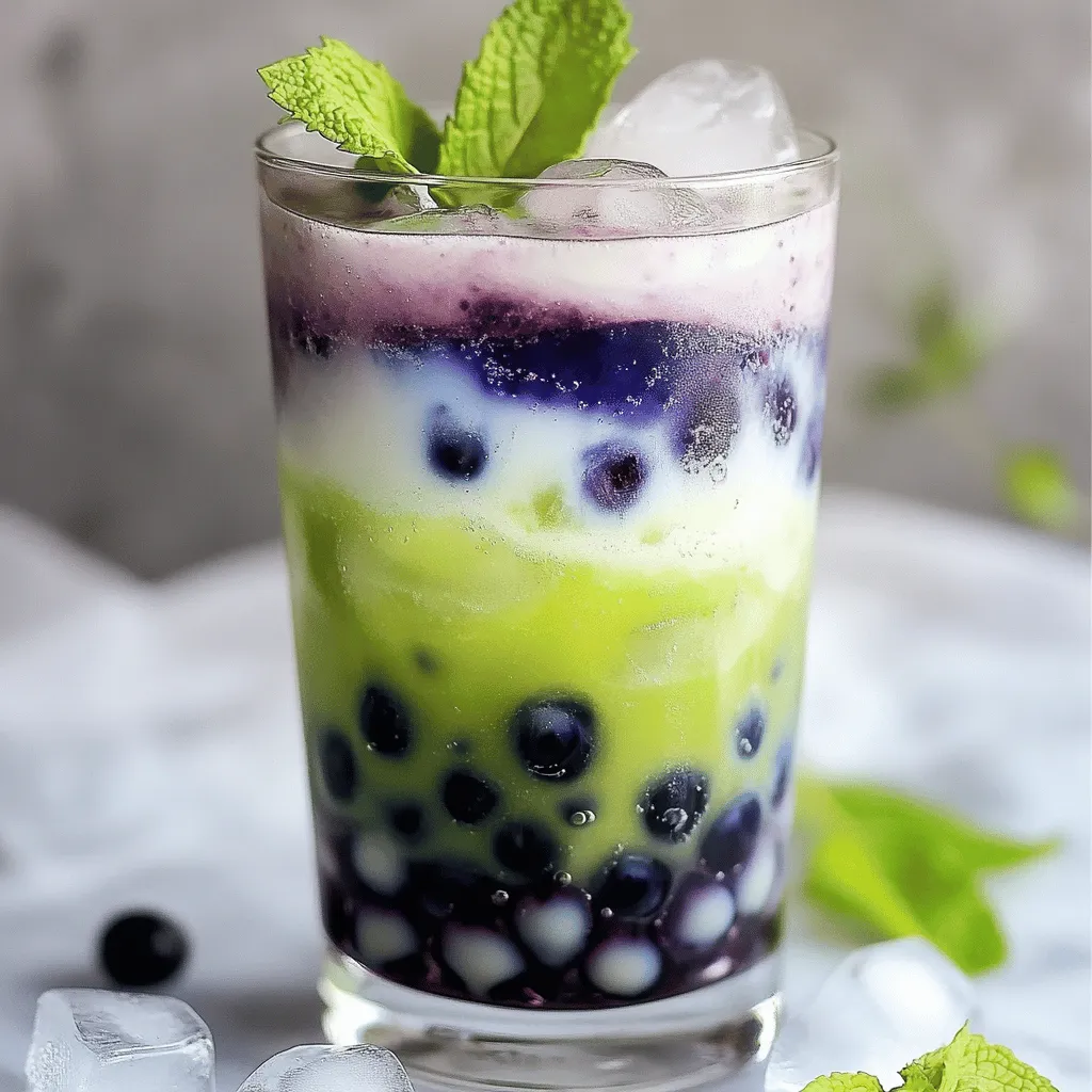 - 1 cup fresh blueberries - 1/4 cup sugar (to taste) - 2 cups water (for syrup and tapioca) For this drink, fresh blueberries are key. They give the drink its bright flavor and color. I usually pick sweet blueberries. If they taste tart, adjust the sugar to fit your taste. You can use more or less sugar based on how sweet you want it. The water helps turn the blueberries into a syrup. - 1/2 cup tapioca pearls - Iced tea options (2-3 cups iced green tea or other) - 1/2 cup milk (dairy or non-dairy options) Tapioca pearls add fun texture. They are chewy and make the drink exciting. You can choose iced green tea or any tea you like. I prefer green tea for its light taste. Milk makes the drink creamy. You can use dairy or a plant-based milk like almond or oat. - Ice cubes - Fresh mint leaves for garnish Ice cubes keep your drink cold and refreshing. Fresh mint adds a nice touch. It looks great and smells amazing. You can add it on top before serving. It makes the drink pop with color and flavor. You can find the full recipe in the article above. - Combine 1 cup of fresh blueberries, 1/4 cup of sugar, and 1 cup of water in a small pot. - Place the pot on medium heat. Stir until the sugar dissolves. - Bring the mixture to a gentle boil. This will take just a few minutes. - Once boiling, reduce the heat to low. Let it simmer for about 10-15 minutes. This helps the blueberries break down into a thick syrup. - After simmering, strain the mixture through a fine mesh sieve into a bowl. Press the blueberries to get out as much liquid as you can. - Set the blueberry syrup aside to cool. - In another pot, boil 1 cup of water on high heat. - Once boiling, add 1/2 cup of tapioca pearls. Stir to prevent sticking. - Cook the pearls according to the package instructions. This usually takes 5-10 minutes. - When done, drain the pearls and rinse them under cold water. This stops the cooking and keeps them chewy. - In your serving glass, add a few tablespoons of cooked tapioca pearls at the bottom. - Fill the glass with ice cubes to keep it cold. - Carefully pour in your choice of iced tea, leaving some space at the top for milk. - Generously drizzle the cooled blueberry syrup over the iced tea and pearls. Adjust the amount based on how sweet you want it. - Finally, pour in 1/2 cup of milk on top. Stir gently to create a beautiful marbled effect. - For a fun touch, add fresh mint leaves on top for color and freshness. Enjoy your Blueberry Boba Drink! For the full recipe, check the details provided earlier. To make a great blueberry syrup, first adjust the sweetness. You can add more sugar or less based on your taste. I often start with 1/4 cup of sugar. If you like it sweeter, add a bit more. For the syrup thickness, simmer the mixture for about 10 to 15 minutes. This helps the blueberries break down, giving you a nice, thick syrup. After cooking the tapioca pearls, rinse them well. Rinsing stops the cooking process and keeps them chewy. To avoid clumping, stir the pearls gently while they cook. Keep an eye on them, as they usually cook for 5 to 10 minutes. If you want the best texture, don't overcrowd your pot. For a stunning drink, use clear glassware. This way, you can show off the beautiful layers of blueberry syrup and iced tea. You can also add fresh mint leaves on top for a pop of color. Try serving the drink with a wide straw to make sipping the boba fun! {{image_4}} You can swap out blueberries for different fruits in the syrup. Strawberries, raspberries, or blackberries work well. Just follow the same steps for making the syrup. Each fruit brings its own taste and color, making the drink unique. For tea bases, try hibiscus, oolong, or even chai. Each tea adds a new flavor twist. Experiment with these options to find your favorite mix! If you want a non-dairy drink, there are many options. Almond, oat, and coconut milk are great choices. Each milk has a different taste, so try a few to see what you like best. You can also infuse the milk with flavors. Add a splash of vanilla or a sprinkle of cinnamon. These small changes can make your drink stand out. You can easily adjust the sweetness of your drink. If you like it sweeter, add more syrup. For less sweetness, use less syrup or sugar. If you want a healthier option, try using honey or agave syrup. There are also sugar-free syrups available. These options let you enjoy a tasty drink without the extra calories. To keep your blueberry syrup fresh, refrigerate it. Use a clean, airtight jar. The syrup can last about one week in the fridge. If you want to store it longer, freezing is your best option. Pour the cooled syrup into ice cube trays for easy use. Once frozen, transfer the cubes to a freezer bag. This makes it easy to add a burst of blueberry flavor to drinks or desserts later. After cooking, store tapioca pearls in a sealable container. Keep them in the fridge, and use them within one to two days. If they sit too long, they may harden. To revive leftover pearls, simply boil them again for a minute. Rinse with cold water, and they should be good as new. The shelf life of the drink components varies. Blueberry syrup lasts about one week in the fridge. Cooked tapioca pearls remain fresh for two days. If you see any signs of spoilage, like mold or off smells, discard them immediately. Always check your ingredients before use to ensure safety and freshness. A Blueberry Boba Drink is a fun and fruity beverage. It blends fresh blueberries, sweet syrup, and chewy tapioca pearls. You start with fresh blueberries and sugar to make a syrup. You then mix this syrup with iced tea and milk. The tapioca pearls add a unique texture. The drink is colorful and refreshing. Yes! You can enjoy blueberry flavor without boba pearls. Just skip the tapioca and use the blueberry syrup in iced tea. You can also blend the blueberries into the drink for a smooth texture. This way, you still get the great blueberry taste. If you need a gluten-free option, this drink is naturally safe. Just check the tapioca pearls for gluten-free labels. For vegan options, use plant-based milk like almond or oat milk. To lower sugar, reduce the amount of sugar in the syrup. You can also use a sugar substitute if you prefer. You can find Blueberry Boba Drinks at many cafes and tea shops. Look for bubble tea places that have a wide drink menu. Some grocery stores sell pre-made versions too. Ask your local shop if they can customize a drink for you. Yes, frozen blueberries work well in this drink. They are often picked at peak ripeness and can be just as flavorful. However, they may need a bit more time to break down in the syrup. The texture may also be slightly different, but the taste will still be great. I recommend using iced green tea for this drink. It has a mild flavor that pairs well with blueberries. You can also try black tea or herbal tea for different tastes. Just make sure the tea is chilled before mixing it with the syrup and milk. This blog post covered how to make a flavorful Blueberry Boba Drink. We discussed fresh ingredients and the key steps for preparing. I shared tips for cooking tapioca pearls and enhancing your drink’s look. You can try many fun variations to suit your taste. Don’t forget storage tips to keep your syrup and pearls fresh. Making this drink at home lets you enjoy it any time you want. Now, go ahead and whip up your delicious Blueberry Boba! Enjoy every sip!