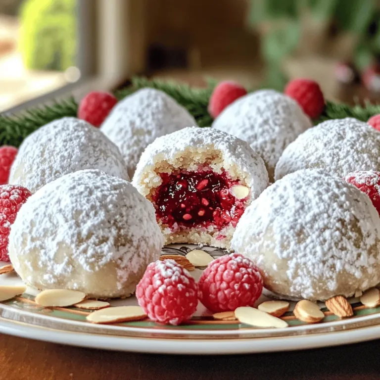 - 1 cup unsalted butter, softened to room temperature - 1/2 cup powdered sugar, plus additional for dusting - 1 teaspoon pure vanilla extract - 1/2 teaspoon almond extract - 2 cups all-purpose flour - 1/2 cup finely chopped almonds - 1/4 teaspoon salt - 1/2 cup raspberry preserves When making Raspberry Almond Snowball Cookies, each ingredient plays a key role. The butter makes the cookies rich and tender. Powdered sugar adds a sweet touch and helps with that snowy look. Vanilla and almond extracts give the cookies a warm, nutty flavor. The flour gives structure to the cookies. Chopped almonds add a nice crunch. Salt balances the sweetness. Finally, raspberry preserves are the surprise inside. They burst with flavor when you take a bite. - For a different sweet taste, try using honey or maple syrup instead of powdered sugar. - If you want a dairy-free option, use vegan butter. It works well in this recipe. - For a gluten-free treat, swap all-purpose flour with almond flour or a gluten-free mix. These substitutions can change the flavor and texture, but they keep the spirit of the cookies alive. Experimenting with these ingredients can lead to fun and tasty variations! For the full recipe, check out the detailed steps to create this delightful treat. First, preheat your oven to 350°F (175°C). This step helps your cookies bake evenly. While the oven heats, line a baking sheet with parchment paper. This keeps the cookies from sticking, making cleanup easy. Next, in a large bowl, mix 1 cup of softened butter with 1/2 cup of powdered sugar. Then, add 1 teaspoon of pure vanilla extract and 1/2 teaspoon of almond extract. Beat this mixture with an electric mixer until light and fluffy. This takes about 2-3 minutes. Now, gradually add 2 cups of all-purpose flour and 1/4 teaspoon of salt to the butter mixture. Mix on low speed until just combined. Be careful not to overmix; we want a nice texture. Gently fold in 1/2 cup of finely chopped almonds. For the fun part, scoop about 1 tablespoon of dough. Flatten it slightly in your hand. Add 1/2 teaspoon of raspberry preserves in the center. Carefully fold the dough edges around the preserves, sealing it tightly into a ball. Place the cookie balls on your prepared baking sheet. Make sure they are about 2 inches apart. This spacing allows them to spread while baking. Bake the cookies for 12-15 minutes. Keep an eye on them; you want the bottoms to turn lightly golden. After baking, let the cookies cool on the baking sheet for about 5 minutes. This helps them firm up a bit. Then, gently transfer them to a wire rack to cool completely. Once cool, take some extra powdered sugar and dust it generously over the cookies. This adds a lovely snowy look. Enjoy these delightful treats with your friends or family! For the full recipe, check out the details provided. To make the best cookies, start with room temperature butter. Soft butter mixes well, creating a light and fluffy dough. Cold butter makes it hard to blend. Another tip is to prevent cookies from spreading too much. Chill your cookie dough for at least 30 minutes before baking. This helps them keep their shape while baking. When you arrange your cookies, think about a nice display. Use a decorative plate to showcase them beautifully. You can also garnish with fresh raspberries or a sprinkle of almond slices. This adds color and makes them look even more inviting. A light-colored dish contrasts nicely with the snowy dusting of sugar. Want to boost the flavor? Try adding a pinch of cinnamon or a dash of lemon zest. This can give your cookies a unique twist. You can also adjust the sweetness by using different types of raspberry preserves. For a tart flavor, opt for low-sugar preserves. For a sweeter taste, choose regular preserves. You can find the full recipe [here]. {{image_4}} You can play with flavors in your Raspberry Almond Snowball Cookies. Try different fruit preserves like strawberry or apricot. Each fruit adds a unique twist. You might also add chocolate chips or cocoa powder. This makes the cookies richer and more indulgent. Mixing in these flavors can make each batch fun and exciting. For those with dietary needs, there are great options. You can make gluten-free cookies by using almond flour or a gluten-free flour blend. These swaps keep the cookies light and tasty. If you want a vegan version, substitute the butter with coconut oil or vegan butter. Use a plant-based milk in place of any dairy. These changes keep the spirit of the cookies while catering to different diets. You can make themed cookies for special occasions. For holidays, add colorful sprinkles or food coloring to the dough. This gives the cookies a festive touch. For parties, consider making mini cookie versions. Smaller cookies are great for sharing and look lovely on a platter. Each theme allows you to share the joy of baking with your loved ones. If you want the full recipe, check out the details above! To keep your Raspberry Almond Snowball Cookies fresh, store them in an airtight container. This helps to lock in moisture and flavor. You can use glass jars or plastic containers with tight lids. Place parchment paper between layers of cookies to prevent sticking. Keep the cookies at room temperature for up to a week. If you want to keep them longer, then freezing is a great option. You can freeze both unbaked and baked cookies. For unbaked cookies, scoop them onto a baking sheet lined with parchment paper. Freeze until solid, then transfer them to a freezer bag. This way, you can bake fresh cookies anytime. For baked cookies, let them cool completely first. Place them in a freezer-safe container or bag, separating layers with parchment paper. When you are ready to enjoy them, thaw baked cookies at room temperature. If you want a warm treat, pop them in the oven at 350°F for a few minutes. Reheating brings back their delightful texture. For unbaked cookies, just bake them straight from the freezer. Add a couple of extra minutes to the bake time to ensure they cook through. How long do Raspberry Almond Snowball Cookies last? These cookies stay fresh for about one week. Store them in an airtight container. If you want them to last longer, you can freeze them. Can I make the dough ahead of time? Yes, you can make the dough and chill it in the fridge. Wrap it tightly in plastic. This way, you can bake them later. What can I do if my cookies turn out too crumbly? If your cookies are too crumbly, you might need more butter. Add a little melted butter to the dough. Mix gently until it holds together. Can I substitute almond extract with something else? Yes, you can use vanilla extract or even a bit of coconut extract. Each will give a different flavor but will still taste great. What is the best way to measure flour for this recipe? Use the spoon and level method. Scoop flour into a measuring cup, then level it off with a knife. Don’t pack it down for the best results. What to serve with these cookies? These cookies pair well with fresh fruit, like raspberries or strawberries. You can also serve them with vanilla ice cream for a tasty treat. Ideal beverages to pair with Raspberry Almond Snowball Cookies Enjoy these cookies with a warm cup of tea or coffee. A glass of milk also complements their sweet and nutty flavor nicely. In this blog post, I covered how to make Raspberry Almond Snowball Cookies. We explored the key ingredients and tips for perfecting texture and flavor. You can use alternatives like vegan butter and gluten-free flour too. I shared storage methods for keeping cookies fresh and ways to freeze them. Try different fruit preserves or chocolate chips for fun variations. Remember, cookies taste best when shared and enjoyed fresh. Give this recipe a try, and I bet you will love it!