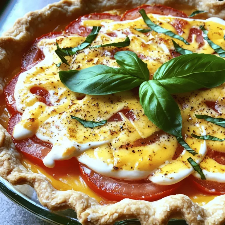 To make a great Southern tomato pie, gather these key ingredients: - 3 large, juicy ripe tomatoes, sliced - 1 teaspoon kosher salt - 1/2 teaspoon freshly ground black pepper - 1/2 teaspoon garlic powder - 1/2 teaspoon dried oregano - 1 cup sharp cheddar cheese, freshly shredded - 1 cup mozzarella cheese, freshly shredded - 1/2 cup mayonnaise (preferably Duke’s for authenticity) - 1 tablespoon Dijon mustard - 1 pre-made pie crust (store-bought or homemade, your choice) - Fresh basil leaves for garnish These ingredients work together to create a rich, savory pie. Ripe tomatoes give it a fresh taste, while the cheeses add a creamy texture. For the best flavor, I suggest using sharp cheddar and mozzarella. Sharp cheddar brings a bold taste. Mozzarella adds a nice stretch and creaminess. You can mix in other cheeses too, like gouda or Swiss, for unique flavors. Just remember to keep the total cheese amount around two cups. Herbs and spices enhance the pie’s taste. Here are some options: - Fresh basil for garnish - Fresh thyme for an earthy touch - Crushed red pepper for heat Feel free to experiment with these herbs. They can add depth to your Southern tomato pie, making it more exciting. For the full recipe, check out the detailed steps to put this dish together. Enjoy cooking! Start by slicing three large, juicy ripe tomatoes. Lay them flat on a cutting board. Sprinkle one teaspoon of kosher salt over the slices. This draws out moisture and helps avoid a soggy pie. Let the slices sit in a colander for about 15 minutes. This makes the tomatoes less watery. After they rest, gently pat them dry with a paper towel. This is key for a great texture. In a medium bowl, combine half a cup of mayonnaise, one tablespoon of Dijon mustard, and half a teaspoon each of black pepper, garlic powder, and dried oregano. Mix well until smooth. This creamy base adds a rich flavor to your pie. It binds the ingredients and gives a lovely taste that pairs well with the tomatoes. 1. Preheat the Oven: Set your oven to 375°F (190°C). This ensures even cooking for the pie. 2. Pre-bake the Pie Crust: Lay the pre-made pie crust in a 9-inch pie dish. Bake it in the oven for about 10 minutes. You want it to be lightly golden. This step helps keep the crust crispy. 3. Layer the Ingredients: Start with the tomato slices, laying them evenly across the crust. Spread half of your creamy mixture over the tomatoes. Then, sprinkle half of the shredded sharp cheddar and mozzarella cheeses on top. Repeat the layers with the remaining ingredients. This builds flavor and texture in each bite. 4. Bake the Pie: Place the assembled pie in the oven for 30-35 minutes. Look for a bubbly, golden cheese topping. This is your sign that it’s ready. 5. Cool and Garnish: Once the pie is baked, remove it from the oven. Let it cool for about 10 minutes. This helps the pie set. Garnish with fresh basil leaves before serving. This Southern Tomato Pie brings together rich flavors and a crispy crust. It’s perfect for sharing with family and friends. For the full recipe, check out the Southern Tomato Pie section. To get a crispy crust for your Southern Tomato Pie, start with a pre-baked crust. Pre-bake it for about 10 minutes at 375°F (190°C). This step helps firm up the bottom. You can also brush the crust lightly with olive oil before baking. This adds flavor and helps keep moisture away. Soggy pie is a common issue with tomato pie. To avoid this, layer your tomatoes with salt first. Let them sit in a colander for about 15 minutes. This draws out extra moisture. After draining, pat them dry with paper towels. Using a mix of cheeses helps too. The cheese absorbs some moisture, keeping your pie firm. Serve your Southern Tomato Pie warm or at room temperature. For a nice touch, slice it into wedges. Place each piece on a plate with a sprig of fresh basil on top. Pair it with a light salad on the side. A mix of greens dressed with lemon vinaigrette works well. This adds a refreshing contrast to the rich flavors of the pie. For a fun twist, you can serve it with garlic bread. It’s a great way to soak up any extra juices. You can find the Full Recipe for more details. {{image_4}} You can make Southern Tomato Pie even more tasty by adding other veggies and meats. Try adding sliced zucchini or bell peppers for extra color and flavor. You can also use cooked bacon or ham to add a savory twist. Just be sure to slice them thin so they cook evenly. Layer them between the tomatoes and cheese for a delicious blend. If you need a gluten-free crust, don’t worry! You can find many ready-made gluten-free pie crusts at the store. You can also make your own using almond flour or coconut flour. These options give a nice flavor and texture. Just follow the package instructions or your favorite gluten-free pie crust recipe for best results. Want to make a vegan version? It’s easy! Replace the cheese with vegan cheese options. You can also swap out the mayonnaise for a vegan mayo. Silken tofu blended with some lemon juice can work too. These swaps keep the creamy texture while making the pie plant-based. You won’t miss the dairy in this delicious dish. For the full recipe, check out the recipe section above. Enjoy your cooking adventure! To store your leftover Southern Tomato Pie, let it cool first. Place the pie in an airtight container. If you don't have one, cover the pie with plastic wrap. This keeps the pie fresh for up to three days in the fridge. If you like, you can also keep individual slices in small containers. This way, you can grab a slice anytime. When you’re ready to enjoy your leftovers, preheat your oven to 350°F (175°C). Place the pie or slices on a baking sheet. Cover them loosely with aluminum foil. Bake for about 15-20 minutes, or until heated through. Covering the pie helps keep it moist. If you want a crispy top, remove the foil for the last few minutes. Freezing Southern Tomato Pie is easy and great for meal prep. First, let the pie cool completely. Wrap the pie tightly in plastic wrap, then in aluminum foil. This double wrap helps prevent freezer burn. You can freeze it for up to three months. When you're ready to eat, thaw it in the fridge overnight. Reheat it in the oven as described above for the best taste. For the full recipe, check out the details above. Enjoy your Southern Tomato Pie! If you want to swap out mayonnaise, you have some tasty options. Greek yogurt works great. It adds creaminess and a bit of tang. Sour cream is another choice and gives a rich flavor. You can also use a mix of cream cheese and milk for a thicker base. Each option will change the taste slightly, but they all work well. Yes, you can prepare your pie ahead of time. Make the pie, but do not bake it right away. Cover it and keep it in the fridge for up to a day. When you are ready, just bake it as directed. This way, you save time when serving guests. Southern Tomato Pie pairs well with various sides. Here are some great options: - A simple green salad for freshness - Coleslaw for a crunchy side - Cornbread for a classic Southern touch - Roasted vegetables for added flavor These sides balance the pie's rich flavors and create a well-rounded meal. For the full recipe, check out the Southern Tomato Pie guide. Southern tomato pie blends juicy tomatoes, rich cheese, and fresh herbs. You learned how to prep tomatoes and make a creamy pie base. You now know tips for a crispy crust and ways to avoid sogginess. Variations let you add veggies, meats, or cater to dietary needs. Proper storage keeps leftovers fresh while reheating restores flavor. Embrace your own twists and enjoy this classic dish with friends or family. Dive into the joy of Southern cooking, and create something delicious!