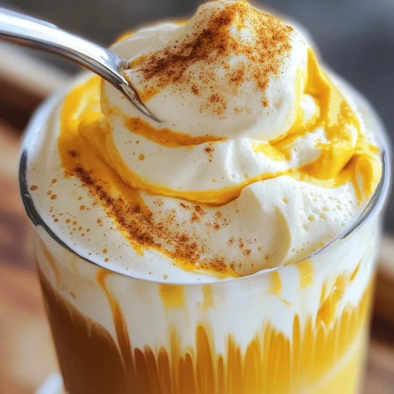 To make whipped pumpkin cold foam, you need these key ingredients: - 1 cup heavy cream - 1/2 cup canned pumpkin puree - 1/4 cup powdered sugar - 1 teaspoon vanilla extract - 1 teaspoon pumpkin pie spice - Pinch of salt - 2 tablespoons milk (optional, for desired consistency) Each ingredient plays an important role in building flavor and texture. Heavy cream brings richness and a smooth feel. Canned pumpkin puree provides that warm, fall flavor we all love. Powdered sugar adds sweetness without grit. Vanilla extract enhances the overall taste, while pumpkin pie spice gives it that cozy aroma. A pinch of salt balances all the flavors perfectly. If you want a lighter foam, adding milk can help adjust the thickness. You can use any milk you prefer, like almond or oat milk, if you want a dairy-free option. This simple list of ingredients ensures a delightful, creamy concoction that will elevate your drinks. For the full recipe, check the details above. First, gather your ingredients. You will need: - 1 cup heavy cream - 1/2 cup canned pumpkin puree - 1/4 cup powdered sugar - 1 teaspoon vanilla extract - 1 teaspoon pumpkin pie spice - Pinch of salt - 2 tablespoons milk (optional, for desired consistency) In a spacious mixing bowl, combine the heavy cream, pumpkin puree, powdered sugar, vanilla extract, pumpkin pie spice, and salt. Mix these well. The pumpkin and cream should blend smoothly. Next, use an electric mixer or a whisk. Beat the mixture on medium-high speed. You will see soft peaks form. Keep an eye on the foam. If you whip too long, it may turn into butter, which is not what we want! If your foam seems too thick, add milk. Do this gradually, one tablespoon at a time. Mix until you reach a smooth, creamy texture. This foam should be rich yet light. After mixing, taste the foam. If you want it sweeter or spicier, add more powdered sugar or pumpkin pie spice. Adjust to fit your taste buds. Now, you can use this foam in many drinks. It works great on lattes and iced coffees. Just spoon or pipe it over your favorite drinks. This adds a fun touch! For a special look, sprinkle extra pumpkin pie spice on top. This not only makes the foam pretty but also adds more flavor. Enjoy your whipped pumpkin cold foam! To make whipped pumpkin cold foam, aim for a light and airy texture. Overwhipping can ruin your foam, so stop as soon as soft peaks form. If the mixture looks too thick, it may become grainy and dry. - How to avoid overwhipping: Watch the mixture closely. Use a mixer or whisk at a medium speed. Stop as soon as you see soft peaks forming. This will give you a smooth foam that holds its shape. - Balancing thickness and creaminess: If your foam is too thick, add milk. Start with one tablespoon and mix well. You can always add more if needed. This will help keep your foam creamy and easy to spoon over your drinks. Adding spices and sweeteners can take your foam to the next level. You can make it more exciting with just a few tweaks. - Additional spices and sweeteners: Try adding a pinch of nutmeg or cinnamon for extra warmth. If you like it sweeter, stir in more powdered sugar until it meets your taste. - Experimenting with different milk options: You can use almond milk, oat milk, or even coconut milk. Each choice alters the flavor and texture. Play around until you find what you love best. For the full recipe, check out the details in the previous section. Enjoy crafting your perfect whipped pumpkin cold foam! {{image_4}} You can make this whipped pumpkin cold foam your own. Start with dairy-free options. Use coconut cream or almond milk instead of heavy cream. This keeps the foam rich and creamy without dairy. Next, think about flavor. You can add caramel or chocolate for a sweet twist. Just stir in a tablespoon of your chosen syrup. This adds a fun layer to your foam. You can also try different spices, like nutmeg or cinnamon, to enhance the pumpkin flavor. Fall is the perfect time to mix in other seasonal flavors. Consider adding a touch of maple syrup for extra sweetness. This brings a warm, cozy feel to your drink. You can also switch up your sweeteners. Try honey or agave syrup instead of powdered sugar. Each option gives a different taste and texture. For the full recipe, remember to check the section above. After making whipped pumpkin cold foam, you might have some left over. Store it in the fridge. Use an airtight container to keep it fresh. This foam stays good for about three days. If you see any changes in color or texture, it’s best to toss it. You can freeze whipped pumpkin cold foam too! Scoop it into ice cube trays for easy use later. Once frozen, transfer the cubes to a freezer bag. They can last for about three months. When you want to use them, just thaw the cubes in the fridge. Once thawed, stir well before using. You can add them to drinks or desserts for a fall twist. Enjoy the rich and creamy delight anytime! Can I use fresh pumpkin instead of canned? Yes, you can use fresh pumpkin. Just cook and puree it first. Canned pumpkin is smoother and easier. It also saves time. How long does the foam last in the fridge? The foam stays fresh for up to three days in the fridge. Store it in an airtight container. This helps to keep it fluffy. Where can I buy ready-made whipped pumpkin cold foam? Some coffee shops offer this foam. You can also find it at specialty food stores. Check online retailers for convenience. Can I make whipped pumpkin cold foam in advance? Yes, you can make it ahead of time. Just keep it in the fridge. Make sure to stir it gently before serving. Is this recipe suitable for vegan diets? This recipe uses heavy cream, so it is not vegan. For a vegan version, use coconut cream or a plant-based whipped cream. Adjust the ingredients to fit your taste. For the complete recipe, see the section titled Full Recipe above. In this post, I covered how to make whipped pumpkin cold foam. We explored essential ingredients like heavy cream and pumpkin puree. You learned the step-by-step instructions to create the perfect texture and flavor. I shared tips for personalizing your foam and explained storage options. As you try this recipe, feel free to experiment. Enjoy the cozy flavors in your drinks, making each sip special. Happy whipping!