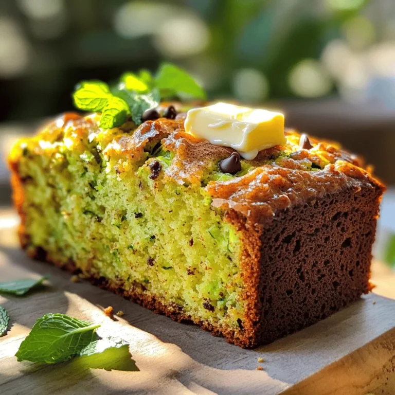 - 2 cups grated zucchini - 1 cup granulated sugar - 1/2 cup packed brown sugar - 1/2 cup vegetable oil - 3 large eggs - 2 teaspoons pure vanilla extract - 2 cups all-purpose flour - 1 teaspoon baking powder - 1 teaspoon baking soda - 1 teaspoon ground cinnamon - 1/2 teaspoon salt - 1/2 cup chopped walnuts or pecans (optional) - 1/2 cup semi-sweet chocolate chips (optional) To make classic zucchini bread, start with fresh grated zucchini. You need about two medium zucchinis. Grating them releases moisture, which keeps the bread soft. Next, use both granulated and brown sugar. The granulated sugar adds sweetness, while brown sugar gives it a deeper flavor. You'll also need vegetable oil and eggs. The oil adds moisture, and the eggs bind the ingredients. For a lovely aroma, add pure vanilla extract. All-purpose flour forms the base of the bread. You must also add baking powder and baking soda. These leavening agents help the bread rise and become fluffy. To spice things up, use ground cinnamon. This gives the bread a warm, inviting flavor. Finally, consider adding mix-ins. Chopped walnuts or pecans add crunch. Semi-sweet chocolate chips bring extra sweetness, making the bread even more delicious. For the full recipe, check the details above. Enjoy your baking! 1. Preheat the oven and prepare the loaf pan. Start by preheating your oven to 350°F (175°C). This step is key to getting a nice rise. While it warms up, grease a 9x5 inch loaf pan. You can also use parchment paper for easy removal later. 2. Combine zucchini and sugars. In a large bowl, add 2 cups of grated zucchini. Mix in 1 cup of granulated sugar and 1/2 cup of packed brown sugar. Stir well so the sugars blend with the zucchini. This adds sweetness and moisture to the bread. 3. Mix wet ingredients for the batter. Next, pour in 1/2 cup of vegetable oil, crack in 3 large eggs, and add 2 teaspoons of pure vanilla extract. Mix everything until the batter looks smooth and well-combined. This mixture provides a rich base for your bread. 1. Combine dry ingredients. In another bowl, whisk together 2 cups of all-purpose flour, 1 teaspoon of baking powder, 1 teaspoon of baking soda, 1 teaspoon of ground cinnamon, and 1/2 teaspoon of salt. This mix will give your bread lift and flavor. 2. Fold wet and dry mixtures together. Gently fold the dry ingredients into the wet mixture. Mix just until combined. Be careful not to overmix; doing so can make your bread tough and less fluffy. 3. Add optional ingredients and pour into the pan. If you want, fold in 1/2 cup of chopped walnuts or pecans and 1/2 cup of semi-sweet chocolate chips. They add great texture and flavor. Then, pour the batter into your prepared loaf pan, spreading it evenly. 1. Bake time and doneness test. Place the loaf pan in the oven. Bake for 50-60 minutes. To check if it’s done, stick a toothpick in the center. It should come out clean or with a few moist crumbs. 2. Cooling the zucchini bread. Once baked, take the bread out of the oven. Let it cool in the pan for about 10 minutes. After that, transfer it to a wire rack to cool completely. This step helps set the texture perfectly. Now you have a delicious loaf of zucchini bread to enjoy! For the complete recipe, check the Full Recipe section. - Avoiding Overmixing: When mixing your batter, stir gently. Overmixing can make the bread tough. Mix just until you see no dry flour. - Using the Right Zucchini: Choose medium zucchinis. They should feel firm and not too big. Big zucchinis can have more seeds and less flavor. - Measuring Ingredients Accurately: Use measuring cups for dry ingredients. For liquids, use a clear measuring cup with markings. Accurate measurements help your bread rise and taste great. - Ideal Pairings: Serve your zucchini bread warm. Try spreading a little butter on top. Cream cheese also tastes great with it. - Presentation Tips for Serving: Slice the bread while warm. Arrange the slices on a plate. You can sprinkle cinnamon on top for color. A mint leaf can add freshness. - How to Prevent Dryness: Make sure to use enough zucchini. If it’s dry, your bread will be dry. Adding a bit more oil can help keep it moist. - Not Preparing the Loaf Pan Properly: Greasing the pan is a must. You can also use parchment paper to help lift the bread out easily. This way, your loaf stays intact. {{image_4}} You can easily change some ingredients in this zucchini bread. If you need a gluten-free option, try using almond flour or a gluten-free mix. Both work well and keep the bread tasty. For sugar, consider using honey, maple syrup, or coconut sugar. Each adds a unique flavor. Just remember, these alternatives might change the texture a bit. Adjust your liquid ingredients if needed. Want to spice things up? Adding ground nutmeg or ginger gives a warm flavor to your bread. Just a pinch can make a big difference. You can also mix in dried fruits like raisins or cranberries. Shredded coconut adds a fun texture too. Get creative and try what you love! You can serve this zucchini bread as muffins or in mini loaves. Muffins are great for a quick snack. Mini loaves make perfect gifts or party treats. Both options bake faster than a full loaf. Just adjust the bake time to about 20-25 minutes for muffins or mini loaves. Enjoy your delicious creations! For the full recipe, check out Classic Zucchini Bread Delight! To store zucchini bread at room temperature, wrap it tightly in plastic wrap or foil. This keeps it moist and fresh. Place it in a cool, dry spot away from sunlight. It will stay good for about 2-3 days. For refrigeration, put the bread in an airtight container. This helps it last longer, up to a week. Just remember to let it warm up a bit before eating. It tastes best when it's slightly warm. If you want to save zucchini bread for later, freezing is a great option. Wrap the cooled loaf tightly in plastic wrap, then place it in a freezer bag. Remove as much air as possible. This will protect it from freezer burn. It can last up to 3 months in the freezer. When you're ready to eat it, thaw the bread in the fridge overnight or at room temperature for a few hours. To reheat, slice the bread and warm it in the oven at 350°F for about 10 minutes. This helps restore its soft texture. Zucchini bread lasts about 2-3 days at room temperature. In the fridge, it can last up to a week. Look for signs of spoilage like mold, an off smell, or dry texture. If any of these appear, it's best to toss the bread. Enjoy your Classic Zucchini Bread Delight fresh and delicious! For the full recipe, check out the earlier section. To keep zucchini bread moist, use fresh zucchini. Grate it and squeeze out excess water. This helps hold moisture in the bread. Adding oil also keeps it soft. Another trick is to avoid overbaking. Check your bread early to prevent dryness. Zucchini plays a big role in moisture. It has a high water content, which keeps the bread tender. The more zucchini you use, the more moisture you get. Just remember to grate it finely for even distribution. Yes, you can make zucchini bread without eggs. Use substitutes like unsweetened applesauce or mashed bananas. Each substitute gives a different flavor. For every egg, replace it with 1/4 cup of applesauce. Another option is to use flaxseed meal. Mix one tablespoon of flaxseed with three tablespoons of water. Let it sit for a few minutes. This creates a gel-like mixture perfect for baking. You can enjoy leftover zucchini bread in many ways. Slice it and toast it for breakfast. Spread cream cheese or butter on top. You can also turn it into French toast. Just dip the slices in an egg mixture and cook them. If you want to repurpose it, try making a bread pudding. Simply tear the bread into pieces, mix with eggs, milk, and spices, and bake. This gives new life to your leftover zucchini bread! For more recipes and ideas, check out the Full Recipe. You learned about fresh ingredients and easy steps to bake zucchini bread. Mastering this recipe brings joy with every bite. I shared tips to enhance flavor and avoid common mistakes. Don't forget variations and storage info for long-lasting enjoyment. Zucchini bread is not just tasty; it’s a versatile treat. Now, go on and create your own delicious version!
