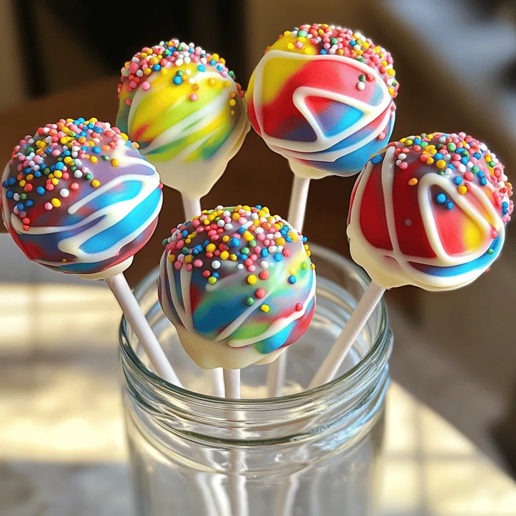 To make Tie Dye Funfetti Cake Pops, you need a few simple ingredients. Here’s what you’ll need: - 1 box Funfetti cake mix - 3 large eggs - 1 cup water - 1/2 cup vegetable oil - 1 cup icing (store-bought or homemade) - 1 cup white chocolate or candy melts - Food coloring (red, blue, yellow, green) - Sprinkles (for decoration) - Lollipop sticks These ingredients come together to create a fun, colorful treat. The Funfetti cake mix adds a sweet flavor and a joyful look. Eggs and water help bind the cake mix for a soft texture. Icing brings sweetness and moisture, while white chocolate adds a smooth coat. You can customize your colors with food coloring. This makes each pop look unique! Finally, sprinkles add that extra sparkle. To see the full process, check out the Full Recipe. Baking the Funfetti Cake First, preheat your oven to 350°F (175°C). In a large bowl, mix the Funfetti cake mix with three eggs, one cup of water, and half a cup of vegetable oil. Stir until the batter is smooth. Pour the batter into a greased 9x13 inch baking pan and bake for 25 to 30 minutes. Check with a toothpick; it should come out clean. Once done, let the cake cool completely in the pan. Crumbling the Cake After the cake is cool, break it apart into a large bowl. Use your hands to crumble the cake into fine pieces. Make sure there are no large chunks left. This step is key for good texture. Incorporating Icing Next, add half a cup of icing to your crumbled cake. Use your hands or a spatula to mix it all together. The cake crumbs should be moist and hold together when squeezed. If it feels dry, add a bit more icing. Dividing and Coloring the Mixture Now, split the moist cake mixture into four bowls. Add a few drops of food coloring to each one—red, blue, yellow, and green. Mix well until the colors are bright and even. This is where the fun begins! Rolling Cake Balls Take a tablespoon of each colored mixture and roll it into a ball. Alternate the colors to create a tie-dye look. Place the cake balls on a baking sheet lined with parchment paper. Make sure they look fun and colorful. Chilling the Cake Pops Put the baking sheet with the cake balls in the fridge for at least 30 minutes. This helps them firm up and hold their shape. While they chill, you can prepare the chocolate for coating. For the complete instructions, check the Full Recipe. Mixing Techniques To get that fun tie-dye look, I recommend using a swirling method. Take small amounts of each color and gently mix without fully blending. This keeps the colors distinct. Use a spoon or your hands, and be gentle. If you mix too hard, you lose the fun swirls. Color Combination Ideas For vibrant pops, try red, blue, yellow, and green. These colors stand out well together. You can also experiment with pastel shades for a softer look. Imagine a light pink, mint green, and baby blue blend. The key is to choose colors that excite you. Best Practices for Melting When melting chocolate or candy melts, use a microwave-safe bowl. Heat in short bursts of 20 seconds, stirring in between. This prevents burning. If the chocolate is too thick, add a small amount of coconut oil. This will help it coat the pops smoothly. Alternate Coating Options If you want a twist, try using dark or milk chocolate instead of white. You can also use colored candy melts for a fun effect. Each option adds a unique flavor and look. Don't forget to sprinkle on some fun toppings right after dipping while the chocolate is still wet! For the full recipe, check out the instructions above. {{image_4}} You can switch up the flavor of your Tie Dye Funfetti Cake Pops. Here are some ideas: - Different Cake Mixes: Try other cake mixes like vanilla or chocolate. Each mix gives a unique taste. You can even find gluten-free options to suit different diets. Experiment with flavors that you love. - Alternative Icing Flavors: Use different icing flavors for fun twists. Chocolate, cream cheese, or even peanut butter can add a delightful kick. Choose flavors that match your cake mix for the best taste. Making your cake pops look great is just as fun as eating them. Here are some ways to jazz them up: - Themed Sprinkles: Choose sprinkles that match your event. Use holiday-themed sprinkles for parties or bright colors for birthdays. You can mix and match to create a fun look. - Decorative Wrapping Options: Wrap each cake pop in colorful cellophane. Tie with a ribbon for a nice touch. You can also use clear bags for a simple, yet stylish look. These make great gifts or party favors. For the full recipe, check out the [Full Recipe]. You want your tie-dye funfetti cake pops to stay fresh and tasty. Here’s how to store them properly: - Room Temperature vs. Refrigeration: You can keep cake pops at room temperature for up to two days. Just place them in an airtight container. If it’s warm outside, it’s best to keep them in the fridge. They can last in the fridge for up to a week. - Freezing Cake Pops for Later: If you want to save some for later, freezing is a great option. Wrap each cake pop in plastic wrap or foil. Then, place them in a freezer-safe bag. They can stay in the freezer for up to three months. When you’re ready to eat them, let them thaw in the fridge overnight. - How Long They Last: Tie-dye funfetti cake pops can last about 5 to 7 days in the fridge. If you freeze them, they can last up to three months. - Signs of Spoilage: Check for any changes in smell or appearance. If they smell off or have a strange texture, it’s time to toss them. Mold is a clear sign they should not be eaten. Always trust your senses! To keep your cake pops moist, add more icing. Start with half a cup and mix until the crumbs hold together. If the mix feels dry, add more icing, a little at a time. Baking time also matters. Bake the cake for 25 to 30 minutes. Check with a toothpick; it should come out clean. Overbaking can dry out your cake, so keep an eye on it. Yes! You can use any colors you like. I recommend gel food coloring. It gives bright and bold colors without making the batter too runny. To create unique palettes, mix colors. For example, mix blue and yellow for green. Let your imagination run wild! If you want alternatives to icing, consider cream cheese or whipped cream. Both add flavor and moisture. For healthier options, try yogurt or a fruit puree. They can keep your cake pops moist while reducing sugar content. You now know how to make fun Tie-Dye Funfetti Cake Pops. We discussed the simple ingredients needed, from cake mix to chocolate. I shared step-by-step instructions to guide you through baking and shaping. You learned tips for a great tie-dye effect and how to melt chocolate properly. We explored fun variations, storage tips, and answered common questions. Now, get creative and enjoy making these tasty treats for any occasion. Let your imagination run wild with flavors and colors!
