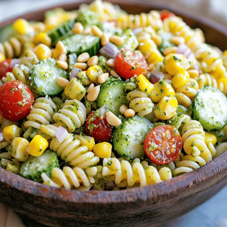 - 8 oz rotini pasta - 1 cup fresh corn kernels - 1 cup cherry tomatoes - 1 small cucumber - 1/4 cup red onion - 1 cup fresh basil leaves - 1/3 cup grated Parmesan cheese - 1/4 cup toasted pine nuts - 1/2 cup plain Greek yogurt - 2 tablespoons extra virgin olive oil - Juice of 1 medium lemon - Salt and pepper This summer pasta salad shines with bright flavors. The rotini pasta makes a fun base. It holds all the tasty ingredients well. The fresh corn adds a sweet crunch. I love using corn straight from the cob. Cherry tomatoes bring a juicy burst and vibrant color. For the extra crunch, I add cucumber. It gives a refreshing bite. The red onion adds a slight zing. Together, these ingredients create a colorful mix. The creamy pesto dressing pulls it all together. I blend fresh basil for a fragrant touch. Grated Parmesan cheese adds rich flavor. Toasted pine nuts give a nutty crunch. The Greek yogurt makes the dressing creamy and smooth. A splash of lemon juice brightens everything up. This summer pasta salad with corn and creamy pesto is a feast for the eyes and the taste buds. You can find the full recipe to make this delightful dish. - Bring a large pot of salted water to a rolling boil. - Add 8 oz of rotini pasta and cook for 8-10 minutes until al dente. - Drain the pasta in a colander and rinse it under cold running water. Cooking pasta correctly is key. Al dente pasta gives a nice bite and texture. Rinsing it cools the pasta and stops the cooking process. - Fill a small saucepan with water and bring it to a boil. - Add 1 cup of fresh corn kernels and blanch for 2-3 minutes. - Drain the corn and let it cool. Fresh corn adds sweetness and crunch. Blanching keeps the corn bright and crisp. - In a blender, combine 1 cup of fresh basil leaves, 1/3 cup of grated Parmesan cheese, and 1/4 cup of toasted pine nuts. - Add 1/2 cup of plain Greek yogurt, 2 tablespoons of extra virgin olive oil, and juice from 1 medium lemon. - Blend until smooth and creamy, then season with salt and pepper. This creamy pesto is rich and flavorful. The yogurt gives it a nice tang and creaminess. - In a large bowl, combine the cooled rotini pasta, blanched corn, 1 cup of halved cherry tomatoes, diced cucumber, and chopped red onion. - Toss gently with the creamy pesto until everything is coated. Mixing well ensures every bite is tasty. The colors from the ingredients make the salad look fresh and inviting. - Cover the bowl tightly and refrigerate for at least 30 minutes. - Before serving, give the salad a gentle stir. - Garnish with extra toasted pine nuts and a sprinkle of Parmesan cheese. Chilling lets the flavors blend and deepen. The garnish adds a lovely finish and extra crunch. For the full recipe, check the earlier sections. To make this pasta salad shine, you need the right texture. First, cook your rotini pasta until it is al dente. This means the pasta should be firm to the bite but not hard. If you overcook it, the pasta will turn mushy. After cooking, rinse it under cold water. This stops the cooking process and cools the pasta quickly. Next, use fresh ingredients. Fresh corn, ripe tomatoes, and crisp cucumber bring a burst of flavor. They make your dish vibrant and enjoyable. Always pick the best produce you can find for the best results. Once you mix the salad, taste it. Salt and pepper can make a big difference. Adjust them to fit your taste. If you want a bit more brightness, add some lemon zest. It lifts the flavors and adds a refreshing touch. For a lovely finish, think about garnishing. Microgreens or arugula can add a fresh crunch. They also look great on the plate. If you have nut allergies, toss in some seeds instead. They offer a nice texture without the risk. For the full recipe, check out the main section! {{image_4}} You can easily make this salad heartier. Add grilled chicken or shrimp for a tasty protein boost. If you want a vegetarian option, try chickpeas. They add great texture and a nice flavor. Incorporate fresh spring asparagus or summer zucchini for extra crunch. These veggies add bright color and flavor. You can also swap cherry tomatoes for roasted tomatoes. Roasting brings out their sweetness and adds depth. If you want a different taste, try a balsamic vinaigrette. It adds a tangy twist that pairs well with the pasta. Another option is to mix in crumbled feta cheese. It adds creaminess and a nice tang to the salad. For the complete recipe, check out the full recipe section. To keep your leftover salad fresh, store it in an airtight container. This will help maintain its taste and texture. Make sure to refrigerate it for best freshness. You should consume the salad within 3-5 days for the best taste. Avoid freezing the salad, as it can affect the texture. Creamy pesto does not freeze well. You can make the salad a day in advance. This gives the flavors time to blend and deepen. If possible, store the components separately until serving. This keeps the pasta from getting soggy. For the full recipe, check back for all the details! Yes, you can make this pasta salad ahead of time. I recommend chilling it for at least 30 minutes. This helps the flavors mix well. If you want, you can even make it a day ahead. Just store it in the fridge until you're ready to serve. The total prep and cook time for this dish is about 50 minutes. You spend around 20 minutes preparing the ingredients and cooking the pasta. The remaining time is for mixing and chilling the salad. It's quick and easy! Absolutely! This recipe is perfect for meal prep. You can store it in the fridge for lunches throughout the week. Just keep it in an airtight container. The flavors get better as it sits in the fridge. Enjoy fresh, tasty meals all week long! For the full recipe, check out the detailed instructions above. This summer pasta salad shines with fresh ingredients like rotini, corn, and tomatoes. The creamy pesto dressing adds a tasty twist. You can mix and match proteins and veggies for variety. Remember to store leftovers well to enjoy later. Try making it ahead for the best flavor. Enjoy every bite of this delicious, easy meal. It’s perfect for gatherings or a simple lunch. Now, grab your ingredients and start creating your salad masterpiece!