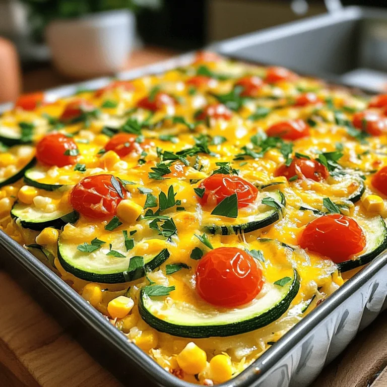 - 3 medium zucchinis, thinly sliced - 1 cup corn kernels (fresh, frozen, or canned) - 1 cup cherry tomatoes, halved - 1 cup shredded cheddar cheese - 1 cup shredded Monterey Jack cheese - 1 medium onion, diced - 2 cloves garlic, minced - 3 large eggs - 1 cup milk (dairy or non-dairy) - 1 teaspoon dried oregano - 1 teaspoon paprika - Salt and black pepper to taste - Olive oil for greasing In this recipe, zucchini shines as the main ingredient. It adds a fresh taste and soft texture. The Monterey Jack cheese provides a creamy melt that perfectly blends with the other veggies. I love how the corn adds a sweet crunch, while the tomatoes burst with juiciness. - 1 cup cooked quinoa or rice (for added texture, optional) - Different cheese options like feta or gouda If you want to add more texture, quinoa or rice works great. They make the dish heartier and more filling. You can also switch out the cheese. Try feta for a tangy kick or gouda for a smoky flavor. Each option adds something unique to the casserole. - Dairy-free alternatives using almond or oat milk - Gluten-free options with quinoa instead of rice You can easily adapt this dish for different diets. For dairy-free options, use almond or oat milk and dairy-free cheese. If you need it to be gluten-free, just swap rice for quinoa. This way, everyone can enjoy this yummy meal without worry! 1. Preheat the oven and grease the dish: Start by setting your oven to 375°F (190°C). This step is key to ensure even baking. Use olive oil to grease a 9x13 inch casserole dish. This helps the casserole come out easily after baking. 2. Sautéing garlic and onion: In a large skillet, pour a tablespoon of olive oil. Heat it over medium heat. Once hot, add the diced onion and minced garlic. Sauté them for about 5 minutes. You want the onion to be soft and clear. 1. Combining vegetables and seasonings: In a big mixing bowl, add the sliced zucchini, corn, and halved cherry tomatoes. Toss in the sautéed onion and garlic. If you are using quinoa or rice, add it now. Sprinkle in the dried oregano, paprika, salt, and black pepper. Mix everything well. This ensures all flavors blend nicely. 2. Preparing the egg and cheese mixture: In another bowl, whisk together the eggs and milk until smooth. Then, fold in half of the shredded cheddar and Monterey Jack cheese. This will make the egg mix creamy and rich. 1. Layering the ingredients: Pour half of the veggie mix into the greased dish. Next, take half of the egg and cheese mixture and pour it over the veggies. Repeat with the rest of the vegetable and egg mixtures. This layering builds great flavor. 2. Adding cheese on top: Finish by sprinkling the remaining cheddar and Monterey Jack cheese on top. This creates a cheesy crust that everyone will love. Now, your casserole is ready to bake. For the full recipe, check out the details provided earlier. To avoid sogginess in your Easy Zucchini Jack Casserole, make sure to salt the zucchini first. This draws out excess water. Let it sit for about 10 minutes, then pat it dry with a paper towel. This simple step helps keep the casserole firm. Adjusting the cooking time is important too. If you add more vegetables or grains, the casserole may need extra time in the oven. Keep an eye on it. Look for a golden top and a firm center as signs that it’s done. If you want to swap the cheese, consider using feta or goat cheese. Both add a unique flavor. You can also try vegan cheese for a dairy-free version. For vegetable variations, you can add bell peppers or spinach. These options add color and nutrients to your dish. Don't be afraid to mix and match your favorite veggies! Garnishing your casserole can make it pop. Fresh herbs like basil or parsley add color and flavor. You can add a sprinkle of red pepper flakes for a bit of heat. Pair your casserole with a fresh side salad. This adds crunch and balances the meal. A simple green salad or coleslaw works great. For something heartier, serve it with crusty bread or garlic knots. For the full recipe, check out the [Full Recipe]. {{image_4}} You can easily make this casserole vegetarian or vegan. For vegetarians, just keep the eggs and dairy. If you want a vegan dish, replace the eggs with flaxseed meal or a chia seed mix. Mix 1 tablespoon of flaxseed meal or chia seeds with 2.5 tablespoons of water. Let it sit for 5 minutes to thicken before adding it to your mix. Adding plant-based proteins is also a great idea. Consider using lentils or chickpeas. They boost protein and add texture to your casserole. You can mix them with the veggies before baking. Cheese lovers can experiment with flavors. Instead of Monterey Jack, use sharp cheddar or spicy pepper jack. They add a nice kick to your dish. You can also explore other melting cheeses like Gouda or Gruyère. Each cheese gives the casserole a unique taste. Just make sure to mix and match to find your favorite combo. To elevate the flavor, add spices and herbs. Consider garlic powder, cumin, or basil. These give your casserole a nice twist. You can also incorporate proteins like chicken or beans. Shredded chicken adds heartiness, while black beans provide fiber. Mix them in with the veggies for a satisfying meal. For the full recipe, check out the [Full Recipe]. After you make your Easy Zucchini Jack Casserole, let it cool completely. Place it in an airtight container or cover it with plastic wrap. Store it in the fridge for up to 3-5 days. When reheating, use the oven for the best results. Preheat the oven to 350°F (175°C) and heat for about 15-20 minutes. This will keep it warm and tasty. If you want to keep the casserole longer, freezing is a great option. First, let it cool completely. Cut it into portions and wrap each piece tightly in plastic wrap. Then, place the wrapped pieces in a freezer-safe bag or container. This will help keep the flavors fresh. You can freeze it for up to 2-3 months. To thaw, move it to the fridge overnight. Reheat in the oven the same way, at 350°F (175°C) for 15-20 minutes. In the fridge, your casserole lasts for about 3-5 days. Look for signs of spoilage before eating. If you see any mold or smell something off, it’s best to toss it. A fresh casserole should smell cheesy and inviting. If it looks dry or hard, it may be time to say goodbye. Enjoy your casserole while it tastes its best! You can find the full recipe to make it again later. To make this casserole, start by preheating your oven to 375°F (190°C). Grease a 9x13 inch dish with olive oil. Next, sauté diced onion and minced garlic in olive oil until soft. In a large bowl, mix sliced zucchini, corn, cherry tomatoes, and the sautéed onion and garlic. If you want, add cooked quinoa or rice. Sprinkle in dried oregano, paprika, salt, and pepper, and mix well. In another bowl, whisk together eggs and milk. Fold in half of the shredded cheddar and Monterey jack cheese. In your greased dish, layer half the veggie mix, then pour on half the egg mixture. Repeat these layers with the remaining ingredients. Top with the rest of the cheese. Bake for 35-40 minutes until golden brown and set. Let it cool for 5-10 minutes before serving. You can find the full recipe details above. Yes, you can prepare the casserole ahead of time. Simply assemble it up to the baking step. Cover it with plastic wrap or foil and store it in the fridge overnight. When you are ready to eat, just bake it straight from the fridge. You may need to add a few extra minutes to the baking time. If you want to store leftovers, allow the casserole to cool completely. Then, cover it and keep it in the fridge for up to 3 days. To reheat, pop it back in the oven at 350°F (175°C) until warmed through. This casserole pairs well with a variety of side dishes. A fresh garden salad adds a nice crunch. You might also serve it with garlic bread or a simple pasta dish. If you want something heartier, consider grilled chicken or roasted veggies. For a fun twist, try serving it with salsa or hot sauce for some extra flavor. Feel free to mix and match sides to fit your meal! In this post, we explored the easy way to make a tasty Zucchini Jack Casserole. You learned about key ingredients, step-by-step instructions, and helpful tips to ensure success. We also shared ideas for dietary needs and creative variations. Remember, cooking is fun and allows you to experiment. Enjoy making this dish your own and sharing it with loved ones. Happy cooking!