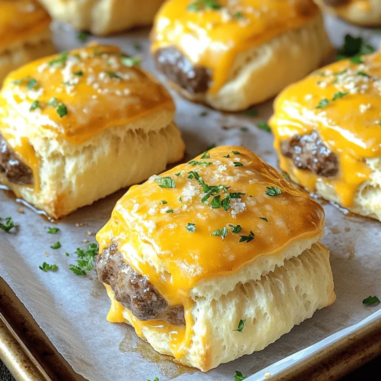 - 1 pound ground beef - 1 teaspoon garlic powder - 1 teaspoon onion powder - 1/2 teaspoon black pepper - 1 teaspoon salt - 4 ounces sharp cheddar cheese, cut into small cubes - 1 package of refrigerated biscuit dough (8 biscuits) - 1/4 cup grated Parmesan cheese - 3 tablespoons unsalted butter, melted - 2 tablespoons fresh parsley, finely chopped - 1 clove garlic, minced If you want to change up the meat, turkey or plant-based options work great. For cheese, you can swap sharp cheddar for mozzarella or pepper jack for a spicy kick. You will need a baking sheet, mixing bowls, and measuring spoons and cups. These tools make cooking easy and fun! These ingredients create the perfect balance of flavors for your Garlic Parmesan Cheeseburger Bombs. You can find the full recipe at the start of this article to see how to use them all. - Preheat the oven to 375°F (190°C). - Line a baking sheet with parchment paper. First, I set my oven to 375°F (190°C). This makes sure the bombs cook evenly. Next, I take a baking sheet and line it with parchment paper. This step keeps the bombs from sticking. It also makes cleanup easier. - Combine ground beef with seasonings. - Form meatballs around cheese cubes. In a big bowl, I mix 1 pound of ground beef with garlic powder, onion powder, salt, and black pepper. I use my hands to mix it well. This ensures the flavors blend nicely. Next, I take about 1 tablespoon of the beef mix and flatten it in my palm to form a small patty. I place a cube of cheddar cheese in the center. Then, I fold the beef around the cheese, making a tight meatball. I repeat this with all the beef mixture and cheese cubes until I have a nice batch of meatballs. - Flatten biscuit dough. - Encase meatballs with biscuit dough. Now, I grab the package of biscuit dough. I carefully separate the biscuits. I take one biscuit and flatten it into a circle, about 4 inches wide. Then, I place one meatball in the center. I fold the edges of the biscuit over the meatball, sealing it tight. I make sure there are no gaps. I do this with all the biscuits and meatballs. - Brush garlic-Parmesan mixture on top. - Bake until golden brown and cooked through. In a small bowl, I mix melted butter, minced garlic, grated Parmesan cheese, and chopped parsley. I brush this tasty mix over the tops of each bomb. It adds great flavor! Then, I place the bombs seam-side down on my baking sheet. Finally, I bake them for 15 to 20 minutes. I watch them closely until they turn golden brown. I check the internal temperature to ensure it reaches at least 160°F (71°C). When they are ready, I let them cool for a few minutes. Now, they are ready to enjoy. For the complete recipe, refer to the Full Recipe. To ensure a full cheese experience, make sure to seal each meatball well. If you don’t, cheese will leak out during baking. Start with just enough beef to cover the cheese entirely. For seasoning, taste the beef mixture before forming the balls. Adjust salt and pepper to match your preference. Always check the internal temperature of your cheeseburger bombs. They should reach 160°F (71°C) for safe eating. Use a meat thermometer to make sure they are cooked through. For even baking, space the bombs apart on the baking sheet. This allows hot air to circulate around them. Get creative with your serving ideas! Serve these bombs on a rustic wooden platter for a cozy look. For a fun touch, offer different dipping sauces like marinara or ranch. These sauces add a tasty element and enhance the overall flavor. Enjoy your Garlic Parmesan Cheeseburger Bombs with friends or family for a delightful snack! {{image_4}} You can easily change the taste of your Garlic Parmesan Cheeseburger Bombs. Here are two fun ideas: - BBQ cheeseburger bombs: Mix barbecue sauce into the beef mix for a sweet twist. You can also add a slice of cooked bacon for extra flavor. - Spicy cheeseburger bombs with jalapeños: Add chopped jalapeños to the beef mixture to kick up the heat. This adds a nice zing and pairs well with the creamy cheese. You can enjoy these bombs without meat. Here are some tasty swaps: - Using veggie patties: Replace the ground beef with your favorite veggie patties. They work well and keep the bombs satisfying. - Substituting cheese with dairy-free options: Use dairy-free cheese to make these bombs vegan-friendly. It melts nicely and keeps the cheesy goodness. Make your bombs special by adding extra ingredients: - Additional ingredients: Try adding cooked bacon bits or sautéed mushrooms. Both options add great taste and texture. - Herbs and spices for a unique twist: Experiment with herbs like thyme or spices like smoked paprika. These can enhance the flavor and make each bite exciting. Feel free to explore these variations to create your perfect Garlic Parmesan Cheeseburger Bombs! For the full recipe, check out the earlier section. When you have leftover Garlic Parmesan Cheeseburger Bombs, store them in an airtight container. The fridge is the best place for them. Make sure they cool down first. Proper cooling helps keep their texture. You can enjoy them within three days. When reheating, place them on a baking tray. Heat them in the oven at 350°F (175°C) for about 10 minutes. This keeps them crispy and warm inside. You can freeze these bombs before or after baking. If you freeze them before baking, wrap each bomb in plastic wrap. Then, place them in a freezer bag. This way, they stay fresh for up to three months. When you're ready, you can bake them straight from the freezer. Just add a few extra minutes to the baking time. If you freeze them after baking, let them cool first. Then, place them in a container or freezer bag. To thaw, just put them in the fridge overnight. Reheat in the oven at 350°F (175°C) for about 15 minutes. This method keeps the bombs tasty and warm. For a full recipe, check the main article. Garlic Parmesan Cheeseburger Bombs can last for about 3 to 4 days in the fridge. Store them in an airtight container to keep them fresh. To check for spoilage, look for any changes in color or smell. If they feel slimy or have an off odor, it's best to throw them away. Yes, you can make these bombs in advance! Prepare them up to the baking step. Keep them in the fridge until you're ready to bake. This way, you save time and still enjoy fresh, hot bombs. Just remember to bake them within 24 hours for the best taste. These cheeseburger bombs pair well with many sides. Try serving them with a fresh salad or crispy fries. You can also add some dipping sauces like ketchup or ranch. For a twist, marinara sauce adds a nice touch, too! Yes! To make Garlic Parmesan Cheeseburger Bombs gluten-free, use gluten-free biscuit dough. Many brands sell this option in stores. You can also make your own with gluten-free flour. Just check the labels to ensure all ingredients are gluten-free. You now know how to make delicious Garlic Parmesan Cheeseburger Bombs. We discussed the ingredients you need, including ground beef and cheese. You learned versatile options, like alternative meats and cheese types. We also went through the step-by-step process for preparation, mixing, and baking. These flavorful bombs are fun to create and customize. Whether you prefer classic or spicy flavors, there's a choice for you. Remember to store any leftovers properly. I hope you enjoy making this simple recipe!