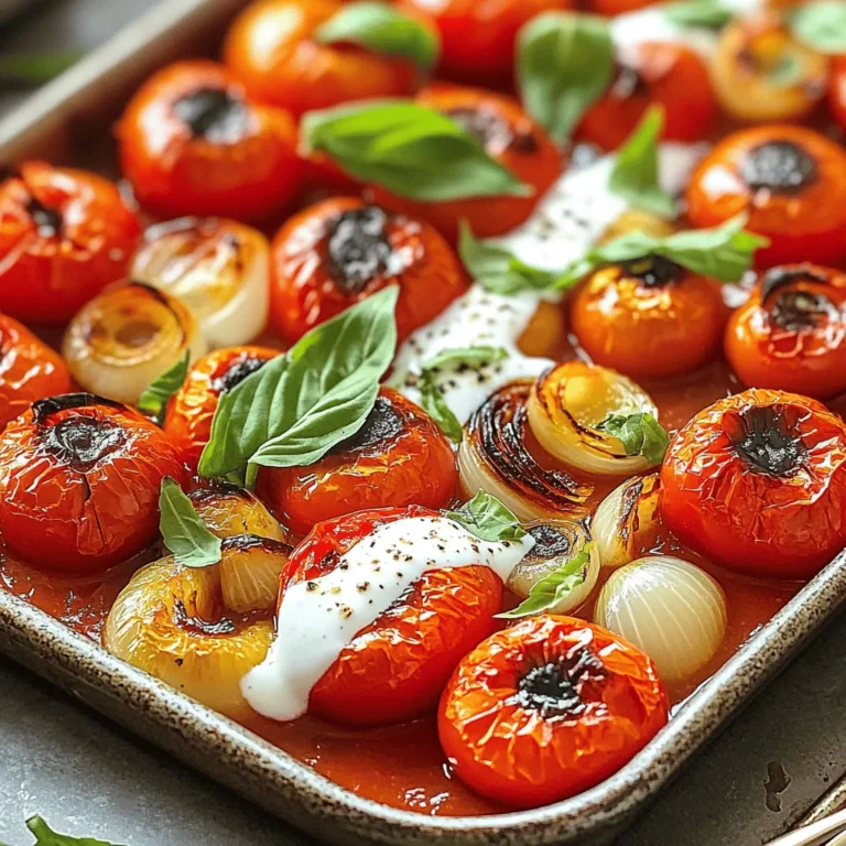 To make Easy Roasted Tomato Soup, gather these key ingredients: - 2 pounds of ripe, juicy tomatoes, halved - 1 medium onion, cut into quarters - 4 cloves of garlic, left unpeeled - 2 tablespoons of extra virgin olive oil - Sea salt and freshly cracked black pepper, to taste - 1 teaspoon of dried basil - 1 teaspoon of sugar (optional, to counterbalance acidity) - 4 cups of rich vegetable broth - 1/2 cup of heavy cream (optional, for a luscious finish) - Fresh basil leaves, for a lovely garnish These ingredients create a base that bursts with flavor. The tomatoes give the soup its rich taste. The onion adds sweetness, while garlic brings depth. You can add optional ingredients to boost the flavor: - A splash of balsamic vinegar for acidity - A pinch of red pepper flakes for heat - A teaspoon of smoked paprika for a smoky taste These extras can transform the soup into something special. Feel free to experiment and find your favorite combination. To prepare this soup, you’ll need a few handy tools: - A large baking sheet for roasting - A pot for cooking the soup - An immersion blender or a standard countertop blender - A cutting board and sharp knife for prep Having the right tools makes cooking easier. With these, you’ll create a smooth, tasty soup that warms the soul. For the complete recipe, check out the [Full Recipe]. To start, gather all your ingredients. You need: - 2 pounds of ripe, juicy tomatoes, halved - 1 medium onion, cut into quarters - 4 cloves of garlic, left unpeeled - 2 tablespoons of extra virgin olive oil - Sea salt and freshly cracked black pepper, to taste - 1 teaspoon of dried basil - 1 teaspoon of sugar (optional) - 4 cups of rich vegetable broth - 1/2 cup of heavy cream (optional) - Fresh basil leaves for garnish First, wash the tomatoes well. Cut them in half and place them on a baking sheet. Next, quarter the onion and add it to the sheet. Toss in the unpeeled garlic cloves. Now, drizzle the olive oil over the veggies. Sprinkle sea salt, black pepper, and dried basil on top. If you want to balance the soup's acidity, add sugar now. Preheat your oven to 400°F (200°C). Once the oven is ready, slide in your baking sheet. Roast the vegetables for 25-30 minutes. The tomatoes should soften and caramelize. After roasting, take the sheet out and let the veggies cool. Once cool enough to handle, peel off the garlic skins. In a large pot, combine the roasted tomatoes, onion, and garlic. Add the vegetable broth and place the pot over medium heat. Bring the mixture to a gentle simmer. Use an immersion blender to puree the soup until smooth. If you don’t have one, carefully transfer the soup to a blender. Make sure to leave space for steam to escape. If you want a rich finish, stir in the heavy cream now. Taste the soup and adjust the seasoning. Heat until hot throughout. Finally, serve the soup in bowls. Garnish with fresh basil leaves for color and flavor. Enjoy your delicious, comforting bowl of roasted tomato soup! To get a smooth soup, use an immersion blender. It makes blending easy. If you prefer, you can blend in batches with a regular blender. Just leave space for steam. For a thicker texture, add less broth. If you like it thinner, add more broth. You can also stir in heavy cream for extra richness. It adds a nice velvety feel. One mistake is not roasting the tomatoes long enough. They need time to caramelize and develop flavor. Don’t skip the sugar if your tomatoes are very acidic. It balances the taste. Also, remember to peel the garlic after roasting. Skins can affect the smoothness of your soup. Finally, taste your soup before serving. Adjust salt and pepper to match your flavor. Serve your soup hot, garnished with fresh basil leaves. They add color and flavor. Pair it with a grilled cheese sandwich for a classic combo. You can also serve it with crusty bread for dipping. For a twist, add a drizzle of balsamic glaze on top. This adds a sweet tang that enhances the soup. For the full recipe, check the details above. {{image_4}} You can easily make this soup vegan. Just skip the heavy cream. Use more vegetable broth instead. This keeps the soup rich and tasty. The roasted tomatoes give it a great flavor. You won’t miss the cream at all. Add a splash of coconut milk for creaminess if you like. It adds a nice twist! Want to spice things up? Add a pinch of red pepper flakes for heat. A dash of smoked paprika gives a warm flavor. Fresh herbs like thyme or oregano enhance the soup, too. You can also stir in a tablespoon of balsamic vinegar. It adds depth and a little sweetness. Don't forget to taste as you go! This soup is naturally gluten-free. You don’t need any flour or wheat. Just use certified gluten-free vegetable broth. This way, everyone can enjoy it. If you want to thicken the soup, use blended potatoes or a cornstarch slurry. It keeps the soup smooth without gluten. Enjoy this comforting bowl without worries! To store leftover soup, let it cool first. Pour it into an airtight container. Make sure to seal it well. Place it in the fridge. It will stay fresh for about three days. If you want to keep it longer, freezing is better. Freezing is a great way to prepare meals ahead. Use freezer-safe containers or bags. Fill them with soup, leaving some space at the top. This allows for expansion. Label the containers with the date. It can last up to three months in the freezer. When you’re ready to use it, just thaw it in the fridge overnight. To reheat your soup, use a pot on the stove. Heat it gently over medium-low. Stir often to avoid burning. If the soup is too thick, add a splash of broth or water. You can also use a microwave. Heat it in short bursts, stirring in between. Always taste before serving to check the flavor. Adjust seasoning if needed for that perfect bowl of comfort. The best tomatoes for this soup are ripe, juicy varieties. I love using Roma or vine-ripened tomatoes. They have great flavor and are less watery. You can also mix in some heirloom tomatoes for extra depth. Their sweetness adds a lovely touch to the soup. Yes, you can make this soup ahead of time. It keeps well in the fridge for up to four days. Just make sure to cool it completely before storage. You can also freeze it for up to three months. For the best taste, reheat the soup gently on the stove. To make roasted tomato soup without cream, simply skip the heavy cream. Instead, you can add a splash of vegetable broth for richness. For added creaminess, blend in some cooked white beans or cashews. They blend smoothly and give a nice texture without dairy. You’ll still enjoy a flavorful bowl of comfort. For the full recipe, check out the detailed instructions above. In this post, we explored how to make easy roasted tomato soup. We discussed key ingredients, optional flavors, and tools you need. Following the step-by-step instructions ensures success every time. I shared tips for the perfect consistency and common mistakes to avoid. You can even try vegan and gluten-free options. Lastly, I covered storage and reheating for later enjoyment. Enjoy making this warm soup and share it with others.