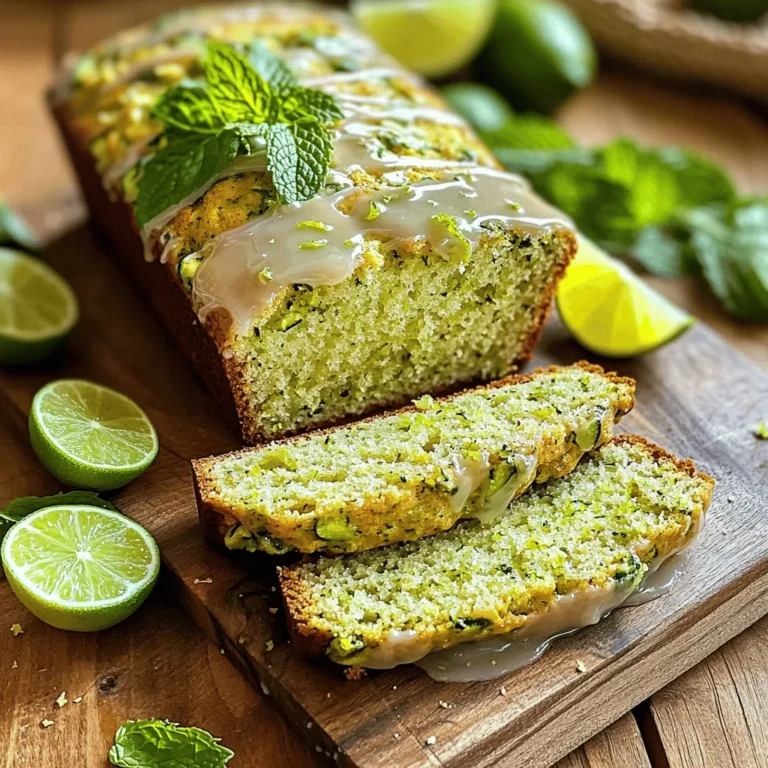 To make this tasty zucchini lime bread, gather these ingredients: - 2 cups grated zucchini (about 2 medium zucchinis) - 1 cup all-purpose flour - 1 cup whole wheat flour - 1 teaspoon baking soda - 1/2 teaspoon baking powder - 1/2 teaspoon salt - 1 teaspoon ground cinnamon - 1/2 teaspoon ground nutmeg - 1 cup granulated sugar - 1/2 cup packed brown sugar - 1/2 cup vegetable oil - 3 large eggs - Zest of 2 limes - 2 tablespoons fresh lime juice - 1 teaspoon vanilla extract - 1/2 cup chopped walnuts or pecans (optional) You may want to change some ingredients. Here are some easy swaps: - Use almond flour or coconut flour for gluten-free bread. - Replace vegetable oil with melted coconut oil for a different taste. - Substitute honey or maple syrup for granulated sugar if you prefer less processed sugar. - Use lemon zest and juice instead of lime for a different flavor profile. Fresh ingredients make a big difference in taste. Using fresh zucchini gives a moist texture. Fresh limes add a bright flavor. The spices should also be fresh to ensure the best aroma. Quality ingredients lead to better results. Always choose the best you can find for your baking. You can find the full recipe to ensure you follow these guidelines closely. Start by preheating your oven to 350°F (175°C). This temperature is key for even baking. Grab a 9x5 inch loaf pan and grease it with butter or non-stick spray. This step helps the bread come out easily after baking. Make sure to coat all sides well so there are no sticky spots. In a large bowl, whisk together the all-purpose flour, whole wheat flour, baking soda, baking powder, salt, cinnamon, and nutmeg. Mix until there are no lumps left. This blend of dry ingredients gives the bread its structure and flavor. In another bowl, combine granulated sugar, brown sugar, and vegetable oil. Mix until it looks smooth. Then, add the eggs, lime zest, lime juice, and vanilla extract. Beat this mixture until it's well combined and creamy. This is where the bread gets its moisture and zesty flavor. Now, slowly fold in the dry mixture into the wet ingredients. Use a spatula or a wooden spoon to stir gently. It’s okay if some small lumps remain; over-mixing can make the bread tough. After that, carefully add the grated zucchini and, if you like, the chopped walnuts or pecans. Make sure they get evenly spread in the batter. Pour the batter into your greased loaf pan. Smooth the top with a spatula for a nice finish. Place it in the oven and bake for 55-65 minutes. To check if it’s done, insert a toothpick into the center. If it comes out clean, your bread is ready! After baking, let it cool in the pan for 10 minutes. Then, transfer it to a wire rack to cool completely. To keep your zucchini lime bread moist, focus on the zucchini. Grate it finely and let it sit with a pinch of salt. This step helps draw out moisture. After ten minutes, squeeze the zucchini to remove some liquid, but don’t drain it all. The leftover moisture adds softness. Using oil instead of butter also helps. Oil keeps the bread tender and moist. Choose vegetable oil or coconut oil for a light taste. Avoid over-mixing the batter. Mix just until combined for the fluffiest result. You can adjust the sweetness of your bread easily. Start with the recipe's sugar amounts. If you like it sweeter, add an extra 1/4 cup of granulated sugar. For a less sweet version, reduce sugar by 1/4 cup. You can also try using honey or maple syrup instead of sugar. These natural sweeteners give a unique taste. Just remember to reduce the liquid in the recipe by a little to balance the moisture. Spices add depth to your zucchini lime bread. The recipe uses cinnamon and nutmeg, which are great choices. You can also experiment with ginger or allspice for a warm twist. Don’t forget the lime zest. It brings a fresh, zesty taste that brightens the bread. You can add more lime juice if you want a stronger lime flavor. Just be careful not to add too much, or the bread might become too wet. For more tips, check out the Full Recipe. {{image_4}} You can change up your zucchini lime bread by adding fruits or nuts. Try adding 1 cup of chopped apples or pears. They add sweetness and moisture. You can also use dried fruits like cranberries or raisins for a fun twist. If you love nuts, walnuts or pecans work great. Just chop them up and mix them in. They add a nice crunch and flavor. If you need a gluten-free option, you can replace the flour. Use 1:1 gluten-free flour blend instead of all-purpose and whole wheat flour. Make sure the blend includes xanthan gum, which helps with texture. This keeps your zucchini lime bread soft and tasty. To make a vegan version, swap out the eggs. Use 1/4 cup of unsweetened applesauce for each egg. This keeps the bread moist and adds a bit of sweetness. You can also replace vegetable oil with coconut oil or applesauce for a lighter touch. These small changes keep the flavors fresh and delicious. Check out the Full Recipe for more details! To keep your zucchini lime bread fresh, wrap it tightly in plastic wrap. You can also use aluminum foil. Place it in an airtight container to keep out air and moisture. Store it at room temperature for up to three days. If you want it to last longer, consider freezing it. Freezing is a great option for zucchini lime bread. First, let the bread cool completely. Then, slice it or leave it whole. Wrap it tightly with plastic wrap, then cover it with foil. This method helps prevent freezer burn. You can freeze it for up to three months. When you're ready to eat, thaw it in the fridge overnight. If stored properly, zucchini lime bread lasts about three days at room temperature. In the fridge, it can last up to a week. To reheat, preheat your oven to 350°F (175°C). Place the bread on a baking sheet and warm it for about 10-15 minutes. This will bring back its fresh, warm taste. Enjoy it with a little butter or a drizzle of honey! Yes, you can use frozen zucchini. Thaw it first and drain excess water. This step helps avoid soggy bread. Frozen zucchini works well if fresh zucchini is not available. Just remember to squeeze out as much liquid as you can. You can check if the bread is done by inserting a toothpick into the center. If it comes out clean, your bread is ready. The top should also look golden brown. If the bread is not done, bake it for a few more minutes and check again. Zucchini lime bread goes well with many toppings. You can serve it with butter for a classic taste. Cream cheese or a lime glaze adds a creamy touch. It pairs nicely with fresh fruit or a cup of tea, too. Absolutely! You can use mini loaf pans for this recipe. Fill each mini pan with batter about two-thirds full. Bake for about 25-30 minutes. Check for doneness with a toothpick, just like with the regular loaf. This method makes for perfect little gifts or snacks. In this post, we explored the key ingredients for Zucchini Lime Bread and why they matter. You learned how to mix and bake your bread with simple steps. We also shared tips to keep your bread moist and tasty. You can try fun variations and know how to store leftovers. Remember, fresh ingredients make a big difference. I hope you feel ready to bake with confidence and enjoy every slice!