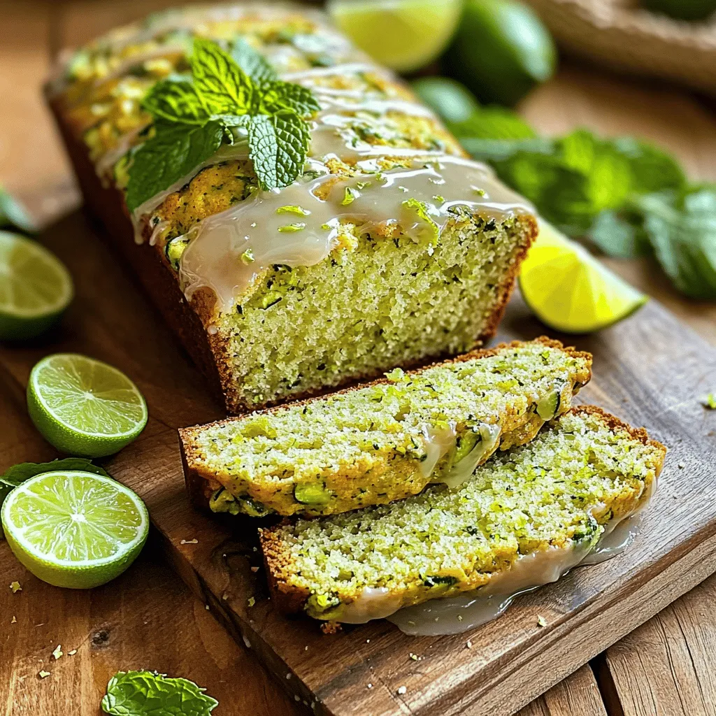 To make this tasty zucchini lime bread, gather these ingredients: - 2 cups grated zucchini (about 2 medium zucchinis) - 1 cup all-purpose flour - 1 cup whole wheat flour - 1 teaspoon baking soda - 1/2 teaspoon baking powder - 1/2 teaspoon salt - 1 teaspoon ground cinnamon - 1/2 teaspoon ground nutmeg - 1 cup granulated sugar - 1/2 cup packed brown sugar - 1/2 cup vegetable oil - 3 large eggs - Zest of 2 limes - 2 tablespoons fresh lime juice - 1 teaspoon vanilla extract - 1/2 cup chopped walnuts or pecans (optional) You may want to change some ingredients. Here are some easy swaps: - Use almond flour or coconut flour for gluten-free bread. - Replace vegetable oil with melted coconut oil for a different taste. - Substitute honey or maple syrup for granulated sugar if you prefer less processed sugar. - Use lemon zest and juice instead of lime for a different flavor profile. Fresh ingredients make a big difference in taste. Using fresh zucchini gives a moist texture. Fresh limes add a bright flavor. The spices should also be fresh to ensure the best aroma. Quality ingredients lead to better results. Always choose the best you can find for your baking. You can find the full recipe to ensure you follow these guidelines closely. Start by preheating your oven to 350°F (175°C). This temperature is key for even baking. Grab a 9x5 inch loaf pan and grease it with butter or non-stick spray. This step helps the bread come out easily after baking. Make sure to coat all sides well so there are no sticky spots. In a large bowl, whisk together the all-purpose flour, whole wheat flour, baking soda, baking powder, salt, cinnamon, and nutmeg. Mix until there are no lumps left. This blend of dry ingredients gives the bread its structure and flavor. In another bowl, combine granulated sugar, brown sugar, and vegetable oil. Mix until it looks smooth. Then, add the eggs, lime zest, lime juice, and vanilla extract. Beat this mixture until it's well combined and creamy. This is where the bread gets its moisture and zesty flavor. Now, slowly fold in the dry mixture into the wet ingredients. Use a spatula or a wooden spoon to stir gently. It’s okay if some small lumps remain; over-mixing can make the bread tough. After that, carefully add the grated zucchini and, if you like, the chopped walnuts or pecans. Make sure they get evenly spread in the batter. Pour the batter into your greased loaf pan. Smooth the top with a spatula for a nice finish. Place it in the oven and bake for 55-65 minutes. To check if it’s done, insert a toothpick into the center. If it comes out clean, your bread is ready! After baking, let it cool in the pan for 10 minutes. Then, transfer it to a wire rack to cool completely. To keep your zucchini lime bread moist, focus on the zucchini. Grate it finely and let it sit with a pinch of salt. This step helps draw out moisture. After ten minutes, squeeze the zucchini to remove some liquid, but don’t drain it all. The leftover moisture adds softness. Using oil instead of butter also helps. Oil keeps the bread tender and moist. Choose vegetable oil or coconut oil for a light taste. Avoid over-mixing the batter. Mix just until combined for the fluffiest result. You can adjust the sweetness of your bread easily. Start with the recipe's sugar amounts. If you like it sweeter, add an extra 1/4 cup of granulated sugar. For a less sweet version, reduce sugar by 1/4 cup. You can also try using honey or maple syrup instead of sugar. These natural sweeteners give a unique taste. Just remember to reduce the liquid in the recipe by a little to balance the moisture. Spices add depth to your zucchini lime bread. The recipe uses cinnamon and nutmeg, which are great choices. You can also experiment with ginger or allspice for a warm twist. Don’t forget the lime zest. It brings a fresh, zesty taste that brightens the bread. You can add more lime juice if you want a stronger lime flavor. Just be careful not to add too much, or the bread might become too wet. For more tips, check out the Full Recipe. {{image_4}} You can change up your zucchini lime bread by adding fruits or nuts. Try adding 1 cup of chopped apples or pears. They add sweetness and moisture. You can also use dried fruits like cranberries or raisins for a fun twist. If you love nuts, walnuts or pecans work great. Just chop them up and mix them in. They add a nice crunch and flavor. If you need a gluten-free option, you can replace the flour. Use 1:1 gluten-free flour blend instead of all-purpose and whole wheat flour. Make sure the blend includes xanthan gum, which helps with texture. This keeps your zucchini lime bread soft and tasty. To make a vegan version, swap out the eggs. Use 1/4 cup of unsweetened applesauce for each egg. This keeps the bread moist and adds a bit of sweetness. You can also replace vegetable oil with coconut oil or applesauce for a lighter touch. These small changes keep the flavors fresh and delicious. Check out the Full Recipe for more details! To keep your zucchini lime bread fresh, wrap it tightly in plastic wrap. You can also use aluminum foil. Place it in an airtight container to keep out air and moisture. Store it at room temperature for up to three days. If you want it to last longer, consider freezing it. Freezing is a great option for zucchini lime bread. First, let the bread cool completely. Then, slice it or leave it whole. Wrap it tightly with plastic wrap, then cover it with foil. This method helps prevent freezer burn. You can freeze it for up to three months. When you're ready to eat, thaw it in the fridge overnight. If stored properly, zucchini lime bread lasts about three days at room temperature. In the fridge, it can last up to a week. To reheat, preheat your oven to 350°F (175°C). Place the bread on a baking sheet and warm it for about 10-15 minutes. This will bring back its fresh, warm taste. Enjoy it with a little butter or a drizzle of honey! Yes, you can use frozen zucchini. Thaw it first and drain excess water. This step helps avoid soggy bread. Frozen zucchini works well if fresh zucchini is not available. Just remember to squeeze out as much liquid as you can. You can check if the bread is done by inserting a toothpick into the center. If it comes out clean, your bread is ready. The top should also look golden brown. If the bread is not done, bake it for a few more minutes and check again. Zucchini lime bread goes well with many toppings. You can serve it with butter for a classic taste. Cream cheese or a lime glaze adds a creamy touch. It pairs nicely with fresh fruit or a cup of tea, too. Absolutely! You can use mini loaf pans for this recipe. Fill each mini pan with batter about two-thirds full. Bake for about 25-30 minutes. Check for doneness with a toothpick, just like with the regular loaf. This method makes for perfect little gifts or snacks. In this post, we explored the key ingredients for Zucchini Lime Bread and why they matter. You learned how to mix and bake your bread with simple steps. We also shared tips to keep your bread moist and tasty. You can try fun variations and know how to store leftovers. Remember, fresh ingredients make a big difference. I hope you feel ready to bake with confidence and enjoy every slice!