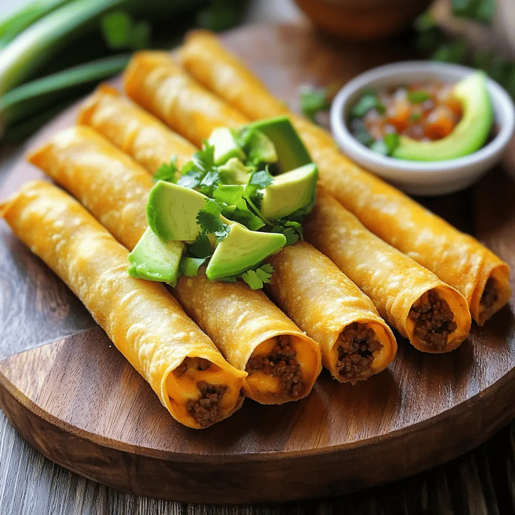 For tasty crispy beef taquitos, you need these key ingredients: - 1 lb ground beef - 1 teaspoon cumin - 1 teaspoon chili powder - 1 teaspoon garlic powder - 1/2 teaspoon onion powder - Salt and pepper, to taste - 1 cup shredded cheddar cheese - 1/2 cup chopped green onions These ingredients create a rich and savory flavor in your taquitos. The spices bring warmth, while the cheese adds creaminess. Choosing the right tortillas is important. Small corn tortillas work best for rolling. They hold the filling and crisp up nicely. You can also use flour tortillas if you prefer a softer texture. To warm the tortillas, wrap them in a damp paper towel. Microwave them for about 30 seconds. This makes them soft and easy to roll. Warm tortillas help prevent tearing, ensuring your taquitos stay intact. Toppings can take your taquitos to the next level. Consider these options: - Salsa: Adds freshness and a kick of flavor. - Sour cream: Balances the spices with creaminess. - Avocado slices: Provide a rich, buttery taste. Feel free to mix and match your favorite toppings. They add color and texture to your dish. For the full recipe, check out the detailed steps to make these delicious crispy beef taquitos. Start by browning the ground beef in a large skillet over medium heat. This step is key. Make sure to break the meat into small pieces as it cooks. This helps it cook evenly. Once the beef turns brown, drain the excess fat. Next, it’s time to add flavor. Sprinkle in cumin, chili powder, garlic powder, onion powder, and salt and pepper. Mix well. Cook for another 2 minutes. This blends the spices into the beef. It makes every bite tasty. After that, remove the skillet from heat. Stir in the shredded cheddar cheese and chopped green onions. The cheese will melt and bind everything together. Let the mixture cool a bit before using it. Now, let's prepare the tortillas. Wrap them in a damp paper towel. Microwave them for about 30 seconds. This makes them warm and easy to roll. Take one tortilla and place about 2 tablespoons of the beef mixture at one end. Roll it tightly. If needed, use a toothpick to secure it. Repeat this for all the tortillas and beef filling. While you do this, it’s time to prepare the oil for frying. Pour about 1 inch of vegetable oil into a separate pan. Heat it over medium-high heat. The oil is ready when it shimmers. You can test it by dropping in a small piece of tortilla; it should bubble. Gently place 2-3 taquitos into the hot oil. Fry them for 2-3 minutes on each side. You want them golden brown and crispy. Use tongs to turn them carefully while they fry. Once they are crispy, remove the taquitos from the oil. Place them on paper towels to drain excess oil. This keeps them from getting soggy. Continue frying the rest in batches. Serve the taquitos hot. You can add toppings like salsa, sour cream, and avocado slices. Enjoy your crispy beef taquitos! For a detailed guide, check the Full Recipe. To make your taquitos crispy, avoid sogginess. Here are some tips: - Use small corn tortillas. They hold the filling well. - Heat your oil to about 350°F. This is the sweet spot for frying. - Fry in small batches. This helps the oil stay hot. Frying at the right temperature is key. If the oil is too cool, the taquitos will soak up oil and become soggy. Presentation can make your taquitos even more delightful. Here are some ideas: - Arrange taquitos in a circle on a colorful plate. - Garnish with fresh chopped cilantro and lime wedges. - Serve small bowls of salsa, sour cream, and guacamole on the side. This setup invites everyone to create their own tasty bites. To ensure your taquitos turn out great, watch for these mistakes: - Don’t overstuff the taquitos. Use about 2 tablespoons of filling. - Warm the tortillas before rolling. This makes them flexible. If they are too cold, they may crack during rolling. Following these tips will help you make perfect crispy beef taquitos every time. For the full recipe, check out the earlier section! {{image_4}} You can easily make taquitos without beef. Use beans or veggies instead. Black beans offer great flavor and protein. Try mixing in corn, bell peppers, or spinach. Add spices like cumin and chili powder to enhance the taste. This way, you keep the fun and crunch of taquitos while making them vegetarian. Want to spice things up? Add extra spices like smoked paprika or cayenne pepper. A dash of lime juice can brighten the filling too. For cheese lovers, experiment with queso fresco or pepper jack cheese. Each type of cheese brings a unique flavor. It’s a fun way to make every batch different. Taquitos come from many regions in Mexico. In some places, people use different meats like chicken or pork. Others might add unique sauces or toppings. In Baja, fish taquitos are very popular. Each region has its twist, so don’t be afraid to try new styles. This can inspire your cooking and make meals exciting. After you enjoy your crispy beef taquitos, store leftovers properly. Place them in an airtight container. This keeps them fresh and tasty. You can refrigerate them for up to three days. For longer storage, freezing is a great option. Wrap each taquito in plastic wrap, then put them in a freezer bag. They can last up to three months this way. When it’s time to enjoy leftovers, reheating is key. To keep taquitos crispy, use the oven. Preheat it to 375°F (190°C). Place taquitos on a baking sheet and heat for about 10-15 minutes. This method keeps them crunchy. The microwave is quicker, but it may make them soft. If you use the microwave, heat them for 30-60 seconds. Flip them halfway for even warming. Knowing how long taquitos last helps you plan meals. In the fridge, they stay fresh for three days. If you freeze them well, they last up to three months. Always check for signs of spoilage before eating. Enjoy your delicious taquitos safely! For the full recipe, see the details above. For taquitos, the best choice is corn tortillas. They have a natural flavor that enhances the beef. Corn tortillas are thinner and crisp up nicely when fried. Flour tortillas can also work but tend to be thicker. They may not crisp up as well. If you use flour, make sure to warm them well. This helps prevent tearing when rolling. Yes, you can bake taquitos if you prefer a healthier option. Preheat your oven to 400°F (200°C). Place the rolled taquitos on a baking sheet. Brush them lightly with oil to help them crisp up. Bake for about 15-20 minutes, turning halfway through. Keep an eye on them, so they don’t burn. Baking gives you a nice crunch without frying. Taquitos pair well with many sides. Some great options include: - Mexican rice - Refried beans - Fresh salsa - Guacamole - Corn salad These sides add flavor and texture to your meal. You can also serve taquitos with toppings like sour cream and avocado slices. They make each bite even more delicious. For a fun twist, let everyone build their own taquito with different toppings. Explore the full recipe for more details on making these tasty treats! In this post, I shared how to make crispy beef taquitos. We discussed the right ingredients, like ground beef and spices, and the best tortillas to use. I walked you through step-by-step cooking and frying tips to ensure that your taquitos turn out perfectly. I also covered optional toppings and common mistakes to avoid. Taquitos are not just a meal, but a fun experience. With the right methods, you can enjoy tasty, homemade taquitos any time. Now, it’s your turn to get cooking!