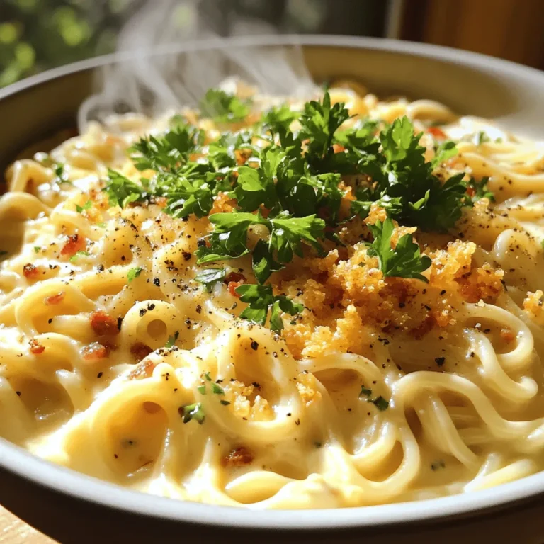 - 200g ramen noodles - 150g pancetta or guanciale, diced - 2 large eggs The key to this dish starts with the ramen noodles. They add a lovely texture. We use 200g of fresh ramen noodles. You can also use dried noodles if needed. Next, we have the pancetta or guanciale. I prefer guanciale for its rich flavor, but pancetta works great too. You need about 150g, diced into small pieces. Finally, the eggs bind everything together, giving a creamy texture. - 1 cup heavy cream - 1 cup grated Parmesan cheese - 2 cloves garlic, minced For the creamy sauce, use 1 cup of heavy cream. This gives the dish its rich base. Add in 1 cup of grated Parmesan cheese for a salty kick. The cheese melts beautifully into the sauce. Don't forget 2 cloves of minced garlic. Garlic adds depth and a warm aroma. - Fresh black pepper, to taste - Salt, to taste - Fresh parsley, chopped (for garnish) Seasoning is crucial. I recommend using fresh black pepper to taste. It adds a nice heat. You will also need salt to enhance the flavors. Finally, chop some fresh parsley for garnish. It adds color and freshness to the dish. For the full recipe, check out the details provided earlier. To cook ramen noodles properly, I follow the package instructions. I boil water in a pot and add the noodles. I cook them for about 3-4 minutes until they are tender. Then, I drain the noodles but save a small cup of the pasta water. This water helps adjust the sauce later, making it creamy. For crispy pancetta, I heat olive oil in a large skillet over medium heat. I add the diced pancetta and sauté it for 5-7 minutes. The pancetta should turn golden brown and crisp up nicely. Next, I add minced garlic to the skillet. I cook it for just one minute, stirring all the time. This way, the garlic does not burn and turn bitter. Now, I whisk together two large eggs, one cup of heavy cream, and one cup of grated Parmesan cheese in a bowl. I make sure the mixture is smooth. Season with fresh black pepper and a pinch of salt to boost the flavors. This creamy sauce makes the dish rich and tasty. For the full recipe, check out the instructions again. To get that perfect creamy texture, you must mix the egg and cream well. Whisk the eggs, cream, and cheese together until smooth. This will help avoid scrambling the eggs when you add them to the hot noodles. When you mix the sauce with the ramen, keep the heat low. Slowly pour the egg mixture while tossing the noodles. If the sauce seems thick, add a little reserved pasta water. This will make it silky and rich. Using fresh ingredients can greatly change the taste. Fresh pancetta or guanciale adds a deeper flavor. Look for high-quality meat for the best results. When buying pancetta, choose one that is thick-cut and well-marbled. Guanciale is even better, but it can be harder to find. If you can’t get either, good bacon can work too, but it will change the taste slightly. Serve your creamy carbonara ramen right after mixing. This dish tastes best hot and fresh. Once you finish mixing, transfer it to bowls quickly. To know if it’s ready, check if the noodles are coated well and warm. You want to see a glossy sauce, not clumpy or dry. For the best experience, add a sprinkle of fresh parsley right before serving from the [Full Recipe]. This adds color and freshness to your dish. {{image_4}} You can add fresh spinach or green peas to your ramen bowls. They bring color and nutrition. - Spinach: Add it just before serving. It wilts quickly and adds a nice touch. - Peas: Stir them in while cooking the pancetta. They cook fast and add sweetness. Other vegetables can also work. Try sliced mushrooms for umami, or julienned carrots for crunch. If you want a different meat, consider bacon or turkey. They both give a distinct taste. - Bacon: Use it for a smoky flavor. Cook until crispy, just like the pancetta. - Turkey: A leaner choice that still adds great flavor. For a meatless option, use mushrooms or tofu. They absorb flavors well and make the dish hearty. Want some heat? Red pepper flakes are a great start. Add them based on your spice level. - Mild: Start with a pinch. You can always add more later. - Spicy: Use a teaspoon or more for a real kick. You can also try other spices. Fresh herbs like basil or thyme add freshness. Garlic powder or onion powder can boost flavor too. For the complete experience, check the Full Recipe. To keep your Creamy Carbonara Ramen Bowls fresh, store them in the fridge. Use airtight containers to prevent moisture loss. It’s best to eat leftovers within 2-3 days for the best taste. Make sure to cool the dish to room temperature before sealing it up. This helps keep the flavors intact. When reheating, do so gently. Use a skillet over low heat to warm the noodles. Add a splash of cream or pasta water to keep it creamy. Stir often to avoid burning. Never microwave it directly, as it can make the sauce clumpy. You can freeze this dish, but it’s not ideal. The cream may separate when thawed. If you choose to freeze, do so in portions. Use freezer-safe containers and label them. When ready to eat, thaw in the fridge overnight. Then, reheat gently, adding a bit of cream to restore its smooth texture. Yes, you can. To make a vegetarian version, swap the pancetta for mushrooms. Use shiitake or cremini for a rich taste. You can also add spinach or peas for extra color and flavor. Another great option is to use smoked tofu for a protein boost. Parmesan cheese is the classic choice. Its salty and nutty flavor works well. Pecorino Romano is another good option. It’s sharper and adds a nice kick. You can mix both cheeses for a layered taste. To keep your sauce smooth, add pasta water gradually. Start with a small splash and mix it in. This helps create a creamy texture without clumping. Stir quickly to combine and avoid scrambling the eggs. The total time for Creamy Carbonara Ramen Bowls is about 30 minutes. Prep time takes around 10 minutes. Cooking the dish takes about 20 minutes. This quick recipe is perfect for busy nights. Pair this dish with garlic bread for a crunchy side. A fresh green salad also works well. You can add a light vinaigrette to balance the rich flavors. For a fun twist, try pickled vegetables for a tangy contrast. In this article, we explored how to create delicious Creamy Carbonara Ramen Bowls. We covered the main ingredients, including ramen noodles, pancetta, eggs, and a rich sauce made from cream and Parmesan. You learned step-by-step instructions for cooking the noodles, preparing the pancetta, and making the creamy sauce. Remember, using fresh ingredients can greatly enhance the dish's flavor. Try out the variations and tips for success. Enjoy your creamy creation and make it your own!
