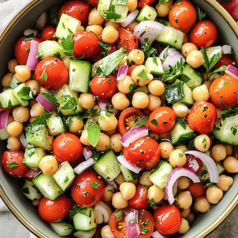 - 1 can (15 oz) chickpeas, thoroughly drained and rinsed - 1 can (15 oz) cannellini beans, thoroughly drained and rinsed - 2 cups cherry tomatoes, halved lengthwise - 1 small red onion, finely diced - 1 cucumber, peeled and diced into small cubes - 1/2 cup fresh parsley, finely chopped - 1/4 cup fresh basil, finely chopped - 3 tablespoons extra virgin olive oil - 2 tablespoons balsamic vinegar - 1 clove garlic, minced into a paste - Salt and freshly ground black pepper to taste - Crumbled feta cheese - Avocado slices - Bell peppers for added crunch When making a Tomato and Herby Bean Salad, the ingredients are key. Each item adds its own unique taste and texture. The chickpeas and cannellini beans are your main proteins. They make the salad hearty and filling. The cherry tomatoes bring a juicy burst of flavor. Their sweetness balances the other ingredients. The red onion adds a nice sharpness, while the cucumber gives a fresh crunch. Fresh parsley and basil bring vibrant herbal notes that brighten every bite. The extra virgin olive oil and balsamic vinegar make a simple yet tasty dressing. Garlic enhances the flavor, adding depth. Do not forget salt and pepper. They are vital for bringing all these flavors together. You can also customize your salad with optional add-ins. Crumbled feta adds creaminess, while avocado gives a rich texture. Bell peppers provide extra crunch and color. This combination creates a beautiful and tasty dish. For the full recipe, check the section above! - Add chickpeas and cannellini beans to a large mixing bowl. - Incorporate halved cherry tomatoes, diced red onion, and cucumber. I love starting with the base. The chickpeas and cannellini beans give this salad a great protein boost. They also add a nice creamy texture. Next, the cherry tomatoes bring in a burst of sweetness. The red onion adds a crisp bite, while the cucumber gives a refreshing crunch. Together, these ingredients make the perfect mix. - Whisk together olive oil, balsamic vinegar, and minced garlic in a small bowl. - Season the dressing with salt and pepper to taste. Now, let’s make the dressing. I whisk together the olive oil, balsamic vinegar, and minced garlic until they blend smoothly. This dressing balances the salad with tang and richness. Don’t forget to taste it! A pinch of salt and a dash of pepper can elevate the flavors. - Drizzle the dressing over the bean and vegetable mixture. - Gently fold in the chopped parsley and basil. Once the dressing is ready, drizzle it over the beans and veggies. I like to fold everything together gently. This way, I avoid mashing the beans. The fresh parsley and basil add a herby brightness, which makes the salad even more inviting. - Taste and adjust seasoning as needed. - Let sit for 15 minutes at room temperature to enhance flavors. After combining, I always taste the salad. If it needs more salt or pepper, I add it in. Then, I let it sit for about 15 minutes at room temperature. This resting time helps all the flavors come together beautifully. You can find the full recipe to guide you through these steps. Enjoy your fresh and flavorful creation! - Letting the salad sit longer helps the flavors mix well. - Fresh lemon juice adds a bright, zesty touch. - Serve the salad in a large, shallow bowl for a beautiful display. - Top with extra herbs or crumbled feta for a nice finish. - Chop and prepare all ingredients ahead for quick assembly. - Cut vegetables into similar sizes for a neat look. Use these tips to elevate your Tomato and Herby Bean Salad. For the full recipe, check the earlier section! {{image_4}} You can switch up the beans in this salad. Replace chickpeas or cannellini beans with black beans or pinto beans. This change gives your salad a new taste and feel. If you want a homemade touch, try using dried beans. Just soak and cook them first for the best results. Herbs make this salad shine! You can try using cilantro or mint instead of parsley and basil. Each herb offers a unique flavor that can change the whole dish. If fresh herbs aren’t around, you can use dried herbs. Just use less, as dried herbs are stronger than fresh ones. To make this salad vegan, simply skip the feta cheese. It still tastes great without it! If you need to avoid gluten, look for gluten-free vinegar options. This way, everyone can enjoy this fresh and tasty dish. To keep your Tomato and Herby Bean Salad fresh, place it in an airtight container in the fridge. This helps lock in flavors and maintain crispness. It’s wise to store the dressing separately. This keeps the veggies crunchy and prevents sogginess. For the best taste, enjoy your salad within 2-3 days. The flavors will blend and deepen, making it taste even better. However, the veggies may lose their crunch over time, so eat it sooner rather than later. Freezing this salad isn't a good idea. Fresh ingredients change texture when frozen. Instead, you might freeze individual servings of beans. This way, you can add them to other meals later without losing quality. You can make this salad ahead by preparing the salad and dressing separately. Store them in airtight containers. Mix them together just before serving. This keeps the salad fresh and flavorful. Yes! You can easily add grilled chicken or tofu for extra protein. This addition makes the salad more filling and satisfying. You can also try adding boiled eggs or nuts for a different twist. Absolutely! This salad is perfect for meal prep. It stays fresh for days in the fridge. Just remember to store the dressing separately to keep the veggies crunchy. This salad pairs well with grilled meats like chicken or fish. It also works great as a side dish for any main meal. You can serve it with burgers, steaks, or even pasta dishes for a complete meal. This blog outlined a fresh and tasty Tomato and Herby Bean Salad. It covered essential ingredients, preparation steps, and tips to enhance flavor. You can add your favorite proteins or herbs to customize it. Proper storage helps maintain its freshness. This salad is perfect for meal prep and pairs well with many dishes. Enjoy making it your own!