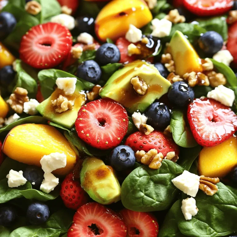 - 4 cups fresh baby spinach, thoroughly washed - 1 cup strawberries, halved - 1 cup blueberries, rinsed - 1 ripe peach, diced into bite-sized pieces - 1 avocado, diced for creaminess - 1/4 cup feta cheese, crumbled for a salty bite - 1/4 cup walnuts, toasted for crunch - 2 tablespoons honey for natural sweetness - 2 tablespoons balsamic vinegar for tang - 1 tablespoon olive oil for richness - Salt and freshly cracked pepper to taste In this salad, fresh baby spinach serves as a light base. For sweetness, I love using strawberries, blueberries, and ripe peaches. They add color and flavor. The creamy avocado gives a rich texture, while feta cheese adds a lovely saltiness. To bring it all together, I use toasted walnuts for a crunchy bite. They also provide healthy fats. For the dressing, mix honey, balsamic vinegar, and olive oil. This blend creates a sweet and tangy sauce that ties the salad together. Lastly, I sprinkle salt and pepper for seasoning. This simple touch enhances the flavors without overpowering them. You can find the full recipe within this article to enjoy this fresh and tasty dish! 1. Start by washing the fresh baby spinach. Rinse it well to remove dirt. Use a salad spinner or pat it dry with a kitchen towel. 2. Next, chop the fruits. Cut the strawberries in half, dice the peach, and cube the avocado. Aim for bite-sized pieces to make eating easier. 3. Now, prepare the dressing. In a small bowl, mix together honey, balsamic vinegar, and olive oil. Whisk until smooth. 1. Layer the salad components. Place the spinach at the base of a large bowl. Add the chopped strawberries, blueberries, peach, and avocado on top. 2. Drizzle the dressing over the salad. Use all of it for full flavor. Toss gently with tongs to coat everything evenly. 1. Add toppings and seasoning. Sprinkle crumbled feta cheese and toasted walnuts on top for crunch and flavor. 2. Season with a pinch of salt and freshly cracked pepper. Give it a final gentle toss to mix without mashing the avocado. 3. For serving, use individual bowls for a pretty display. Garnish with whole berries and a sprig of fresh mint for extra flair. Choosing ripe fruits and vegetables is key for taste. Look for vibrant colors and firm textures. For fruits, the smell is also important. If it smells sweet, it’s likely ripe. For spinach, choose bright green leaves, free from yellow spots. Always wash your produce well. Rinse under cold water to remove dirt and germs. Use a gentle scrub brush for firm-skinned fruits. This step keeps your salad safe and fresh. Adjusting the dressing ingredients can make a big difference. Add more honey for sweetness or balsamic vinegar for tang. You can even mix in some mustard for a zesty kick. Fresh herbs add a burst of flavor. Chopped basil or mint can brighten your salad and enhance the taste. Just a little goes a long way in making your dish pop. Pair this salad with grilled chicken or fish for a full meal. It also goes great with crusty bread. For a cool treat, chill the salad before serving. Refrigerate it for about 30 minutes. This step makes the flavors meld together beautifully. Serve in individual bowls for a fun presentation. Garnish with whole berries and a sprig of mint for a touch of elegance. Enjoy every bite of this refreshing dish! {{image_4}} You can change the fruits in this salad for a new taste. Try using watermelon for a juicy bite. Kiwi adds a nice tang and bright color. Seasonal fruits like nectarines or raspberries also work well. This keeps your salad fresh and exciting all summer long. Feta cheese adds a salty kick, but you can switch it up. Goat cheese offers a creamy texture that's just as tasty. If you prefer non-dairy, try a cashew cheese or a vegan feta. Each choice brings a different flavor to the dish. The dressing can change the whole salad vibe. A lemon vinaigrette gives a zesty twist, while a honey mustard adds some sweetness. You can easily make dressings at home or grab a good store-bought one. Just ensure it complements your salad well. For the full recipe, check out the complete guide above. Enjoy experimenting with these variations! To store leftovers, place your salad in an airtight container. This keeps it fresh for up to three days. I recommend using glass containers. They help maintain the crispness of the spinach and fruits. For long-term storage, avoid freezing the entire salad. Instead, freeze individual components. You can freeze the spinach and fruits separately. This way, you can use them later in smoothies or other dishes. To maintain freshness, ensure everything is dry before freezing. Use freezer-safe bags or containers to prevent freezer burn. Enjoy leftover salad cold for a refreshing bite. If you prefer warm, gently heat it in a pan for a few minutes. You can also use salad remnants in wraps or sandwiches. Transform them into a quick filling for a delicious lunch. Remember to add a splash of dressing to revive the flavors. For more tips, check out the Full Recipe for creative ideas! To wash spinach, fill a large bowl with cold water. Submerge the spinach and swish it around. This helps loosen dirt and grit. Repeat this process until the water looks clean. Then, lift the spinach out and place it on a clean kitchen towel. Pat it dry gently. This method keeps your greens fresh and clean. Yes, you can prepare this salad ahead of time. However, I recommend keeping the dressing separate until serving. This way, the spinach stays crisp. You can chop the fruits and store them in the fridge. Combine everything just before you eat for the best taste. Fruits that pair well with spinach include strawberries, blueberries, peaches, and apples. Their sweet and tangy flavors enhance the salad. You can also try citrus fruits like oranges or pomegranates for a fresh twist. Each fruit adds a unique taste and texture. The salad stays fresh for about 2 days in the fridge. Store it in an airtight container. If you added dressing, it may get soggy faster. To keep it fresh longer, add the dressing right before serving. Yes, this salad can be made vegan. Simply omit the feta cheese or replace it with a vegan alternative. You can also use maple syrup instead of honey for sweetness. This way, everyone can enjoy a tasty and healthy dish! For the full recipe, check out the link above. This blog post shared a vibrant salad recipe packed with fruits and greens. You learned to choose fresh ingredients like spinach, strawberries, and peaches, and how to prepare them. I covered tips for enhancing flavors and even storage options. In conclusion, this salad is versatile and fun. You can mix and match ingredients to suit your taste. Enjoy creating your own delicious, healthy meals!