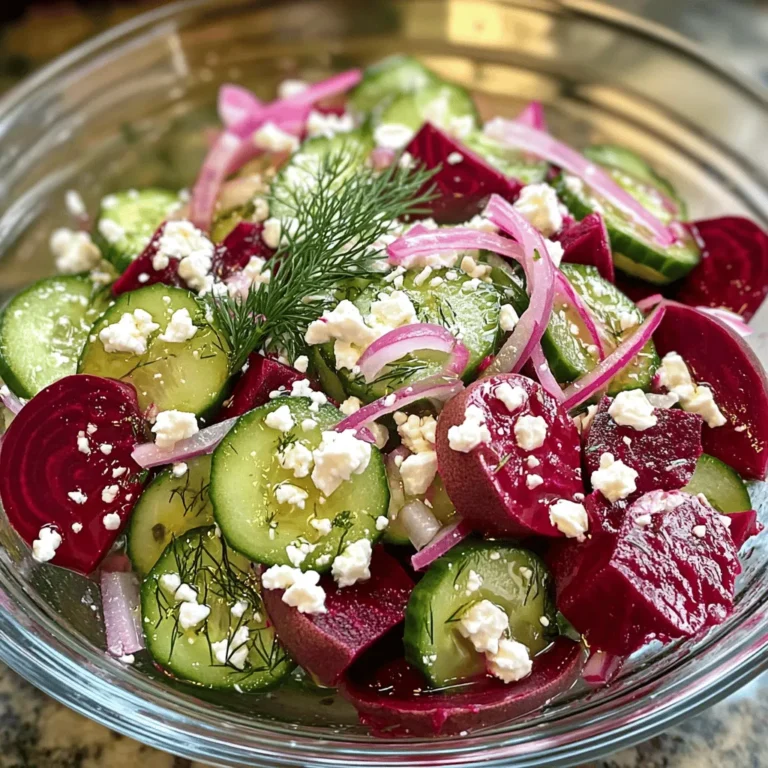 To create a vibrant and tasty salad, gather these main ingredients: - 2 medium beets, roasted and diced - 1 large cucumber, diced - 1 cup feta cheese, crumbled - 1/4 red onion, finely sliced - 1/4 cup fresh dill, chopped - 2 tablespoons olive oil - 2 tablespoons apple cider vinegar - Salt and pepper to taste These ingredients work together to create a fresh and colorful dish. The roasted beets add sweetness, while the feta brings a creamy, salty touch. The crisp cucumber balances the flavors beautifully. You can enhance the salad with these optional ingredients: - 1 tablespoon honey (for a touch of sweetness) - A squeeze of lemon juice (for extra brightness) - Chopped nuts, like walnuts or almonds (for crunch) Adding these ingredients can elevate your salad. Honey provides a nice contrast to the tang of feta. Lemon juice adds a zesty kick. Nuts offer texture and depth. If you have dietary needs or preferences, consider these substitutions: - Use goat cheese instead of feta for a different flavor. - Swap the olive oil for avocado oil if you prefer. - Substitute apple cider vinegar with balsamic vinegar for a sweeter taste. These substitutions allow you to customize the salad to your liking. You can make it dairy-free, nut-free, or adjust the flavors to suit your palate. For the full recipe, check out the Beet & Feta Cucumber Delight. To start, I roast the beets. Preheat your oven to 400°F (200°C). Clean the beets under running water. Wrap each beet tightly in foil. Place them directly on the oven rack. Roast for about 45-60 minutes. You will know they are ready when a fork goes in easily. After roasting, take them out and let them cool a bit. Once cool, peel off the skin and cut the beets into small cubes. Next, I mix the salad base. In a large bowl, combine the diced roasted beets, diced cucumber, crumbled feta cheese, finely sliced red onion, and chopped fresh dill. I stir gently. I want to mix them well without mashing the feta. The colors in this salad look beautiful and fresh. Now, let’s make the dressing. In a small jar, I mix olive oil, apple cider vinegar, and honey if I want a bit of sweetness. I add salt and pepper for flavor. I put the lid on the jar and shake it well. If I don’t have a jar, I can whisk the ingredients in a bowl. This dressing is light and enhances the salad’s flavor. For the full recipe, check out the complete instructions. Roasting beets brings out their natural sweetness. Here’s how to do it right: - Preheat your oven to 400°F (200°C). - Clean the beets well to remove dirt. - Wrap each beet tightly in aluminum foil. - Place them on the oven rack. - Roast for 45-60 minutes, or until fork-tender. - Let them cool before peeling and dicing. This method keeps the beets juicy and full of flavor. A soggy salad is a no-go! Here are some tips to keep things crisp: - Always dry your vegetables after washing. - Add the dressing just before serving. - Use fresh ingredients that are in season. - Consider serving the salad on a chilled plate. These steps help maintain that fresh crunch. Presentation matters! Here’s how to wow your guests: - Use a clear glass bowl to show off those vibrant colors. - Layer the ingredients for a beautiful effect. - Top with extra feta and a sprig of dill for flair. - Serve immediately for the best taste and look. This will make your dish stand out and impress everyone at the table. {{image_4}} You can turn this salad into a full meal by adding protein. Grilled chicken or shrimp pairs well with the flavors. For a vegetarian option, try chickpeas or lentils. Cooked quinoa also adds a nice touch. These proteins not only make the dish filling but also boost its nutritional value. Feel free to mix in seasonal vegetables. In spring, add radishes for a crunchy bite. Summer brings fresh bell peppers for color and taste. In fall, roasted sweet potatoes enhance the flavor. Each season offers unique veggies to keep the dish exciting and fresh. You can easily customize your salad with flavor boosters. Try adding nuts for crunch, like walnuts or pecans. A sprinkle of lemon zest brightens the taste. For a spicy kick, toss in some sliced jalapeños. Experiment with fresh herbs, like mint or parsley, to give your salad a twist. Don't forget to check the Full Recipe for the base ingredients and steps! You can store leftover salad in an airtight container. This keeps it fresh and safe. Make sure to place it in the fridge. It’s best to avoid adding the dressing if you plan to store it. This way, the salad stays crisp. For meal prep, prepare the beets and cucumber ahead of time. Store them separately until you are ready to mix. This keeps them fresh and crunchy. You can also make the dressing in advance. Just shake it well before using. Roasted beets can last about five days in the fridge. Cucumber stays fresh for three to four days. Feta cheese should be used within a week after opening. If stored properly, the salad can stay good for up to five days. For full recipe details, you can check the Beet & Feta Cucumber Delight recipe. Yes, you can use canned beets. They save time and are convenient. Just make sure to drain them well. Canned beets are often softer than fresh ones. This can change the salad's texture. If you prefer a firmer bite, fresh beets are better. However, canned beets still taste great in this salad. A block of feta cheese is best. It has a better texture than crumbled feta. Look for a creamy or tangy feta for great depth of flavor. Greek feta is a popular choice due to its rich taste. If you want a milder flavor, try Bulgarian feta. You can keep the salad for about three days. Store it in an airtight container. The flavors will blend more over time. However, the vegetables may lose some crunch. For the best taste, eat it within two days. You can find the full recipe for more details on preparation and serving suggestions. This blog post covered all you need for a Beet and Feta Cucumber Salad. We explored key ingredients and how to prepare them. I shared tips for roasting beets and keeping your salad fresh. You also learned fun ways to customize your salad, plus storage tips for leftovers. In summary, this salad is easy, tasty, and flexible. Try different flavors to make it your own. Enjoy the fresh taste and nutrient-packed goodness!