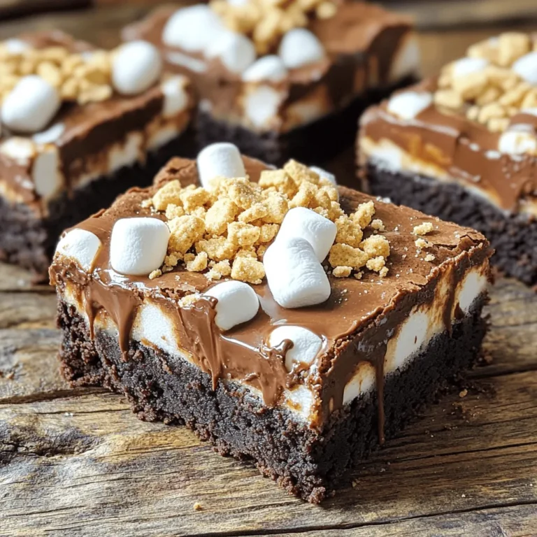 To make S'mores Brownies, gather these ingredients: - 1 cup unsalted butter (2 sticks) - 2 cups granulated sugar - 4 large eggs - 1 teaspoon pure vanilla extract - 1 cup all-purpose flour - 1 cup unsweetened cocoa powder - 1/2 teaspoon baking powder - 1/4 teaspoon fine sea salt - 1 cup semi-sweet chocolate chips - 1 cup mini marshmallows (plus extra for topping) - 1 cup crushed graham crackers (divided) These ingredients create a rich brownie base, layered with chocolate, marshmallows, and graham crackers. You can add fun toppings to your S'mores Brownies: - Extra mini marshmallows for a toasted finish - A drizzle of chocolate sauce for richness - A dusting of powdered sugar for a sweet touch - A scoop of vanilla ice cream for creaminess These enhancements bring an extra layer of joy to each bite. If you have dietary needs, here are some easy swaps: - Use coconut oil instead of butter for a dairy-free option. - Substitute flax eggs for regular eggs for a vegan version. - Use gluten-free flour to make these brownies gluten-free. These substitutions keep the flavor and joy intact while catering to your needs. For the full recipe, check the provided details! First, preheat your oven to 350°F (175°C). This heat gets the brownies baking just right. Next, grab a 9x13 inch baking pan. You can grease it lightly or line it with parchment paper. Lining helps with easy removal later. Start by melting 1 cup of unsalted butter in a medium saucepan over low heat. Once it’s melted, take it off the heat. Stir in 2 cups of granulated sugar until it looks shiny and well mixed. Let this cool a bit. Now, add 4 large eggs one at a time. Whisk each egg in fully before adding the next one. Don’t forget the 1 teaspoon of pure vanilla extract. Mix until smooth. In another bowl, whisk together 1 cup of all-purpose flour, 1 cup of unsweetened cocoa powder, 1/2 teaspoon of baking powder, and 1/4 teaspoon of fine sea salt. This step is key for the best brownie texture. After that, gently fold the dry mix into the wet mix. Stir just until combined; it’s okay if some lumps stay. Finally, fold in 1 cup of semi-sweet chocolate chips. Pour half of the brownie batter into your prepared pan, spreading it evenly. Next, sprinkle half of the crushed graham crackers over this layer. Then, add half of the mini marshmallows. This creates a lovely s’mores layer. After that, pour the rest of the brownie batter on top and smooth it out. Finish by sprinkling the remaining graham crackers and mini marshmallows on top. This will make a delicious topping that toasts in the oven. Place the pan in your preheated oven and bake for 30-35 minutes. To check if they are done, insert a toothpick. It should come out with a few moist crumbs but no wet batter. Let the brownies cool in the pan for about 20 minutes before cutting them into squares. For a full recipe, check out the S'mores Brownies Delight. To get that perfect brownie texture, focus on mixing. Combine the wet and dry ingredients just until you see no dry flour. Overmixing leads to tough brownies. Remember, a few lumps are okay! Also, using fresh ingredients helps a lot. Fresh eggs and cocoa make your brownies rich and tasty. Layering is key to a great s'mores brownie. Start with half of the brownie batter in the pan. Then, add half of the crushed graham crackers, followed by half of the mini marshmallows. Repeat this process. This way, every bite is a surprise of gooey marshmallow and crunchy graham cracker. Make sure to spread the final layer of batter gently over the top. Cooling the brownies is very important. Let them sit in the pan for about 20 minutes. This makes them easier to cut. Use a sharp knife for clean edges. For a fun finish, top each piece with extra mini marshmallows and drizzle some chocolate sauce. You can also dust them with powdered sugar for a sweet touch. For the full recipe, check out the details above. {{image_4}} You can change the type of chocolate in these brownies. Instead of semi-sweet chocolate chips, try dark or milk chocolate. Dark chocolate gives a rich flavor. Milk chocolate adds sweetness and creaminess. You can even mix different types for a fun twist. Nuts can add crunch to your brownies. Chopped walnuts, pecans, or almonds work well. You can also try adding coconut flakes or toffee bits. Mix these in when you add the chocolate chips. This way, you get a tasty surprise in every bite! Want to switch up the flavors? Add a few drops of mint extract for a fresh twist. For a nutty taste, mix in some peanut butter. You can swirl peanut butter into the batter before baking. This makes your brownies even more special. Feel free to experiment. The ideas are endless! For the complete S'mores Brownies recipe, check the Full Recipe. To keep your S'mores brownies fresh, place them in an airtight container. This helps maintain their moistness. If you cut the brownies into squares, layer parchment paper between the pieces. This keeps them from sticking together. Store the container in a cool, dry place, like a kitchen cabinet. The brownies will stay tasty for up to a week. If you want them to last longer, freezing is a great option. Freezing S'mores brownies is easy. First, let them cool completely. Then, wrap each brownie square in plastic wrap. For extra protection, place the wrapped brownies in a freezer bag or airtight container. This prevents freezer burn. You can freeze the brownies for up to three months. When you're ready to enjoy them, simply take them out and let them thaw at room temperature. To enjoy your brownies warm, preheat the oven to 350°F (175°C). Place the brownies on a baking sheet and heat for about 10 minutes. This warms them without drying them out. You can also use the microwave. Heat each brownie for 10-15 seconds, but keep an eye on them. You want them warm, not hot. Serve them with a scoop of vanilla ice cream for a real treat! Yes, you can make S'mores Brownies ahead of time. I often bake them a day before a party. Just let them cool completely, then cover them tightly. This way, they stay fresh and tasty. When it's time to serve, warm them slightly in the oven. This makes the chocolate and marshmallows gooey once again! If you don't have graham crackers, don't worry! You can use crushed cookies instead. Oreos or digestive biscuits work well as a substitute. Just crush them into small pieces, and use them in the same way. The flavor will change a bit, but they will still taste great! To check if the brownies are done, insert a toothpick into the center. If it comes out with a few moist crumbs, they are perfect. If the toothpick has wet batter on it, they need more time. Bake them for 30-35 minutes, but keep an eye on them near the end. You want that perfect, fudgy texture! This blog post covered how to make delicious s'mores brownies. We discussed the exact ingredients and optional toppings for your recipe. I shared step-by-step instructions that make it easy to follow. You learned tips for perfect texture and cutting brownies nicely. We also explored fun variations and storage tricks. These brownies are tasty and fun to make. Now, grab your ingredients and start baking. Your sweet treat awaits!