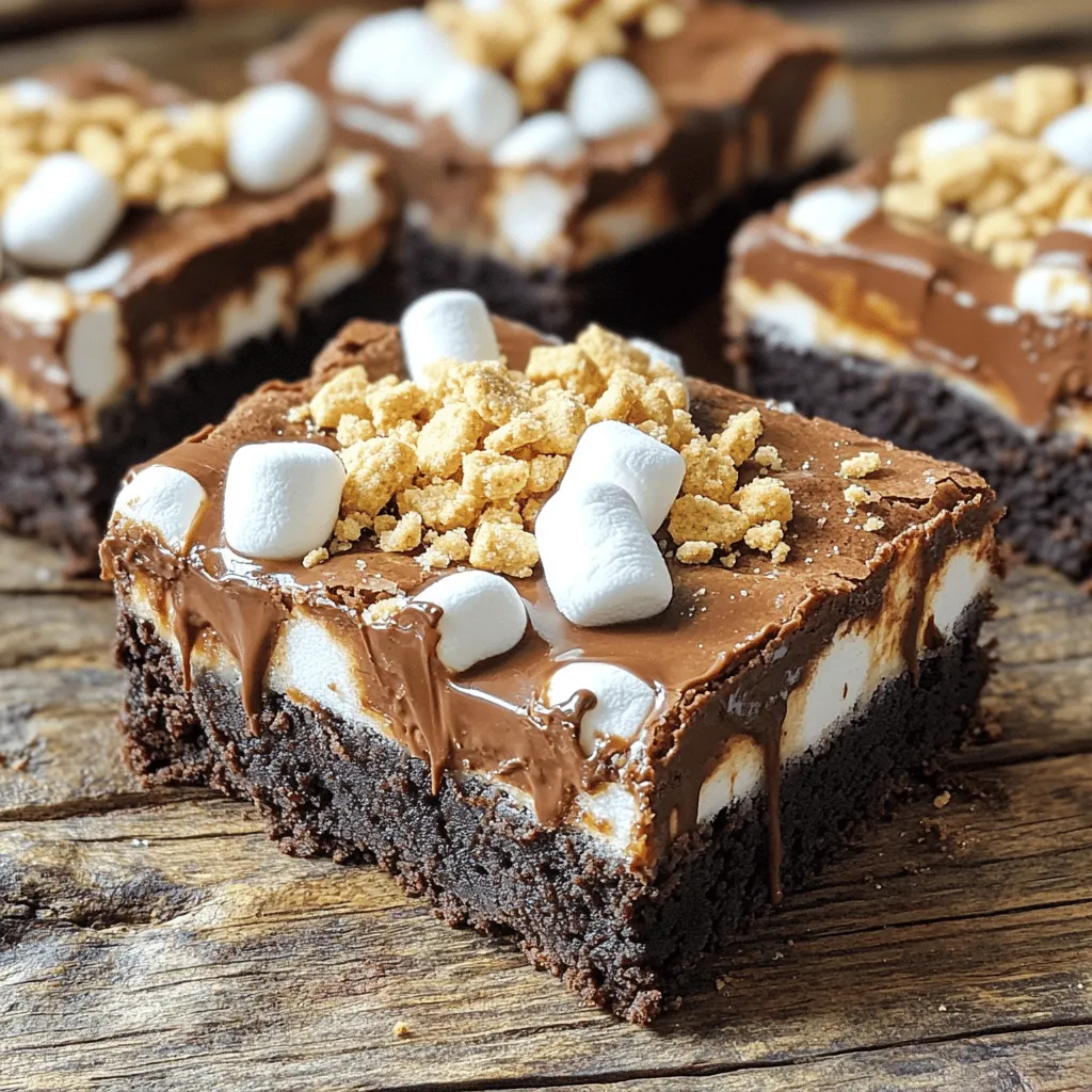 To make S'mores Brownies, gather these ingredients: - 1 cup unsalted butter (2 sticks) - 2 cups granulated sugar - 4 large eggs - 1 teaspoon pure vanilla extract - 1 cup all-purpose flour - 1 cup unsweetened cocoa powder - 1/2 teaspoon baking powder - 1/4 teaspoon fine sea salt - 1 cup semi-sweet chocolate chips - 1 cup mini marshmallows (plus extra for topping) - 1 cup crushed graham crackers (divided) These ingredients create a rich brownie base, layered with chocolate, marshmallows, and graham crackers. You can add fun toppings to your S'mores Brownies: - Extra mini marshmallows for a toasted finish - A drizzle of chocolate sauce for richness - A dusting of powdered sugar for a sweet touch - A scoop of vanilla ice cream for creaminess These enhancements bring an extra layer of joy to each bite. If you have dietary needs, here are some easy swaps: - Use coconut oil instead of butter for a dairy-free option. - Substitute flax eggs for regular eggs for a vegan version. - Use gluten-free flour to make these brownies gluten-free. These substitutions keep the flavor and joy intact while catering to your needs. For the full recipe, check the provided details! First, preheat your oven to 350°F (175°C). This heat gets the brownies baking just right. Next, grab a 9x13 inch baking pan. You can grease it lightly or line it with parchment paper. Lining helps with easy removal later. Start by melting 1 cup of unsalted butter in a medium saucepan over low heat. Once it’s melted, take it off the heat. Stir in 2 cups of granulated sugar until it looks shiny and well mixed. Let this cool a bit. Now, add 4 large eggs one at a time. Whisk each egg in fully before adding the next one. Don’t forget the 1 teaspoon of pure vanilla extract. Mix until smooth. In another bowl, whisk together 1 cup of all-purpose flour, 1 cup of unsweetened cocoa powder, 1/2 teaspoon of baking powder, and 1/4 teaspoon of fine sea salt. This step is key for the best brownie texture. After that, gently fold the dry mix into the wet mix. Stir just until combined; it’s okay if some lumps stay. Finally, fold in 1 cup of semi-sweet chocolate chips. Pour half of the brownie batter into your prepared pan, spreading it evenly. Next, sprinkle half of the crushed graham crackers over this layer. Then, add half of the mini marshmallows. This creates a lovely s’mores layer. After that, pour the rest of the brownie batter on top and smooth it out. Finish by sprinkling the remaining graham crackers and mini marshmallows on top. This will make a delicious topping that toasts in the oven. Place the pan in your preheated oven and bake for 30-35 minutes. To check if they are done, insert a toothpick. It should come out with a few moist crumbs but no wet batter. Let the brownies cool in the pan for about 20 minutes before cutting them into squares. For a full recipe, check out the S'mores Brownies Delight. To get that perfect brownie texture, focus on mixing. Combine the wet and dry ingredients just until you see no dry flour. Overmixing leads to tough brownies. Remember, a few lumps are okay! Also, using fresh ingredients helps a lot. Fresh eggs and cocoa make your brownies rich and tasty. Layering is key to a great s'mores brownie. Start with half of the brownie batter in the pan. Then, add half of the crushed graham crackers, followed by half of the mini marshmallows. Repeat this process. This way, every bite is a surprise of gooey marshmallow and crunchy graham cracker. Make sure to spread the final layer of batter gently over the top. Cooling the brownies is very important. Let them sit in the pan for about 20 minutes. This makes them easier to cut. Use a sharp knife for clean edges. For a fun finish, top each piece with extra mini marshmallows and drizzle some chocolate sauce. You can also dust them with powdered sugar for a sweet touch. For the full recipe, check out the details above. {{image_4}} You can change the type of chocolate in these brownies. Instead of semi-sweet chocolate chips, try dark or milk chocolate. Dark chocolate gives a rich flavor. Milk chocolate adds sweetness and creaminess. You can even mix different types for a fun twist. Nuts can add crunch to your brownies. Chopped walnuts, pecans, or almonds work well. You can also try adding coconut flakes or toffee bits. Mix these in when you add the chocolate chips. This way, you get a tasty surprise in every bite! Want to switch up the flavors? Add a few drops of mint extract for a fresh twist. For a nutty taste, mix in some peanut butter. You can swirl peanut butter into the batter before baking. This makes your brownies even more special. Feel free to experiment. The ideas are endless! For the complete S'mores Brownies recipe, check the Full Recipe. To keep your S'mores brownies fresh, place them in an airtight container. This helps maintain their moistness. If you cut the brownies into squares, layer parchment paper between the pieces. This keeps them from sticking together. Store the container in a cool, dry place, like a kitchen cabinet. The brownies will stay tasty for up to a week. If you want them to last longer, freezing is a great option. Freezing S'mores brownies is easy. First, let them cool completely. Then, wrap each brownie square in plastic wrap. For extra protection, place the wrapped brownies in a freezer bag or airtight container. This prevents freezer burn. You can freeze the brownies for up to three months. When you're ready to enjoy them, simply take them out and let them thaw at room temperature. To enjoy your brownies warm, preheat the oven to 350°F (175°C). Place the brownies on a baking sheet and heat for about 10 minutes. This warms them without drying them out. You can also use the microwave. Heat each brownie for 10-15 seconds, but keep an eye on them. You want them warm, not hot. Serve them with a scoop of vanilla ice cream for a real treat! Yes, you can make S'mores Brownies ahead of time. I often bake them a day before a party. Just let them cool completely, then cover them tightly. This way, they stay fresh and tasty. When it's time to serve, warm them slightly in the oven. This makes the chocolate and marshmallows gooey once again! If you don't have graham crackers, don't worry! You can use crushed cookies instead. Oreos or digestive biscuits work well as a substitute. Just crush them into small pieces, and use them in the same way. The flavor will change a bit, but they will still taste great! To check if the brownies are done, insert a toothpick into the center. If it comes out with a few moist crumbs, they are perfect. If the toothpick has wet batter on it, they need more time. Bake them for 30-35 minutes, but keep an eye on them near the end. You want that perfect, fudgy texture! This blog post covered how to make delicious s'mores brownies. We discussed the exact ingredients and optional toppings for your recipe. I shared step-by-step instructions that make it easy to follow. You learned tips for perfect texture and cutting brownies nicely. We also explored fun variations and storage tricks. These brownies are tasty and fun to make. Now, grab your ingredients and start baking. Your sweet treat awaits!