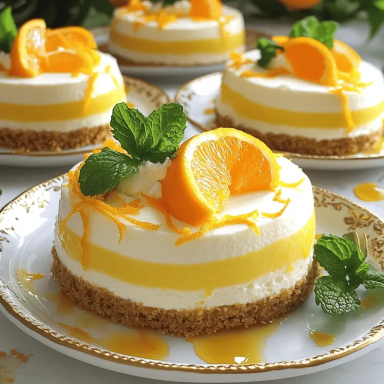 To make the No-Bake Orange Creamsicle Cheesecake, you need a few key items. Here is the list: - 1 ½ cups graham cracker crumbs - ¼ cup granulated sugar - ½ cup unsalted butter, melted - 16 oz cream cheese, softened - ¾ cup powdered sugar - 2 teaspoons pure vanilla extract - 1 cup heavy whipping cream - ½ cup freshly squeezed orange juice (about 2 large oranges) - Zest of 1 large orange These ingredients come together to create a rich and creamy dessert that tastes just like an orange creamsicle. You can enhance the flavor with a little extra twist. Consider adding: - ¼ teaspoon orange extract (optional for extra flavor) This small addition can bring out a stronger orange taste, making the cheesecake even more delightful. To craft this cheesecake, you will need a few essential tools: - A 9-inch springform pan - An electric mixer - Mixing bowls - A spatula Having these tools ready makes the process smooth and easy. The springform pan helps you easily remove the cheesecake once it’s set. For the full details on how to assemble this dish, check out the Full Recipe. To start, gather your ingredients. You need graham cracker crumbs, granulated sugar, and melted unsalted butter. In a medium mixing bowl, combine the graham cracker crumbs and sugar. Mix them well. Next, pour in the melted butter. Stir until the mixture looks like wet sand and clumps together. This is your crust base. Now, take a 9-inch springform pan. Press the crumb mixture firmly into the bottom. Use the back of a measuring cup or your fingers for this. Make sure it is even and compact. Once done, place the pan in the refrigerator. Let it chill while you prepare the filling. Now, let’s move on to the filling. You will need softened cream cheese, powdered sugar, and vanilla extract. In a large mixing bowl, beat the softened cream cheese with an electric mixer on medium speed. Mix until it is smooth and creamy. Then, gradually add the powdered sugar and vanilla extract. Keep mixing until there are no lumps at all. Next, add the freshly squeezed orange juice and orange zest. If you want an extra kick, add the optional orange extract. Continue to mix until everything is silky smooth. In a separate bowl, whip the heavy cream using an electric mixer on high speed. You want to whip it until stiff peaks form. This will make your filling light and airy. Now, gently fold the whipped cream into the cream cheese mixture. Use a spatula for this. Be careful not to deflate the whipped cream. Mix until fully combined and smooth. Spoon the creamy filling over your chilled crust. Spread it evenly with a spatula to make a smooth top. Cover the cheesecake with plastic wrap. Refrigerate it for at least 4 hours, but overnight is best. This helps it set properly. For the complete recipe, you can check the Full Recipe. To keep your cheesecake fluffy, mix the cream cheese slowly. Start at a low speed to avoid lumps. Gradually increase the speed to blend in the sugar and vanilla. When adding the whipped cream, gently fold it in. This keeps the air in and ensures a light texture. Use a spatula to carefully combine the mixtures without deflating them. Chill the cheesecake for at least four hours. For the best results, let it sit overnight. This helps the flavors blend and the cheesecake to set properly. If you can wait longer, it will taste even better. A well-chilled cheesecake has a firmer structure, making it easier to slice. For a stunning look, garnish your cheesecake with fresh orange zest. You can also add orange segments on top for color. Serve each slice on decorative plates. Drizzle with homemade orange syrup or fresh cream for an elegant touch. A sprig of mint adds a nice pop of green and freshness. Check out the Full Recipe to see how to create this delightful dessert! {{image_4}} You can add fun twists to your cheesecake. Try using lemon or lime zest for a fresh taste. You can also swap the orange extract for almond or coconut. This change gives your dessert a unique flavor. If you want a richer taste, mix in some finely chopped chocolate. This can make your cheesecake even more exciting! If you need a gluten-free option, use gluten-free graham crackers for the crust. Many brands offer these now. For a healthier sweetener, swap granulated sugar with honey or maple syrup. You can even try using stevia or monk fruit for low-sugar options, keeping the taste delightful without the extra sugar. Pair your cheesecake with fresh fruit or a drizzle of chocolate sauce. Berries, like strawberries or raspberries, add a nice touch. You can also serve it with whipped cream or a scoop of vanilla ice cream. For a fun twist, try adding a sprinkle of crushed nuts on top. This adds a crunchy texture that complements the creamy filling. Want to explore more? Check out the Full Recipe for detailed steps! To keep your No-Bake Orange Creamsicle Cheesecake fresh, store it in the fridge. First, cover the cheesecake tightly with plastic wrap. This helps prevent it from absorbing any other odors. Place it on a flat surface to keep its shape. It’s best to chill it for at least four hours before serving. If you have leftovers, they will stay fresh in the fridge. If you want to freeze the cheesecake, start by chilling it first. Once set, slice it into pieces. Wrap each slice tightly in plastic wrap, then place them in an airtight container. This method keeps the flavors intact. To thaw, move the cheesecake to the fridge for a few hours before serving. Avoid thawing it at room temperature, as it can lose texture. When stored properly, your cheesecake will last up to five days in the fridge. If frozen, it can last for about two months. After that, it may lose flavor and texture. Always check for signs of spoilage before enjoying it. Storing it well is key to keeping that delightful flavor intact. Enjoy your creamy treat! Yes, you can use a store-bought graham cracker crust. It saves time and effort. Just make sure it fits a 9-inch springform pan. This option works well if you want a quick dessert. You can prepare the cheesecake a day in advance. Follow the recipe, then chill it overnight. This helps the flavors blend and firm up. Just remember to cover it with plastic wrap to keep it fresh. Absolutely! You can use lemon juice or even a mix of other fruit juices. Just keep the same amount. The flavor will change, but it will still be delicious. You now know how to make a delicious cheesecake. I covered the key ingredients, including cream cheese and orange juice. I shared step-by-step instructions for the crust and filling. Tips helped you achieve the perfect texture and enhance flavor variations. I also provided storage and serving options. With this knowledge, you can create a wonderful dessert for any occasion. Enjoy crafting your cheesecake masterpiece!