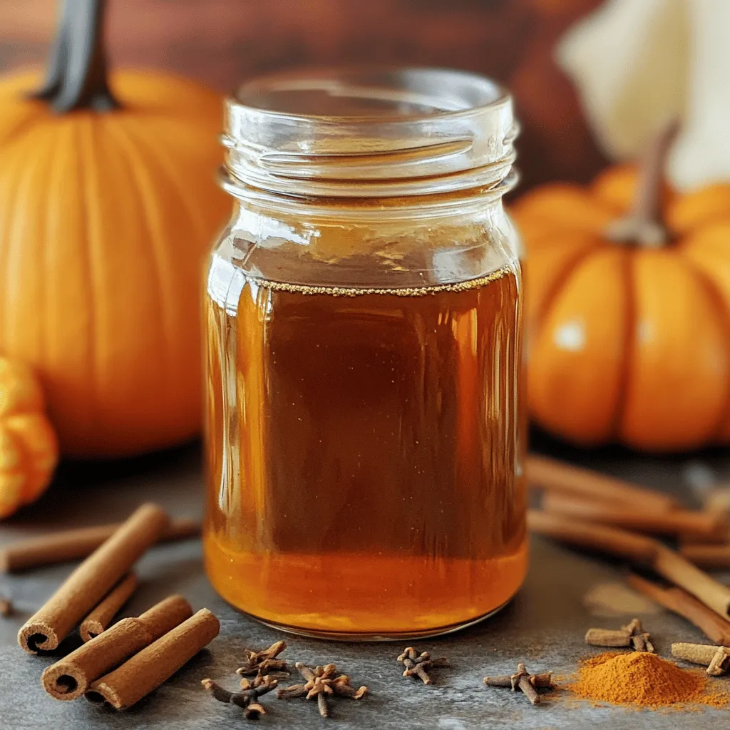 To create the perfect Premium Pumpkin Spice Syrup, you need key ingredients that work together. Here’s what you’ll use: - 1 cup pumpkin puree: This gives your syrup a rich pumpkin flavor. Use canned or homemade for convenience. - 2 cups water: Water forms the base of the syrup, helping dissolve the sugars. - 1 cup brown sugar: This adds depth and a caramel-like sweetness. - 1 cup granulated sugar: This sweetens the syrup, balancing the flavors. - 1 tablespoon vanilla extract: It enhances the overall taste with warmth. - 2 teaspoons pumpkin pie spice: A mix of spices that brings out the fall flavor. - 1/2 teaspoon ground cinnamon: This adds a warm, sweet note. - 1/4 teaspoon ground nutmeg: It gives a hint of earthiness. - 1/4 teaspoon ground ginger: This adds a touch of spice. - Pinch of salt: Helps to balance the sweetness. When choosing these ingredients, opt for high-quality items. Look for organic pumpkin puree and fresh spices. They bring out the best flavors. To elevate your syrup, consider these optional ingredients: - Maple syrup: Use it in place of some granulated sugar for a unique twist. - Cloves: A pinch can add a warm, spicy kick. - Almond extract: This can replace vanilla for a different flavor profile. For those with allergies, opt for: - Coconut sugar: A great substitute for brown and granulated sugars. - Honey or agave syrup: These can serve as natural sweeteners. You will need a few simple tools to make your syrup: - Medium saucepan: This is where you’ll combine all your ingredients. - Wooden spoon or whisk: Use this to stir the mixture until smooth. - Fine-mesh sieve: This helps strain out any solids for a smooth syrup. - Bottle or jar: Choose a clean container to store your finished syrup. Make sure your tools are clean and ready. This will help you create a delicious syrup with ease. To make your Premium Pumpkin Spice Syrup, start by gathering your ingredients. You need: - 1 cup pumpkin puree (either canned or homemade) - 2 cups water - 1 cup brown sugar (packed) - 1 cup granulated sugar - 1 tablespoon vanilla extract - 2 teaspoons pumpkin pie spice - 1/2 teaspoon ground cinnamon - 1/4 teaspoon ground nutmeg - 1/4 teaspoon ground ginger - Pinch of salt In a medium saucepan, combine the pumpkin puree and water. Heat this mixture over medium heat. Stir well to make sure the pumpkin puree blends smoothly with the water. This creates a nice base for your syrup. Next, gradually add both sugars to the saucepan. Keep stirring until they dissolve completely. This is key to getting a smooth syrup. When the sugars are gone, mix in the vanilla extract and spices. Stir well to spread the flavors evenly throughout the syrup. Now, turn the heat up slightly. Let the mixture come to a gentle simmer. This means you should see small bubbles rising to the surface. Simmer for about 15 to 20 minutes. Stir occasionally to prevent sticking. Be careful not to let it boil hard, as that can change the syrup's texture. As it cooks, the flavors will blend and the syrup will thicken. When your syrup reaches the right thickness, remove it from the heat. Let it cool for a few minutes in the saucepan. Now, it’s time to strain the syrup. Use a fine-mesh sieve to remove any solids. This ensures you have a smooth syrup. Pour the strained syrup into a clean bottle or jar. Allow the syrup to cool completely before sealing it. Store it in the refrigerator. It will stay fresh for up to three weeks. For more details, check the Full Recipe. To make the best pumpkin spice syrup, avoid these common mistakes: - Not stirring enough: Stir well to blend flavors and avoid chunks. - Skipping the straining step: Straining helps achieve smooth syrup. - Overcooking: Keep an eye on the heat to prevent burning. You can adjust sweetness and spice levels by: - Adding more sugar for a sweeter syrup. - Mixing in more pumpkin pie spice for a stronger flavor. - Tasting while cooking to find your perfect balance. To make your syrup even better, consider adding these spices: - Cloves for warmth. - Allspice for depth. - Cardamom for a unique twist. Pair your syrup with these beverages and desserts: - Coffee: A splash in your morning brew. - Lattes: Create a fall-inspired pumpkin spice latte. - Pancakes: Drizzle it over stacks for a tasty breakfast treat. Cleaning up after making syrup can be simple: - Soak pots and utensils right after use to loosen sticky bits. - Use hot water and soap to wash the saucepan and spoon. You can reuse leftover ingredients: - Pumpkin puree can be added to smoothies or baked goods. - Spices can be saved for future recipes. For the Full Recipe, please refer to the earlier section. {{image_4}} You can change the spices in your pumpkin spice syrup to fit your taste. Try mixing in allspice or cardamom for a new flavor. Each spice brings a unique twist. You can also explore seasonal spices. For example, nutmeg works great in winter, while citrus zest adds brightness in spring. If you want to switch up the sweeteners, there are many options. Natural sweeteners like honey or maple syrup can be great. They add different tastes and may even be healthier. If you prefer sugar substitutes, use them wisely. For example, stevia or agave can work well. Just remember to adjust the amount since they can be sweeter than sugar. Get creative with how you use the syrup! You can drizzle it over pancakes or waffles for a fall breakfast treat. Mix it into coffee or hot chocolate for a cozy drink. It also tastes great in desserts like ice cream or cakes. The syrup pairs well with cinnamon rolls, cupcakes, and even oatmeal. For an extra fun twist, try adding it to smoothies or yogurt. Your taste buds will thank you for experimenting! You can find the full recipe above to get started. To keep your premium pumpkin spice syrup fresh, choose the right container. I recommend using a glass jar or bottle with a tight lid. This helps seal in flavor and keep out air. Store the syrup in the refrigerator. It will stay good for up to three weeks. To maximize shelf life, keep it away from light and heat. These factors can break down the syrup faster. Always make sure to use a clean spoon when serving. This prevents contamination and helps it last longer. Look for some red flags to know if your syrup is bad. If you see mold, it’s time to toss it out. A change in color or a sour smell is also a sign. If the syrup has a thick layer of foam on top, that’s not good either. To dispose of bad syrup, pour it down the sink and wash the container. You can also compost any pumpkin bits if you made your syrup from scratch. Want to keep your syrup for even longer? Freezing is a smart option! Pour the syrup into ice cube trays. Once frozen, transfer the cubes into a freezer bag. This way, you can enjoy pumpkin spice all year long. Another method is canning. Use sterilized jars and a water bath canner. Fill jars with hot syrup, leaving some space at the top. Seal them well and process in boiling water for about 10 minutes. This can keep your syrup tasty for months. For the full recipe, check out the earlier section. Happy cooking! You can use Premium Pumpkin Spice Syrup in many tasty ways. It adds flavor to drinks like coffee, lattes, and smoothies. You can drizzle it on pancakes, waffles, or French toast. It also works well in desserts, like ice cream or cakes. This syrup brings a warm, cozy taste to everything. Homemade pumpkin spice syrup lasts about three weeks in the fridge. Store it in a clean, airtight container for the best freshness. Check for any changes in color or smell before using. If it looks or smells off, it's best to throw it out. Yes, you can make this syrup vegan easily. Substitute brown sugar and granulated sugar with coconut sugar or maple syrup. These options keep the flavor rich without using animal products. Make sure to use a plant-based vanilla extract as well. To adjust the sweetness, simply add more or less sugar. Start with half a cup of sugar and taste. If you want it sweeter, add more a little at a time. You can also use natural sweeteners like honey or agave syrup for a different flavor. In this article, we explored how to make premium pumpkin spice syrup from scratch. I shared key ingredients, tips for equipment, and step-by-step instructions. You learned how to enhance flavors and store the syrup effectively. Remember, making your syrup allows you to control the taste and quality. With a few simple tricks, you can create a delightful addition to your drinks and desserts. Enjoy experimenting with flavors and finding the perfect recipe for your taste!