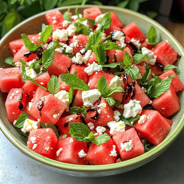 - Watermelon: 4 cups of seedless watermelon, cut into bite-sized cubes - Feta Cheese: 1 cup of creamy feta cheese, crumbled into small pieces - Fresh Herbs: 1/2 cup of fresh mint leaves, roughly chopped - Balsamic Glaze: 1/4 cup for drizzle - Olive Oil: 1 tablespoon of extra-virgin olive oil - Lime Juice: Juice of 1 fresh lime - Salt and Pepper: To taste I love using fresh watermelon in this salad. The juicy sweetness of watermelon pairs perfectly with the salty feta cheese. When you bite into the watermelon, it feels like summer. The mint leaves add a nice touch of freshness. For the dressing, balsamic glaze brings a rich flavor. A little olive oil adds smoothness, while lime juice gives it a bright kick. Don’t forget to add salt and pepper to bring out all the flavors. This salad is quick to make and very tasty. You can find the Full Recipe to help you create this fresh and flavorful delight. - Combine Watermelon and Feta In a large mixing bowl, add 4 cups of watermelon cubes and 1 cup of crumbled feta cheese. Mix them gently to keep the texture nice. - Add Mint Leaves and Toss Next, add 1/2 cup of chopped mint leaves. Toss everything lightly. This lets the flavors mix well without breaking the cheese or watermelon. - Whisk Together Balsamic Glaze, Olive Oil, Lime Juice, Salt, and Pepper In a small bowl, whisk together 1/4 cup of balsamic glaze, 1 tablespoon of olive oil, and the juice of 1 lime. Add a pinch of salt and some freshly ground pepper. Mix until it’s smooth and well combined. - Drizzle Dressing Over Salad Pour the dressing over the watermelon and feta mixture. Use a gentle motion to coat everything evenly. - Adjust Seasoning to Taste Taste your salad now. If it needs more flavor, add a bit more salt or pepper. - Transfer to Serving Platter Finally, move the salad to a nice serving platter. Arrange it to make it look pretty. Enjoy the fresh and vibrant colors! For the complete recipe, check out the [Full Recipe]. - Use a shallow bowl for serving. It makes the salad look lovely and inviting. - Garnish with whole mint leaves on top. This adds a nice pop of color. - Consider adding cucumber for crunch. It pairs well with the sweet watermelon. - You can also add red onion for a bit of bite. Adjust the amount based on your taste. - Feel free to tweak the dressing. If you like it sweeter, add more balsamic glaze. If you prefer it tangy, add more lime juice. - This salad goes great with grilled meats. Try it alongside chicken or steak. - It’s also perfect as a side dish for picnics or barbecues. - Serve it as a light lunch. Just add some crusty bread for a complete meal. For the full recipe, check out the [Full Recipe]. {{image_4}} You can change the feta cheese to goat cheese or ricotta. Both options add a creamy taste. Goat cheese gives a tangy flavor that pairs well with watermelon. Ricotta offers a mild and smooth touch. These swaps can keep the salad exciting. You can also switch up the herbs. Try using fresh basil or cilantro instead of mint. Basil brings a sweet and aromatic taste, while cilantro adds a bright and zesty kick. Both options elevate the salad in unique ways. If you want a vegan or dairy-free version, skip the feta cheese. Use avocado instead for creaminess. You can also try dairy-free feta made from nuts. This keeps the salad fresh and vibrant while meeting dietary needs. For gluten-free eaters, this salad is a perfect choice. All the ingredients are naturally gluten-free. You can enjoy this dish without worry while savoring its flavor. You can add seasonal fruits or vegetables for a new twist. In summer, try adding fresh berries for sweetness. In fall, diced apples can add a crisp bite. You can also mix in cucumbers for extra crunch during warm months. Each season brings new flavors to explore in your salad. After making this salad, store it in a tight container. Keep it in the fridge. The salad tastes best fresh. However, it can last for 1 to 2 days. The watermelon stays juicy, and the feta stays creamy. If you notice the mint wilting, use it up quickly. You should not freeze watermelon feta salad. Freezing changes the texture of the watermelon. It becomes mushy when thawed. Feta also does not freeze well. Enjoy this salad fresh for the best taste. You do not need to reheat this salad. If you have leftovers, just refresh it. Add a touch of olive oil and a squeeze of lime juice. This brightens the flavors again. Toss gently to combine. Enjoy the flavors as if it were fresh! You can make the salad ahead of time. However, I suggest you wait to add the dressing until just before serving. This keeps the watermelon fresh and crisp. You can prep the watermelon, feta, and mint a few hours in advance. Just store them in the fridge in separate containers. This way, everything stays fresh and delicious. This salad pairs well with many dishes. Here are some tasty ideas: - Grilled chicken or fish for a light meal. - A fresh baguette or pita bread for a fun crunch. - Quinoa or couscous salad for extra fiber. - A light soup like gazpacho for a refreshing combo. These options add flavor and balance to your meal, making it even more enjoyable. Choosing the right watermelon is key to a great salad. Here are some easy tips: - Look for a watermelon that feels heavy for its size. - Check for a uniform shape; avoid any that are flat or irregular. - Find a creamy yellow spot on the bottom. This means it ripened on the ground. - Tap the watermelon; it should sound hollow. - Lastly, avoid any bruises or soft spots. With these tips, you can find a sweet and juicy watermelon for your salad. For the full recipe, check out the details above. This blog post covered the ingredients and steps for making a delicious watermelon feta salad. You learned about choosing fresh watermelon, the best cheese, and seasoning tips. I shared ideas for easy variations and how to store the salad safely. Remember, this dish pairs well with grilled meats and can be tailored to your taste. So, feel free to experiment with different herbs and dressings. Enjoy this refreshing salad at your next meal!