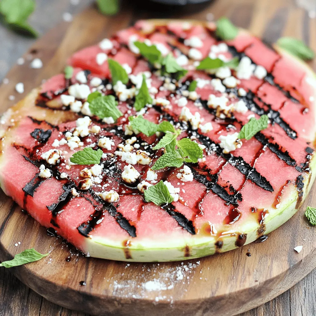 To make a delicious Watermelon Feta Slab Pizza, gather these key ingredients: - 1 large seedless watermelon - 1 cup crumbled feta cheese - 1/4 cup fresh mint leaves, finely chopped - 1/4 cup balsamic glaze - 1/4 cup extra virgin olive oil - 1 teaspoon sea salt - 1/2 teaspoon freshly ground black pepper These ingredients create a fresh and light dish. The sweet watermelon pairs perfectly with salty feta. You can enhance your pizza with these optional garnishes: - Fresh basil leaves Basil adds a lovely aroma and color. It makes the dish even more appealing. You will need some basic kitchen tools: - A grill or grill pan - A sharp knife - A cutting board - Paper towels Having these items ready will make your cooking process smooth and easy. With the right ingredients and tools, you can create a stunning Watermelon Feta Slab Pizza that impresses everyone. For the full recipe, please refer to the earlier instructions. First, wash your watermelon to remove dirt. Slice it into 1-inch thick slabs. Make sure each slab is rectangular. Remove the green rind from all sides. This creates the pizza-like base for your dish. Next, pat each slab dry with a paper towel. This step absorbs extra moisture and helps the grilling process. Now it’s time to grill! Drizzle olive oil over each slab. Sprinkle sea salt and black pepper evenly on top. Preheat your grill or grill pan to medium-high heat. Once hot, place the watermelon slabs on the grill. Grill them for about 3-4 minutes on each side. Look for nice grill marks and a slight softness. Be careful not to let them fall apart. After grilling, take them off the heat and let them cool slightly. This helps with topping them later. Now, let’s add toppings! Spread crumbled feta cheese over the warm watermelon slabs. The heat from the watermelon will melt the feta a bit, making it creamy. Next, drizzle balsamic glaze over the feta. This adds a sweet and tangy flavor. Then, sprinkle finely chopped mint leaves on top. This gives a fresh taste that pairs well with the sweet watermelon. For an extra touch, add fresh basil leaves as a garnish. Finally, cut each slab into pieces for serving. Enjoy your flavorful treat right away for the best taste! For the complete recipe, refer to the Full Recipe section. To get the best flavor, choose a fresh, ripe watermelon. Cut the watermelon into 1-inch thick slabs. Make sure to remove the green rind. This helps the watermelon grill better. Pat each slab dry with a paper towel to soak up extra water. This step is key for great grill marks. Preheat your grill to medium-high heat. Place the slabs on the grill for 3-4 minutes on each side. Look for nice grill marks and a soft texture. Remove them and let them cool before adding toppings. Seasoning is crucial for boosting flavor. Start with olive oil, sea salt, and black pepper. Drizzle olive oil over each slab for richness. Sprinkle sea salt evenly to enhance the natural sweetness. The black pepper adds a touch of heat that balances the flavors. After grilling, add crumbled feta cheese while the slabs are still warm. This slight melting makes the feta creamier and more delicious. Finish with balsamic glaze for a sweet and tangy kick that ties everything together. A beautiful presentation makes your dish appealing. Use a large platter to display the watermelon slabs. Arrange them neatly and leave space for garnishes. Scatter fresh basil leaves around the slabs for color. This adds a pop of green that looks great. Serve with extra balsamic glaze on the side. This allows guests to drizzle more as they like. Cut the slabs into smaller pieces for easy serving. Each piece should have a bit of watermelon, feta, and mint for the best bite. Enjoy the vibrant colors and fresh flavors! {{image_4}} If you want to change up the cheese, goat cheese works well. It has a creamy texture and a tangy taste. You can also use ricotta for a lighter option. Both cheeses will give your dish a great flavor. If you prefer a stronger taste, try blue cheese. You can customize your Watermelon Feta Slab Pizza based on the season. In summer, add fresh cucumber slices for crunch. In fall, thinly sliced apples add a sweet and crisp touch. You can also mix in pomegranate seeds for a burst of flavor. They add a nice pop of color too. To make a vegan version, replace feta with a plant-based cheese. Many brands offer vegan feta that mimics the taste of the real thing. You can also make your own with nuts and herbs. Use a balsamic reduction to keep that great flavor. This way, everyone can enjoy this tasty treat. For the full recipe, check out the Watermelon Feta Slab Pizza . To store leftover watermelon feta slab pizza, first, cover it tightly with plastic wrap. You can also use a large, airtight container. This keeps the flavors fresh and prevents drying out. Store it in the fridge for up to three days. If you leave it uncovered, the watermelon will lose its crispness and flavor. Reheating watermelon feta slab pizza can be tricky since watermelon is best fresh. If you want to warm it up, use a skillet over low heat. This method keeps the watermelon juicy. Just heat it for a few minutes on each side. You can also serve it cold, which is refreshing in hot weather. Add a bit of extra balsamic glaze before serving to boost flavor. The shelf life of watermelon feta slab pizza is about three days in the fridge. To keep it fresh, avoid adding toppings until you're ready to serve. This helps maintain the best texture and taste. If you notice any signs of spoilage, such as a mushy texture or off smell, it's best to discard it. Enjoy your pizza while it's still fresh for the best experience! Watermelon Feta Slab Pizza is a fun and fresh dish. It uses thick watermelon slices as the base, topped with creamy feta cheese, mint, and balsamic glaze. The combination gives you a sweet and savory flavor that’s perfect for summer gatherings. You grill the watermelon slices to add a smoky taste, enhancing the overall experience. This dish is light, colorful, and perfect for any occasion. Yes, you can prepare Watermelon Feta Slab Pizza in advance! It’s best to grill the watermelon slabs ahead of time. Once they cool, you can store them in the fridge. Just wait to add the feta cheese, mint, and glaze until right before serving. This keeps the flavors fresh and the textures perfect. You can quickly assemble it when guests arrive. There are many great side dishes to serve with Watermelon Feta Slab Pizza. Here are a few ideas: - Grilled vegetables, like zucchini or bell peppers - A light green salad with a citrus vinaigrette - Quinoa salad with herbs and lemon - Stuffed pita with hummus and cucumber - Fresh fruit salad with berries and melons These sides complement the flavors of the pizza well and add more variety to your meal. Watermelon feta slab pizza brings a fun twist to summer meals. We covered key ingredients, like sweet watermelon and tangy feta. The step-by-step guide showed how to grill and assemble it perfectly. I shared tips to enhance flavors and impress your guests. Variations let you switch ingredients for your taste. Remember to store leftovers right for the best taste later. Experiment, enjoy, and make this dish your own. You'll impress everyone with this unique, tasty treat!