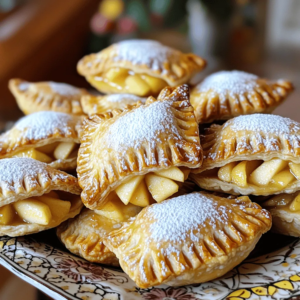 - Apples: I love using Granny Smith or Honeycrisp apples for their balance of sweet and tart flavors. Granny Smith offers a nice tanginess, while Honeycrisp brings a juicy sweetness. Both hold their shape well when cooked, making them perfect for hand pies. - Pie Crust: You can choose between homemade or store-bought pie crusts. If you're short on time, I recommend using a good quality refrigerated pie crust, like those from Pillsbury. For a fun challenge, make your own crust. This adds a personal touch to your hand pies. - Spices and Flavorings: For the filling, I suggest using 1 teaspoon of ground cinnamon, 1/4 cup of granulated sugar, and 1 tablespoon of fresh lemon juice. The lemon juice brightens the flavor. Adjust sugar to taste, depending on your apples’ sweetness. A pinch of salt enhances all the flavors too. - Properly measuring ingredients: For best results, use a dry measuring cup for sugar and a liquid measuring cup for lemon juice. Level off the sugar with a knife for accuracy. This helps balance the flavors in your filling. - Trustworthy brands for pie crusts: If you decide on store-bought, I often recommend brands like Marie Callender’s or Trader Joe’s. They offer great taste and texture, making your mini pies a breeze to prepare. - Freshness tips for apples: Choose firm apples, free from bruises. Store them in a cool, dry place. If you can, use them within a week of buying for the best flavor and texture in your hand pies. To start, mix the apples with sugar, cinnamon, lemon juice, cornstarch, and a pinch of salt. This step is key. It helps the apples soak up the sugar and spices. Stir until the apples are coated well. Let the mixture sit for about 15 minutes. This waiting time allows the flavors to blend together nicely. Next, roll out the pie crusts. Unroll them on a clean, floured surface. Use a rolling pin to smooth out the crusts. Make them a bit thinner, which helps them bake better. For cutting the dough, use a round cutter or a glass about 4-5 inches wide. Cut circles from the dough. You can gather the scraps. Re-roll them to cut out more circles. This way, you waste less dough. Now, it’s time to fill the pies. Place about 1-2 tablespoons of the apple filling in the center of each circle. Be careful not to overfill. If you do, the pies might burst in the oven. To seal the pies, fold each dough circle over to form a half-moon shape. Press the edges tightly together. Use a fork to crimp the edges. This helps keep the filling inside. Set your oven to 400°F (200°C) to preheat. Line a baking sheet with parchment paper. Space the hand pies apart on the sheet. Bake them for 20-25 minutes. Look for a lovely golden brown color. The sweet aroma of apples will fill your kitchen, letting you know they are almost ready. To get a golden crust, follow these simple steps. First, roll out your pie crust evenly. This helps it bake uniformly. Next, apply an egg wash. Mix one egg with a bit of milk. Brush it on your hand pies before baking. This gives them a lovely shine and color. Mini apple hand pies taste great with ice cream or whipped cream. A scoop of vanilla ice cream adds creaminess. For a festive touch, arrange the pies on a colorful platter. You can sprinkle powdered sugar on top for extra sweetness. A common mistake is overfilling the pies. Keep the filling to 1-2 tablespoons. If you add too much, they may burst open while baking. Another mistake is not preheating the oven. Always set it to 400°F (200°C) before baking. This ensures even cooking and a nice rise. {{image_4}} To make mini apple hand pies healthier, consider using whole wheat crust. Whole wheat adds fiber and a nutty taste. It makes your pies more filling and nutritious. You can also switch out granulated sugar for healthier sweeteners. Try honey or maple syrup. They add a unique flavor and can be less processed. Adding nuts or dried fruit to the filling enhances the taste. Chopped walnuts or pecans give a nice crunch. Dried cranberries or raisins add sweetness and chewiness. You can also experiment with spices like nutmeg or ginger. These spices add warmth and depth to each bite. Just a pinch can make a big difference. You can adapt this recipe for other fruits too. Berries like blueberries or strawberries work well. Stone fruits like peaches and cherries are also great choices. Mixing fruits can create an interesting twist. Try apples with raspberries for a sweet and tart surprise. For the full recipe, check out the detailed steps above. Once you finish your mini apple hand pies, you may have some left. To keep them fresh, place them in an airtight container. This helps avoid moisture and keeps the crust crisp. Store them in the fridge for up to three days. If you want to keep them longer, freezing is a great option. To freeze mini apple hand pies, let them cool completely first. Then, wrap each pie in plastic wrap. After that, place them in a freezer bag or container. This way, you can enjoy them later! They can last up to three months in the freezer. When you’re ready to eat your mini apple hand pies, reheating them is easy. You can use an oven for the best results. Preheat your oven to 350°F (175°C). Place the hand pies on a baking sheet and cover them with foil. This helps keep them warm and prevents over-browning. Heat for about 10-15 minutes. If you want to avoid soggy crusts, skip the microwave. The microwave can make the crust soft. Instead, stick with the oven method. You’ll enjoy a flaky, crispy crust that way. For a fun twist, try serving them with a scoop of vanilla ice cream. This adds a delightful touch to your tasty treats. You can find the full recipe above to make your own mini apple hand pies! To make mini apple hand pies, start with the filling. Mix diced apples with sugar, cinnamon, lemon juice, cornstarch, and salt. Let it sit for 15 minutes to blend flavors. Next, roll out pie crusts and cut circles. Fill each circle with apple filling and fold into half-moons. Seal the edges with a fork. Brush with egg wash and bake at 400°F for 20-25 minutes. For the full recipe, check the section above. Yes, you can prepare mini apple hand pies ahead of time. Make the filling and dough, then store them separately in the fridge for up to 24 hours. You can also assemble the pies and freeze them before baking. Just remember to bake them straight from the freezer, adding a few extra minutes to the baking time. Granny Smith and Honeycrisp apples are excellent choices for pies. Granny Smith offers a nice tartness, while Honeycrisp adds sweetness. Combining these apples gives a balanced flavor. You want a mix of sweet and tart to make your hand pies really pop. Store mini apple hand pies in an airtight container at room temperature for up to two days. For longer storage, freeze them in a zip-top bag. To reheat, place them in a preheated oven at 350°F for about 10-15 minutes. This keeps the crust crispy and the filling warm. You can find ready-made mini apple hand pies at many grocery stores. Brands like Marie Callender's and Trader Joe's often carry them in their frozen sections. Local bakeries may also offer fresh options, especially during apple season. Yes, you can make gluten-free mini apple hand pies. Use gluten-free pie crusts available in stores or make your own with gluten-free flour blends. You may need to adjust the moisture level. The filling can stay the same, as apples and spices are naturally gluten-free. Mini apple hand pies are a delightful treat. You learned about the key ingredients, like sweet apples and pie crust options. I shared tips on measuring, preparing the filling, and baking to perfection. Remember to avoid common mistakes that can ruin your pies. Feel free to explore variations with nuts or different fruits. Store your leftovers wisely to enjoy later. With these steps, it's easy to create delicious hand pies at home. Get ready to impress your family and friends with your baking skills!