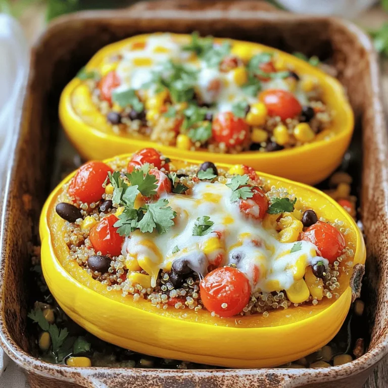For a tasty stuffed yellow squash, gather these key ingredients: - 4 medium yellow squash - 1 cup quinoa, rinsed - 2 cups vegetable broth - 1 cup cherry tomatoes, halved - 1 cup black beans, rinsed and drained - 1 cup corn kernels (fresh or frozen) - 1 teaspoon cumin - 1 teaspoon smoked paprika - ½ teaspoon garlic powder - ½ teaspoon onion powder - ½ cup shredded cheese (cheddar or Monterey Jack) - 2 tablespoons olive oil - Salt and pepper to taste - Fresh cilantro, chopped, for garnish You can enhance the dish by adding: - Diced bell peppers for crunch - Chopped onions for sweetness - Fresh herbs like basil or parsley - A squeeze of lime juice for brightness Make sure you have these tools ready: - A sharp knife for slicing the squash - A spoon for scooping out the seeds - A baking dish to hold the squash halves - A medium saucepan for cooking quinoa - A mixing bowl for combining the filling - Aluminum foil for covering the dish while baking Having all these ingredients and tools will make your cooking process smooth and enjoyable. The stuffed yellow squash is a great way to explore new flavors and impress your family and friends. For the full recipe, check out the instructions in the next section. Start by preheating your oven to 375°F (190°C). This step is key for perfect cooking. Next, take your medium yellow squash and slice them in half lengthwise. Use a spoon to scoop out the seeds. This creates hollow boats for your filling. Place the squash halves cut side up in a baking dish. Make sure they sit nicely without tipping over. In a medium saucepan, combine 1 cup of rinsed quinoa and 2 cups of vegetable broth. Bring this mixture to a rolling boil. Then, reduce the heat to low. Cover the saucepan and let it simmer for about 15 minutes. You want the quinoa to be fluffy and the liquid fully absorbed. Once done, transfer the cooked quinoa to a mixing bowl. Add 1 cup of halved cherry tomatoes, 1 cup of black beans, and 1 cup of corn kernels. Sprinkle in 1 teaspoon of cumin, 1 teaspoon of smoked paprika, ½ teaspoon of garlic powder, and ½ teaspoon of onion powder. Mix well and season with salt and pepper to taste. Don't forget to add half of the shredded cheese! Now, it's time to fill the squash. Use a spoon to carefully pack the quinoa mixture into each squash half. Let the filling mound slightly above the edges. Drizzle 2 tablespoons of olive oil over the stuffed squash to keep them moist. Cover your baking dish tightly with aluminum foil. Bake in the preheated oven for 25 minutes. After that, remove the foil and sprinkle the remaining shredded cheese on top. Return the dish to the oven and bake uncovered for another 10 minutes. You want the cheese to be melted and bubbling. Check that the squash is tender. Once baked, let the stuffed squash cool slightly. Garnish with fresh cilantro before serving. For the full recipe, check above. Start by washing the yellow squash. Use a sharp knife to slice each squash in half lengthwise. Hold the squash steady on a cutting board. Cut carefully to avoid injury. Once halved, use a spoon to scoop out the seeds. Aim for a depth of about half an inch. This gives you enough space for the filling. To boost the taste of your stuffed squash, use spices. I recommend cumin, smoked paprika, garlic powder, and onion powder. Each adds a unique flavor profile. You can also try fresh herbs like basil or oregano for a fresh touch. Don’t forget salt and pepper. These basics elevate the overall taste of your dish. Cooking times are key for tender squash. Start baking the squash covered for 25 minutes at 375°F (190°C). This helps the squash cook evenly. After that, remove the foil and add cheese. Bake uncovered for an additional 10 minutes. This step will melt the cheese and finish cooking the squash. Check with a fork to see if it’s tender. Enjoy your delicious stuffed yellow squash! {{image_4}} You can easily make stuffed yellow squash vegetarian or vegan. For a vegetarian twist, use cheese made from dairy. If you want it vegan, swap the cheese for a dairy-free version. Nutritional yeast can give a cheesy flavor without dairy. You can also add more veggies like spinach or bell peppers. These choices keep the dish fresh and healthy. For protein, consider using ground turkey or tofu. Ground turkey adds a savory taste. Just brown it in a pan before mixing it with the other filling ingredients. If you prefer tofu, use firm tofu for a nice texture. Crumble it into the mixture after pressing out excess water. Both options make your meal hearty and satisfying. To keep this dish gluten-free, check your seasonings. Most spices are gluten-free, but always verify the labels. If you want to add breadcrumbs, use gluten-free options instead. Quinoa is already gluten-free and makes a great base. These simple swaps ensure everyone can enjoy this tasty meal. For the complete recipe, refer to the Full Recipe section. Store leftover stuffed squash in an airtight container. Make sure it cools down first. Keep it in the fridge for up to three days. This helps maintain the flavor and texture. You can also wrap them tightly in plastic wrap if you prefer. To reheat, place the stuffed squash in the oven. Set it to 350°F (175°C). Heat for about 15-20 minutes. You can also use the microwave. Just heat on medium for 2-3 minutes. Cover it with a damp paper towel to keep it moist. If you want to save stuffed squash for later, freezing is a great option. First, let the squash cool completely. Wrap each piece in plastic wrap tightly. Then, place the wrapped squash in a freezer bag. This keeps out air and prevents freezer burn. You can freeze it for up to three months. When you are ready to eat, thaw it in the fridge overnight before reheating. You can prepare Stuffed Yellow Squash in advance. First, follow the recipe to the point of filling the squash. Then, cover the dish with foil and refrigerate it. This keeps the flavors fresh. When you are ready to eat, just bake it. You may need to add a few extra minutes to the cooking time. Absolutely! You can mix and match vegetables in the stuffing. Some great options are bell peppers, zucchini, or mushrooms. Just make sure to chop them finely. This way, they cook evenly. You can also add spinach or kale for more nutrition. Feel free to be creative! Stuffed squash pairs well with many sides. A fresh garden salad adds crunch and color. You can also serve it with a side of rice or quinoa. For a heartier meal, try garlic bread or roasted vegetables. These sides complement the flavors of the stuffed squash nicely. You can check the squash by poking it with a fork. If it goes in easily, the squash is done. The cheese on top should be golden and bubbly. The squash should feel tender but not mushy. If it's still firm, give it a few extra minutes in the oven. - 4 medium yellow squash - 1 cup quinoa, rinsed - 2 cups vegetable broth - 1 cup cherry tomatoes, halved - 1 cup black beans, rinsed and drained - 1 cup corn kernels (fresh or frozen) - 1 teaspoon cumin - 1 teaspoon smoked paprika - ½ teaspoon garlic powder - ½ teaspoon onion powder - ½ cup shredded cheese (cheddar or Monterey Jack) - 2 tablespoons olive oil - Salt and pepper to taste - Fresh cilantro, chopped, for garnish You can add a splash of lime juice for zest. Chopped bell peppers or jalapeños can boost the heat. For a kick, include a pinch of cayenne pepper. Don't forget to use fresh herbs like parsley or basil for a fresh taste. You will need: - A sharp knife for cutting - A spoon for scooping out seeds - A medium saucepan for cooking quinoa - A mixing bowl for combining the filling - A baking dish for cooking the stuffed squash - Aluminum foil to cover the dish during baking Stuffed yellow squash is a tasty dish that anyone can love. We covered the main and optional ingredients, tools you'll need, and step-by-step instructions to make them. We also shared tips to enhance flavor and variations to suit different diets. Finally, we discussed how to store leftovers and answered common questions. With this guide, you can enjoy cooking stuffed squash with ease. Get ready to create a delicious meal that fits your taste!