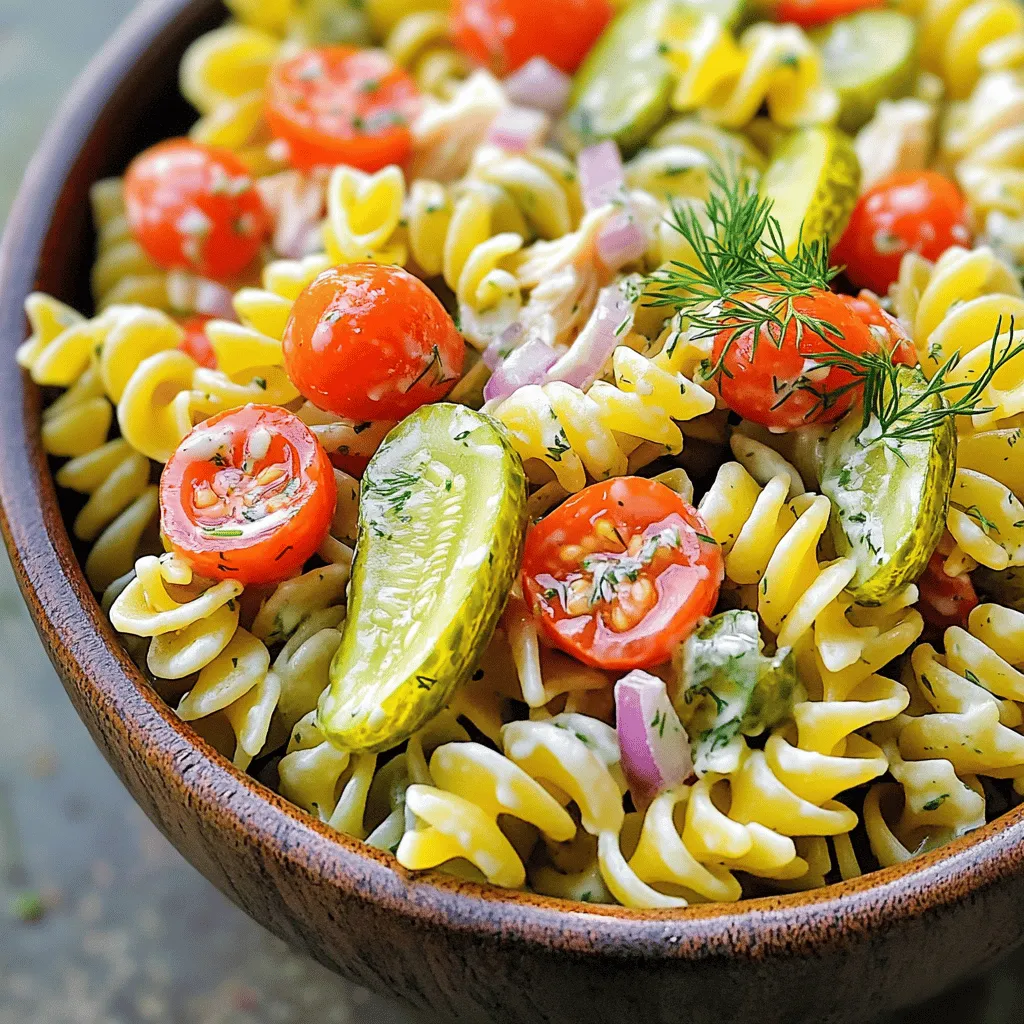 To make a great Dill Pickle Ranch Pasta Salad, you need the right ingredients. Here’s what you’ll need: - 8 oz rotini pasta - 1 cup dill pickles, diced - 1 cup cherry tomatoes, halved - 1/2 cup red onion, finely chopped - 1 cup cooked chicken (optional), shredded - 1/2 cup ranch dressing - 1/4 cup pickle juice - 1 tablespoon fresh dill, chopped - Salt and pepper to taste Each ingredient adds flavor and texture. The rotini pasta holds the dressing well. Dill pickles give a tangy crunch. Cherry tomatoes add sweetness. Red onion offers a sharp bite. You can easily change this salad to suit your taste. Here are some ideas: - Add bell peppers for extra crunch. - Use olives for a briny touch. - Toss in some corn for sweetness. - Include avocado for creaminess. - Swap chicken for cooked bacon for a smoky flavor. Feel free to mix and match. Create a dish that feels special to you. Having the right tools makes cooking easier. Gather these items: - Large pot for boiling pasta - Colander for draining pasta - Mixing bowl for the salad - Small bowl for the dressing - Whisk for mixing the dressing - Spatula or large spoon for tossing With these tools, you can prepare the salad smoothly. Cooking should be fun and enjoyable. Start by boiling salted water in a large pot. Add 8 oz of rotini pasta to the pot. Cook it until it is al dente, usually about 8-10 minutes. Once it’s done, drain the pasta in a colander. Rinse it under cold water to stop the cooking. Let it cool completely before using it in the salad. In a big mixing bowl, toss together 1 cup of diced dill pickles, 1 cup of halved cherry tomatoes, and 1/2 cup of finely chopped red onion. If you want to add protein, mix in 1 cup of shredded cooked chicken. Gently combine all the ingredients so they mix well. Grab a small bowl and mix 1/2 cup of ranch dressing with 1/4 cup of pickle juice. Whisk them together until smooth. Taste the dressing and add salt and pepper as needed. This dressing will give the salad a creamy, tangy flavor. Now, add the cooled rotini pasta to the bowl with the veggies and chicken. Drizzle the ranch dressing mixture over the top. Sprinkle in 1 tablespoon of freshly chopped dill. Use a spatula to gently toss everything together. Make sure the pasta and veggies are well coated in the dressing. Cover the bowl with plastic wrap or a lid. Place it in the refrigerator for at least 30 minutes. Chilling allows the flavors to blend and taste better. When ready to serve, take the salad out of the fridge. Give it a gentle toss to mix again. Taste it one more time, adding more salt or pepper if needed. Serve the salad in a big, colorful bowl. Garnish with extra dill or pickle slices for a nice touch. For the full recipe, check out the detailed instructions. To get the best flavor in your Dill Pickle Ranch Pasta Salad, use fresh ingredients. Fresh dill adds a lively taste. Use good-quality ranch dressing for a creamy texture. Don't skip the pickle juice; it brightens the dish. Let the salad chill for at least 30 minutes. This helps the flavors mix well. If you like a tangy kick, add more pickle juice. Taste as you go to find your perfect balance. One mistake is overcooking the pasta. It should be firm to the bite. Rinsing it under cold water stops the cooking. Don’t skip the chilling step; it makes a huge difference. Another pitfall is not seasoning enough. Always taste before serving. If you add chicken, make sure it’s cooked and shredded. Finally, avoid using too much dressing at first. You can always add more later. Serve your pasta salad in a large bowl. Garnish with extra dill or pickle slices for style. This makes it eye-catching. Pair it with grilled meats or a light sandwich. It goes great with BBQ dishes, too. For drinks, a cold lemonade or iced tea works well. You can also serve it as a side at potlucks or picnics. It’s a hit at gatherings! For the full recipe, check above. {{image_4}} You can make this dish vegetarian by swapping out the chicken. Try adding chickpeas for protein. You could also use tofu or tempeh for a tasty twist. Both options give you great flavor and texture. If you want to add proteins, grilled shrimp is a great choice. It adds a nice bite. You can also try diced ham or turkey for a different taste. Each protein brings its own flavor to the dish. Feel free to switch up ingredients based on what you have. Use penne or fusilli pasta instead of rotini. You can also use Greek yogurt in place of ranch dressing for a lighter option. If you don't have dill pickles, try using sweet pickles or olives for a unique taste. To store leftover pasta salad, place it in an airtight container. This keeps the flavors fresh and prevents spills. Make sure to cool the salad to room temperature before sealing it up. Store it in the fridge. It is best to eat it within a few days for the best taste. If you want to reheat the pasta salad, do it gently. Start by taking it out of the fridge and letting it sit for a few minutes. Then, microwave it for about 30 seconds. Stir it halfway through to heat evenly. Be careful not to overheat it, as this can cause the pasta to become mushy. The shelf life of the salad is about 3 to 4 days in the fridge. If you want to keep it longer, you can freeze it. However, freezing may change the texture of the vegetables. To freeze, place the salad in a freezer-safe bag. Remove as much air as possible, then seal it tightly. It can last for up to 2 months in the freezer. When ready to eat, thaw it in the fridge overnight before serving. For more detailed steps, check the Full Recipe. Yes, you can make this pasta salad ahead of time. It tastes even better after chilling. I suggest making it a few hours in advance or the night before. This way, the flavors mix well, and the salad is ready to serve when you need it. If you don't have ranch dressing, try using Greek yogurt mixed with herbs. You can also use a vinaigrette for a tangy twist. Another option is to mix sour cream with dill and garlic for a creamy texture. To make this salad gluten-free, use gluten-free pasta. Many brands offer gluten-free rotini. Just check the label to ensure there are no hidden gluten ingredients. The rest of the ingredients are naturally gluten-free. This pasta salad goes great with grilled meats. You can also serve it with fresh fruit or a light green salad. For a fun twist, pair it with cheese and crackers for a picnic vibe. You can find the full recipe for Dill Pickle Ranch Pasta Salad in the recipe section above. It provides detailed steps and tips to make the salad delicious! In this post, I covered how to make a tasty Dill Pickle Ranch Pasta Salad. I shared the main and optional ingredients, kitchen tools, and step-by-step cooking instructions. I also gave tips for the best flavor and suggestions for serving. Finally, I discussed variations and storage tips. You can easily customize this dish to fit your taste. Enjoy it fresh or save it for later. This pasta salad is sure to be a hit at your next meal!
