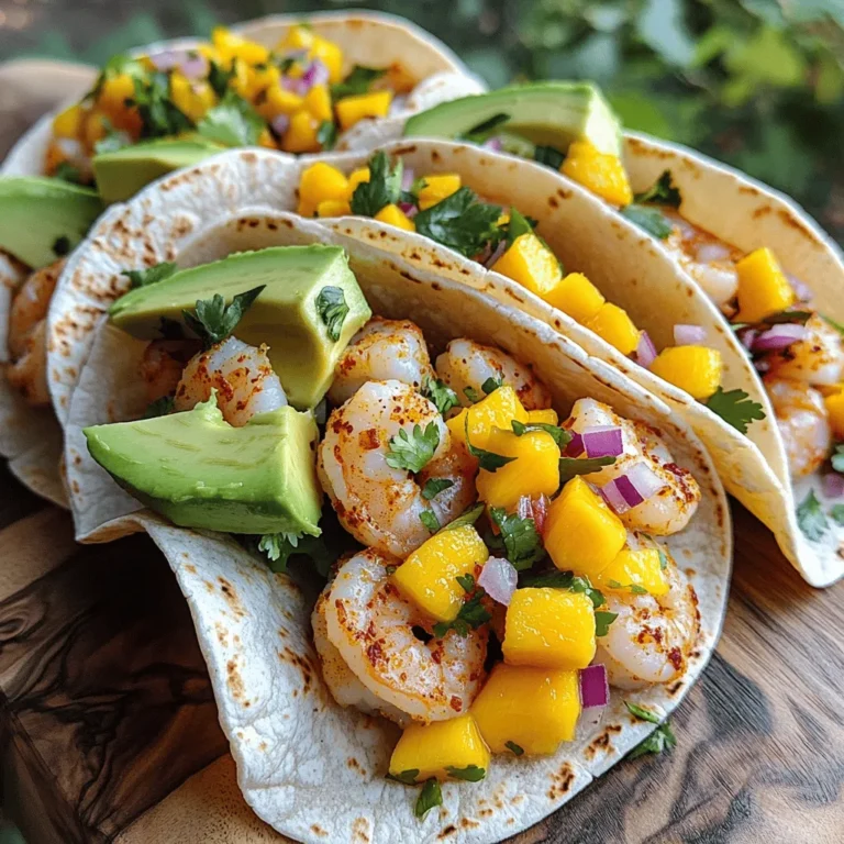 For the spicy shrimp tacos, you need a few key items: - 1 pound shrimp, peeled and deveined - 2 tablespoons olive oil - 1 teaspoon smoked paprika - 1 teaspoon chili powder - 1/2 teaspoon ground cumin - 1/4 teaspoon cayenne pepper - Salt and black pepper, to taste - 8 small corn tortillas The shrimp gives a rich flavor. The spices create a perfect kick. The corn tortillas hold everything together nicely. The salsa adds a fresh touch to the tacos. You will need: - 1 ripe mango, diced into small cubes - 1/2 red onion, finely chopped - 1 jalapeño pepper, deseeded and minced - 1/4 cup fresh cilantro leaves, chopped - Juice of 1 lime The mango brings sweetness. The onion and jalapeño add crunch and heat. Cilantro and lime juice make it vibrant. Garnishes can enhance your tacos. Consider these options: - Slices of avocado for garnish - Extra lime wedges Avocado adds creaminess. Extra lime gives a zesty boost. These toppings make your tacos even more enjoyable. For a full recipe, check out the delicious details. Marinating the Shrimp with Spices Start by taking 1 pound of shrimp. Peel and devein them first. In a medium mixing bowl, add the shrimp along with 2 tablespoons of olive oil. Then, sprinkle in 1 teaspoon of smoked paprika, 1 teaspoon of chili powder, 1/2 teaspoon of ground cumin, 1/4 teaspoon of cayenne pepper, and salt and black pepper to taste. Mix everything well. This will coat the shrimp in a spicy, flavorful blend. Cooking the Shrimp in a Skillet Next, heat a large skillet over medium-high heat. When it's hot, add the marinated shrimp. Cook for 2-3 minutes on each side. You want the shrimp to turn pink and opaque. This means they are fully cooked. Once done, take them off the heat and set aside. Combining Ingredients for the Salsa While the shrimp cooks, let’s make the mango salsa. In a separate medium bowl, combine 1 ripe mango diced into small cubes, 1/2 red onion finely chopped, and 1 jalapeño pepper, deseeded and minced. Add 1/4 cup of fresh cilantro leaves chopped and the juice of 1 lime. Mix everything together well. This salsa will add a sweet and spicy kick. Allowing Flavors to Meld Once mixed, let the salsa sit for a few minutes. This allows the flavors to meld together. The sweet mango and spicy jalapeño will create a delightful mix. Warming Corn Tortillas To warm the corn tortillas, place them in a dry skillet over low heat. You can also microwave them for a few seconds. This makes them soft and easy to fold. Layering Shrimp and Salsa Now, it’s time to assemble the tacos. Take a warmed tortilla and lay a few pieces of spicy shrimp on it. Top it generously with the fresh mango salsa. If you want, add slices of avocado for extra creaminess. Fold the tacos gently and serve them right away. Enjoy the burst of flavors from the shrimp and salsa. For the full recipe, check out the detailed instructions and tips! Avoiding Overcooking the Shrimp Overcooking shrimp can ruin their texture. Cook shrimp just until pink and opaque. This takes about 2-3 minutes per side in a hot skillet. Remove them as soon as they are done. They will continue to cook slightly from the heat. Adjusting Spice Levels If you prefer milder tacos, reduce the cayenne pepper. You can also skip the jalapeño in the salsa. For more heat, add a pinch of chili flakes or more cayenne. Always taste as you go to find your perfect level. Choosing the Right Mango Pick a ripe mango that gives slightly when pressed. The flavor must be sweet and juicy. Avoid mangoes that are hard or overly soft, as they won't taste as good in the salsa. Adding More Heat Want to kick up the heat? Add more minced jalapeño or a dash of hot sauce. You can also mix in some finely chopped serrano peppers. Just remember to taste and adjust to your liking. Serving Suggestions Serve the tacos on a bright platter. A few lime wedges and cilantro sprigs add color. This makes your meal look inviting and fun to eat. Complementary Side Dishes Pair these tacos with a fresh salad or corn on the cob. These sides balance the spicy shrimp and sweet salsa. Enjoying a cold drink like lemonade can also help cool down the heat. For the full recipe, refer to the earlier sections. {{image_4}} You can use chicken instead of shrimp. Just cut it into small pieces. Marinate it the same way. Cook until it is done. Fish is another great choice. Use firm white fish like cod or tilapia. Season and cook just like shrimp. Vegetarians can enjoy these tacos too. Tofu makes a great swap. Use firm tofu, press it, and cut it into cubes. Marinate it with the same spices. Cook until golden and crispy for a tasty texture. Want to switch up the salsa? Try pineapple salsa for a sweet twist. Just swap the mango for fresh pineapple. Add the same onion, jalapeño, and lime juice. This change adds a fun, tropical flavor. If you prefer a classic taste, use tomato salsa. Chop fresh tomatoes, onion, and jalapeño. Mix with lime juice and cilantro. This salsa offers a fresh and tangy option for your tacos. You can add cheese for a creamy touch. Crumbled feta or shredded cheddar works well. Just sprinkle it on top of the tacos. Pickled onions are a great addition too. They add a tangy crunch. Slice red onions and soak them in vinegar for a bit. Top your tacos with these for extra flavor. For the full recipe, check out the complete details. Enjoy your cooking adventure! - To keep tacos fresh, wrap them tightly in foil or plastic wrap. - Store shrimp and salsa in separate airtight containers to maintain their quality. - For shrimp, heat them in a skillet over low heat until warmed through. - Warm tortillas in a dry skillet over low heat or microwave for just a few seconds. - You can freeze cooked shrimp for up to three months. Just place them in a freezer-safe bag. - Store salsa in a container with a tight lid. It lasts well in the freezer for about a month. For the complete recipe, check out the Full Recipe section. Yes, you can use frozen shrimp. Thaw the shrimp in the fridge overnight. For faster thawing, place them in a bowl of cold water for 15-20 minutes. Make sure to drain and pat them dry before cooking. To add more heat, mix in extra spices. You can add more cayenne pepper or chili powder. You might also try adding hot sauce to the shrimp or salsa. Taste your mix as you go to find your perfect heat level. These tacos pair well with several side dishes. Consider serving them with: - Mexican rice - Black beans - Grilled corn on the cob - A fresh green salad Making these tacos is quick! Prep time is about 15 minutes, while cooking takes another 10 minutes. You can enjoy your meal in around 25 minutes total. Yes, you can make the mango salsa ahead of time. Store it in an airtight container. Keep it in the fridge for up to two days for the best freshness. Just give it a stir before serving to mix the flavors again. For the Full Recipe, check the earlier sections. You learned how to make spicy shrimp tacos with fresh mango salsa. Remember, fresh ingredients make the difference. Perfectly cooked shrimp, zesty salsa, and warm tortillas create a delicious meal. Don’t hesitate to try different proteins or salsas for variety. Store leftovers properly to enjoy later. With these tips and simple steps, you can impress your family and friends at any meal. Enjoy the tasty adventure of cooking!