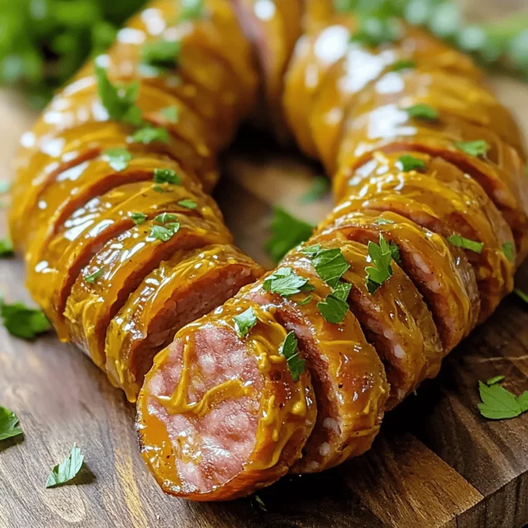 To make Mustard Hasselback Kielbasa Bites, gather these simple ingredients: - 1 lb kielbasa, cut into 1-inch thick pieces - 2 tablespoons Dijon mustard - 1 tablespoon honey - 2 tablespoons extra virgin olive oil - 2 cloves garlic, finely minced - 1 teaspoon smoked paprika - 1/2 teaspoon freshly ground black pepper - 1 tablespoon fresh parsley, finely chopped (for garnish) You can make your bites even better with some fun garnishes and sides: - Fresh parsley for a pop of color - Lemon wedges for a zesty touch - Crunchy veggies like carrots or celery sticks - Pickles for a tangy flavor contrast Dipping sauces can elevate your kielbasa bites. Here are some tasty options: - Honey mustard for a sweet and tangy dip - Spicy mustard for those who like a kick - BBQ sauce for a smoky flavor - Ranch dressing for a creamy twist For the full recipe, check out the complete guide on Mustard Hasselback Kielbasa Bites. Start by gathering your ingredients. You will need kielbasa, Dijon mustard, honey, olive oil, garlic, smoked paprika, black pepper, and parsley. 1. Preheat your oven to 400°F (200°C). This makes sure the bites cook well. 2. In a bowl, mix the Dijon mustard, honey, olive oil, garlic, smoked paprika, and black pepper. Whisk it until smooth. 3. Take the kielbasa and slice it Hasselback style. Cut thin slits about 1/4 inch apart. Do not cut all the way through. This helps the flavors soak in. 4. Place the sliced kielbasa in the bowl with the mustard mix. Coat each piece well. Let it marinate for 10 minutes. This step boosts flavor. While the kielbasa marinates, line a baking sheet with parchment paper. This makes cleaning easier. You can also prepare any sides or garnishes during this time. Chop extra parsley or prepare dipping sauces to save time later. After marinating, arrange the kielbasa bites on the baking sheet. Leave some space between each piece. Bake them for 20-25 minutes. Check that they are heated through and the edges are golden brown. This gives a nice crunch. Once done, take them out and sprinkle with parsley. Serve hot and enjoy! When selecting kielbasa, look for fresh, high-quality sausage. Check for a firm texture and a rich color. Avoid any packages with excessive liquid. Always choose kielbasa made from lean meat. If you can, buy from local butchers or trusted brands. This ensures better taste and quality in your dish. Marinating is key to boosting flavor in these bites. After slicing, coat the kielbasa well with the mustard mixture. Let it sit for at least 10 minutes. For more flavor, you can marinate for up to an hour. This extra time lets the spices soak in deeply. It transforms the dish into something special. Crispiness is essential for these bites. First, make sure to slice the kielbasa properly. Thin cuts allow the edges to get crispy. Use a hot oven at 400°F (200°C). This temperature helps achieve that golden finish. Lastly, don’t overcrowd the baking sheet. Space each piece for even cooking and crispiness. {{image_4}} You can switch up the mustard to fit your taste. Instead of Dijon, try yellow mustard for a milder flavor. Spicy brown mustard adds a kick. If you like sweet, honey mustard works great too. Each mustard will change the taste and keep things fun. Spices can really elevate your kielbasa bites. Consider adding a pinch of cayenne pepper for heat. You might also try some Italian seasoning for a different twist. For a smoky flavor, use chipotle powder. You can even mix in some diced onions or bell peppers before baking. These small changes can make your dish feel new and exciting. These bites are perfect for any gathering. Serve them at game day with toothpicks for easy snacking. For a picnic, pack them in a cooler to enjoy outside. At dinner parties, present them on a nice platter with a variety of mustards for dipping. Each way gives your guests a chance to enjoy a tasty twist on a classic snack. Don’t forget to check the Full Recipe for more ideas! To keep your kielbasa bites fresh, place them in an airtight container. Line the bottom with paper towels to absorb extra moisture. This helps prevent sogginess. Store them in the fridge for up to three days. If you notice any strange smell or color, it's best to toss them. When reheating, use the oven for the best results. Preheat your oven to 350°F (175°C). Place the kielbasa bites on a baking sheet. Heat them for about 10-15 minutes. Check that they are hot in the center. This method helps keep them crispy and tasty. You can also use a microwave, but they may become soft. If you choose this method, heat in short bursts. You can freeze leftover kielbasa bites for later use. First, let them cool completely. Then, place them in freezer bags, removing as much air as possible. Label the bags with the date. They can last for up to three months in the freezer. When ready to eat, thaw them overnight in the fridge. After thawing, reheat them using the oven for the best texture. This way, you can enjoy your mustard Hasselback kielbasa bites anytime! The best way to slice kielbasa is to make thin cuts. First, place the sausage on a cutting board. Use a sharp knife and cut down about halfway through the sausage. Make sure to space the cuts about 1/4 inch apart. This method allows flavors to soak in and creates crispy edges when baked. Yes, you can use other types of sausage. Options like turkey sausage or bratwurst work well. They will bring different flavors to the dish. Just make sure to cut them in the same Hasselback style for even cooking. To adjust the spice level, you can add more black pepper or paprika. For a milder taste, use less of these ingredients. You can also try adding cayenne pepper for heat or a sweet mustard for a gentler flavor. Experiment until you find your perfect balance. Yes, you can prepare the kielbasa bites ahead of time. Slice and marinate them, then cover and store in the fridge. They can stay in the fridge for up to a day. When ready, bake them straight from the fridge for a quick snack. Check the Full Recipe for steps to follow. In this blog post, we explored the tasty Mustard Hasselback Kielbasa Bites. You learned about the ingredients, preparation steps, and tips to make them perfect. I shared ways to personalize your bites with different mustard types and garnishes. Storing leftovers and reheating methods were also covered. Enjoy making and sharing this dish. With simple steps and fun variations, you can impress anyone. Get ready for delicious kielbasa bites that everyone will love!