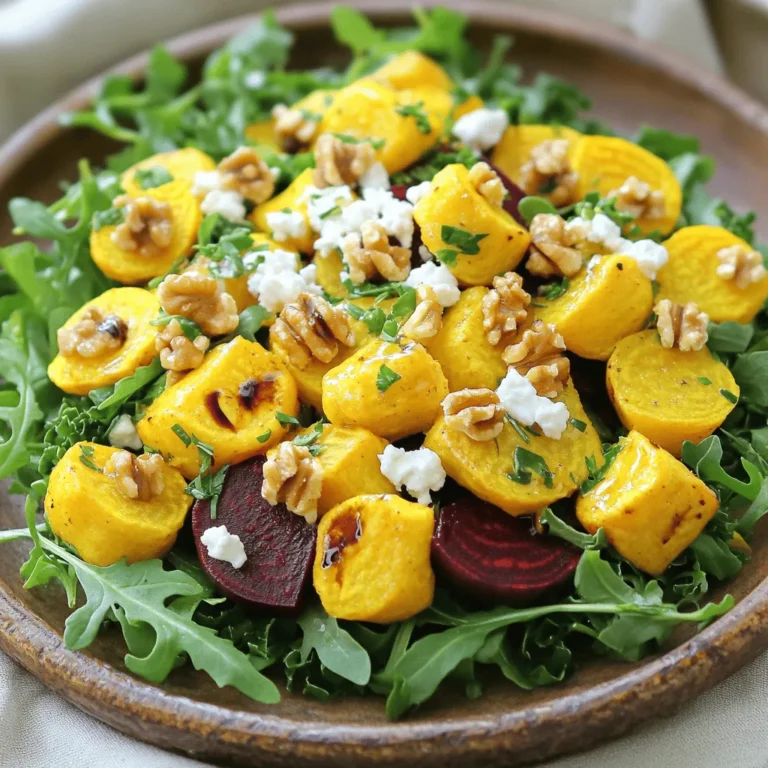 To make this delightful golden beet salad, you'll need these simple ingredients: - 4 medium golden beets - 1 cup walnuts, toasted - 4 oz goat cheese, crumbled - 3 cups mixed greens (a delightful blend of arugula, spinach, and baby kale) - 1/4 cup extra virgin olive oil - 2 tablespoons balsamic vinegar - 1 tablespoon honey - Salt and pepper to taste - Fresh herbs (such as dill or parsley) for garnish This salad is not only tasty but also good for you. It provides: - Calories: About 250 per serving - Protein: 6 grams - Fat: 20 grams (mostly healthy fats from walnuts and olive oil) - Carbohydrates: 16 grams - Fiber: 4 grams - Vitamins: A, C, and K from greens and beets - Minerals: Magnesium and potassium from walnuts Using fresh and high-quality ingredients makes a big difference. Here are some tips: - Golden Beets: Choose firm beets with smooth skin. Avoid any with soft spots. - Walnuts: Look for raw or lightly toasted walnuts. Fresh nuts have a better taste. - Goat Cheese: Opt for creamy, fresh goat cheese. It adds a nice tang and creaminess. - Mixed Greens: Buy organic greens when possible. They are fresher and taste better. - Olive Oil: Use high-quality extra virgin olive oil for the dressing. It enhances flavor. - Balsamic Vinegar: A good balsamic vinegar adds depth to your dressing. With these ingredients and tips, you're ready to create a stunning golden beet salad. Don't forget to check out the Full Recipe for more details! To start, preheat your oven to 400°F (200°C). Rinse the golden beets well under cold water. Scrub them gently to remove any dirt. Wrap each beet in aluminum foil and place them on a baking sheet. Roast the beets for 45-60 minutes. They are done when a fork easily pierces them. Once they cool for a bit, peel off the skin. It comes off easily. Cut the beets into bite-sized cubes for your salad. While the beets roast, let’s toast the walnuts. Use a dry skillet over medium heat. Add the walnuts to the skillet. Stir them often for 5-7 minutes. Watch them closely! You want them golden brown and fragrant, not burnt. This step makes the walnuts crunchy and flavorful. Now, let’s make the dressing. In a small bowl, mix together extra virgin olive oil, balsamic vinegar, honey, a pinch of salt, and pepper. Whisk these ingredients until they blend well. Taste it and adjust the seasoning if needed. This dressing adds a lovely tang to your salad. For the full recipe, check out the Golden Beet Salad with Walnuts and Goat Cheese. Roasting golden beets is simple, but a few tips help. First, choose firm, fresh beets. Look for smooth skin without blemishes. When you roast them, wrap each beet in foil. This keeps moisture in and helps them cook evenly. Roast at 400°F for about 45-60 minutes. You know they are done when a fork easily pierces them. Once cool, the skin peels off easily. This method locks in flavor and gives a nice texture. To make your salad look great, use a large, shallow bowl. Place the mixed greens as a base. Scatter the golden beet cubes on top. Add the toasted walnuts and crumbled goat cheese in a pleasing way. For a pop of color, garnish with fresh herbs. A drizzle of dressing around the edges adds flair. You want it to look as good as it tastes. Use the Full Recipe for more tips on serving. Golden beet salad pairs well with many dishes. It complements grilled meats like chicken or steak. The sweetness of the beets works with rich flavors. You can also serve it alongside fish, especially salmon. For a vegetarian option, add quinoa or chickpeas for extra protein. A light white wine or sparkling water enhances the meal. Enjoy experimenting to find your favorite combinations! {{image_4}} You can brighten your salad by adding seasonal fruits. Fresh fruits like peaches or apples work well. Their sweetness contrasts nicely with the earthy beets. You can also try berries for a pop of color and flavor. Simply slice or chop them and mix them in with the greens. This adds freshness and makes the dish more vibrant. While goat cheese is a star in this salad, feel free to switch it up. Feta cheese can add a salty kick. If you're looking for a creamier texture, try burrata. For a vegan option, use cashew cheese or avocado slices. Each cheese brings its own flavor, enhancing the overall taste of the salad. Choose what you love most! Experimenting with dressings can take your salad to new heights. A lemon vinaigrette adds a zesty touch. You can mix lemon juice, olive oil, and a pinch of salt. For a spicy twist, try adding a dash of chili flakes to the dressing. You can also sprinkle nuts or seeds on top for added crunch. These small changes keep the dish exciting every time you make it. For the full recipe, check out Golden Beet Salad with Walnuts and Goat Cheese! To keep your salad fresh, store leftovers in a sealed container. Place it in the fridge. This helps keep the ingredients crunchy and tasty. If you have dressing left, store it separately. This prevents the greens from getting soggy. When stored correctly, the salad lasts about three days in the fridge. The golden beets, walnuts, and goat cheese maintain their flavor and texture during this time. After three days, the quality may drop. I recommend enjoying it fresh for the best taste. Most salads, including this one, should not be reheated. The greens can wilt, and the cheese may lose its creaminess. If you want to warm it up, try removing the beets and reheating them gently. Use a microwave for about 30 seconds. Then, mix them back into the salad when ready to eat. For the full recipe, check out the detailed instructions above. Yes, you can prepare this salad ahead of time. To do this, roast the golden beets and store them in the fridge. You can make the dressing too. Just keep it in a separate container. Toss the salad together when you are ready to serve. This keeps the greens fresh and crisp. Golden beets are full of good stuff. They are low in calories and high in nutrients. Golden beets contain fiber, which helps digestion. They are also rich in vitamins A and C, which are great for your skin and immune system. Plus, they have antioxidants that help fight free radicals in your body. Eating them may lower blood pressure and improve heart health too. You can easily modify this salad. If you need it vegan, skip the goat cheese and use a vegan cheese option. For nut allergies, leave out the walnuts or replace them with seeds like sunflower or pumpkin. If you want to cut calories, use less olive oil in the dressing or skip the honey. The full recipe has many options to suit your needs! This blog post covered how to create a tasty salad with golden beets and walnuts. I explained the ingredients you need, including their nutrition and quality tips. You learned step-by-step how to prepare and toast your beets and walnuts, plus how to make a delicious dressing. Remember, you can make this dish your own with seasonal fruits or different cheeses. Store leftovers properly, and enjoy your salad even days later. With these tips, you can make a fresh, colorful dish anytime. Enjoy experimenting and sharing your results!
