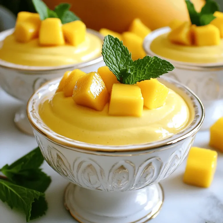 - 2 ripe mangoes, peeled and diced - 1 cup heavy cream, cold - 1/2 cup sweetened condensed milk - 1 tablespoon fresh lemon juice The main flavors in mango mousse come from ripe mangoes. Choose mangoes that are soft and fragrant. This ensures a sweet and rich taste. The heavy cream adds a fluffy texture. Use cold cream to get the best peaks when you whip it. Sweetened condensed milk gives the mousse its sweetness. The lemon juice adds a bright note, balancing the flavors. - 1 teaspoon gelatin powder - 3 tablespoons water Gelatin is key for a firm mousse. It helps the mousse hold its shape. Mix the gelatin powder with water and let it sit. This is called blooming. It makes the gelatin easier to dissolve later. When it’s ready, heat it to melt completely. - Fresh mint leaves - Additional mango cubes Garnishing your mango mousse makes it look pretty. Fresh mint leaves add a pop of color and a hint of freshness. Extra mango cubes on top also bring more flavor. They make each bite even better. For the full recipe, check out Mango Paradise Mousse. To start, take 1 teaspoon of gelatin powder and mix it with 3 tablespoons of water. Let this sit for about 5 minutes. This step helps the gelatin bloom, which means it will soak up the water and expand. Next, grab your two ripe mangoes. Peel and dice them into small pieces. In a blender, combine the diced mangoes, 1/2 cup of sweetened condensed milk, and 1 tablespoon of fresh lemon juice. Blend until the mixture is smooth and creamy. You want no chunks left. In a chilled mixing bowl, pour in 1 cup of cold heavy cream. Use an electric mixer to whip the cream. Start on medium speed until you see soft peaks form. Be careful not to over-whip it, or the cream may become too stiff. Now, it’s time to combine the mango mixture with the whipped cream. Gently fold the mango blend into the whipped cream using a rubber spatula. Do this carefully so you keep the airy texture of the cream. Take individual cups and spoon the mousse into them. Fill each cup about three-quarters full. Cover the cups with plastic wrap or a lid. Place them in the refrigerator to chill for at least 2 hours. This will help the mousse set and become firm. Before you serve, add a touch of flair. Top each mousse with fresh mango cubes and a sprig of mint leaves. This not only looks great but adds a fresh aroma. For the full recipe, check out the details above! To get that light and airy feel in your mango mousse, folding gently is key. This method keeps the air in the whipped cream. Take your time when mixing the mango blend with the whipped cream. Use a rubber spatula and fold from the bottom up. This way, you avoid crushing the fluffiness. Whipping the cream also needs care. Start with a chilled bowl and cold cream. Beat it on medium speed until you see soft peaks. If you whip it too long, it may turn into butter. Watch it closely. You want it creamy and smooth. Add a twist to your mango mousse! Lime zest can brighten the flavor. Just a teaspoon can add a fresh kick that pairs well with mango. Coconut cream is another great choice. It adds a rich, tropical taste. You can mix it in with the whipped cream for a creamy texture. For a stunning display, serve your mousse in clear glass cups. This lets you show off the beautiful layers. You can also top each cup with fresh mango cubes. A tiny mint leaf on top adds a lovely pop of color. These details make your dessert not just tasty but also a feast for the eyes. If you want the full recipe, check it out for all the details! {{image_4}} You can take your mango mousse to a new level by adding tropical flavors. Try mixing in some passion fruit or pineapple. These fruits add a tart zing that pairs well with the sweet mango. The bright colors also make your dessert pop. Just blend these fruits into your mango mix. You will love how fresh and vibrant the mousse tastes! If you want a dairy-free mango mousse, coconut cream is your friend. It gives the mousse a rich and creamy texture without dairy. Just replace the heavy cream with full-fat coconut cream. Be sure to chill the coconut cream before whipping. This small step helps it whip up nicely. Your dessert will still be light and fluffy! Switching sweeteners can change the taste of your mousse. Instead of sweetened condensed milk, try honey or agave syrup. Both options add sweetness while giving a unique flavor. They also help to lighten the mousse a bit. Just replace the condensed milk in the recipe with the same amount of your chosen sweetener. You can enjoy a different twist on this classic dessert! Enjoy experimenting with these variations while making the Full Recipe! To keep your mango mousse fresh, store it in the fridge. Use airtight containers or cover the cups with plastic wrap. This prevents the mousse from absorbing odors. Make sure to chill it right after serving. It stays tasty and creamy this way. Mango mousse is best eaten within 3-5 days. After that, it may lose its flavor and texture. Always check for any changes in smell or appearance before eating leftovers. Enjoying it fresh gives the best taste experience. You can freeze mango mousse for longer storage. Use freezer-safe containers and leave some space at the top. The mousse may change texture after thawing, so consume within 2 months for the best quality. To thaw, place it in the fridge overnight. Enjoy your mango mousse later! Yes, you can use frozen mango. Frozen mango makes the mousse cold and refreshing. However, fresh mango gives a brighter taste and creamier texture. If you choose frozen, defrost it first. Drain any excess water before blending it. This helps keep the mousse thick and smooth. Chill the mousse for at least 2 hours. This time allows it to set properly. The mousse needs to be firm but still soft. If you can wait longer, chilling overnight is even better. This lets the flavors meld beautifully. If you want a vegan option, use agar-agar. It's a seaweed-based thickener. Use 1 tablespoon of agar-agar for every teaspoon of gelatin. Dissolve it in boiling water, just like gelatin. This keeps the mousse firm without animal products. Yes, mango mousse is gluten-free! All the ingredients are safe for gluten-free diets. The mango, cream, and gelatin do not contain gluten. Always check your condensed milk brand just to be sure. You can make your own sweetened condensed milk. Combine 1 cup of milk with 1/3 cup of sugar. Heat gently until the sugar dissolves, then simmer until it thickens. You can also use coconut cream for a dairy-free twist. This adds a unique flavor. Yes, you can make the mousse ahead of time. This is great for parties! Prepare it a day before and chill. Just cover the cups tightly to avoid any odors from the fridge. When ready to serve, garnish with fresh mango and mint. Mango mousse is a simple and tasty dessert that anyone can make. We covered the key ingredients, from ripe mangoes to heavy cream. You learned how to prepare gelatin, blend the mango, and achieve the perfect texture. Plus, we discussed fun variations and storage tips. Enjoy this treat with friends or on your own. The fresh flavors make it special. You can also customize it to your taste. Get creative and have fun!