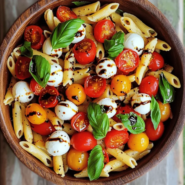 To make a tasty Caprese Pasta Salad with Balsamic Glaze, you need just a few simple ingredients. Here’s the complete list: - 8 oz. penne pasta - 1 cup cherry tomatoes, halved - 1 cup fresh mozzarella balls (bocconcini) - 1/2 cup fresh basil leaves, torn into pieces - 1/4 cup extra virgin olive oil - 1/4 cup balsamic glaze - 1 clove garlic, finely minced - Salt and pepper to taste These ingredients create a bright, fresh, and colorful dish. The penne pasta serves as a hearty base. Cherry tomatoes add juicy sweetness, while mozzarella brings creamy texture. Fresh basil leaves give a fragrant kick. Extra virgin olive oil and balsamic glaze blend to form a rich dressing. The minced garlic adds depth and flavor. Finally, salt and pepper enhance the overall taste. This recipe is simple yet full of flavor. You can find the full recipe in the previous section. - Bring water to a boil. - Cook penne until al dente (8-10 minutes). - Drain and cool the pasta. Cooking pasta is simple. First, fill a large pot with water and add salt. The salt helps the pasta flavor. Once the water boils, add the penne. Stir it to keep it from sticking. Cook until it's al dente. You want it to have a slight bite. This usually takes about 8 to 10 minutes. When the pasta is ready, drain it in a colander. Rinse the pasta with cold water. This stops the cooking and cools it down. - Combine pasta, tomatoes, and mozzarella. - Gently mix to combine. In a large bowl, add the cooled pasta. Next, toss in the halved cherry tomatoes and mozzarella balls. The tomatoes give a sweet burst. The mozzarella adds creaminess. Stir gently with a spatula. You want to mix it well, but be careful not to break the mozzarella. - Incorporate torn basil leaves. - Prepare and whisk together the dressing ingredients. - Toss the salad with the dressing. Now, it’s time for the fresh herbs. Tear the basil leaves into pieces and fold them into the pasta mix. This keeps their color bright and flavor fresh. Next, make the dressing. In a small bowl, whisk together the olive oil, minced garlic, balsamic glaze, salt, and pepper. Mix well until smooth. Pour the dressing over the salad and toss everything together. Make sure each piece gets a nice coating. For the full recipe, check out the details above. Enjoy your Caprese pasta salad! To get perfect al dente pasta, start with a big pot of salted water. Bring it to a boil. Add the penne and cook for 8-10 minutes. Check it often. It should be firm but not hard. Drain the pasta and rinse it with cold water. This stops the cooking. Cooling the pasta is key. It helps the salad stay fresh and taste great. Serve your pasta salad in a large, clear bowl. This shows off the bright colors. Add some whole basil leaves on top. Drizzle a bit more balsamic glaze for that special touch. This makes it look fancy and appetizing. Choose a good balsamic glaze. Look for one that is thick and sweet. This adds depth to your salad. You can also try adding spices. Fresh oregano or thyme can give it a nice twist. A pinch of red pepper flakes adds heat, too. Don't be afraid to play with flavors! For the full recipe, refer to the earlier section. {{image_4}} You can swap out the penne pasta for other shapes. Fusilli, farfalle, or even rotini work well. Each shape holds the sauce differently, adding fun to your dish. For mozzarella, you can use feta or goat cheese. These cheeses give a tangy twist to your Caprese pasta salad. Want to make your salad heartier? Add grilled chicken or shrimp. Both options are tasty and add protein. If you prefer a vegetarian choice, try chickpeas or black beans. For a vegan twist, use tofu or tempeh. These proteins make the salad filling and satisfying. Change up your salad with the seasons. In summer, add fresh corn or zucchini. In fall, try roasted butternut squash or kale. These seasonal veggies enhance flavor and nutrition. Rotating ingredients keeps your salad exciting and fresh all year long. To keep your Caprese pasta salad fresh, place leftovers in the fridge. Use an airtight container to seal in flavor and moisture. Glass or plastic containers work well, but glass has the bonus of being eco-friendly. Make sure to cover the salad tightly to prevent it from drying out. Before serving, check the salad for freshness. If it seems dry, add a splash of olive oil or balsamic glaze. This helps bring back the salad's flavor and moisture. You can store the salad safely in the fridge for up to three days. After that, it might lose its taste and texture. Enjoy your Caprese pasta salad with balsamic glaze! You can find the full recipe above. To cook pasta for a salad, start with boiling water. Use a large pot and add salt. Once the water boils, add the penne pasta. Cook it until it is al dente, which usually takes 8-10 minutes. After cooking, drain the pasta in a colander. Rinse it under cold water to stop the cooking. This keeps the pasta firm and fresh for your salad. Yes, you can make Caprese Pasta Salad ahead of time. To keep it fresh, prepare the salad and store it in the fridge. It’s best to add the dressing just before serving. This will help the pasta and ingredients stay crisp. If you make it too early, the tomatoes might become mushy. A good rule is to prepare it no more than a day in advance. If you don't have balsamic glaze, you have options. You can use balsamic vinegar instead but add a bit of sugar for sweetness. Another choice is to make a simple glaze at home. Combine balsamic vinegar and honey over low heat. Simmer it until it thickens. This will mimic the glaze’s sweet and tangy flavor. This blog post covered all you need to know about making a Caprese Pasta Salad. We discussed key ingredients, simple steps, and tips for the best taste and look. Remember, fresh ingredients make a big difference. Feel free to get creative with variations and protein choices. Storing leftovers properly keeps your salad delicious. Enjoy crafting this tasty dish that suits any dining occasion!