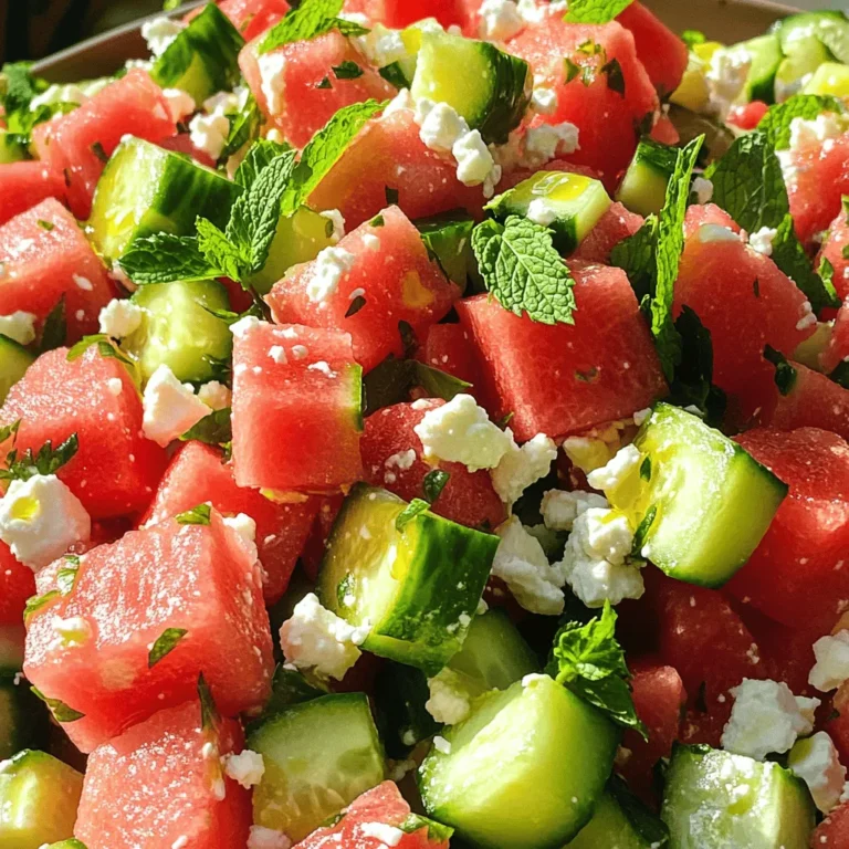 - 4 cups of juicy watermelon (cut into cubes) - 2 cups of crisp cucumber (diced) - 1 cup of creamy feta cheese (crumbled) - 1/4 cup of fresh mint leaves (finely chopped) - 2 tablespoons of high-quality olive oil - 1 tablespoon of balsamic reduction (optional) - Sea salt to taste - Freshly cracked black pepper to taste - Juice from one fresh lemon The ingredients for this salad create a refreshing blend. The watermelon brings sweetness, while the cucumber adds crunch. Feta cheese gives a creamy touch, making the dish rich and satisfying. Fresh mint adds a burst of flavor that brightens every bite. Using high-quality olive oil enhances the taste, while balsamic reduction adds a sweet twist. You can adjust salt and pepper to fit your taste. The lemon juice lifts the flavors, making everything pop. This salad is perfect for hot days. It’s simple to make and looks great on any table. Plus, it’s a great way to enjoy fresh, seasonal produce. For the full recipe, check out the detailed steps later in this article. To cube watermelon, start with a big, ripe piece. Cut off both ends to make it stable. Stand it up, then slice down the sides to remove the skin. Now, cut the flesh into thick slabs. After that, slice the slabs into cubes. Aim for bite-sized pieces so they are easy to eat. For the cucumber, wash it well. Cut off the ends, then slice it in half lengthwise. Use a spoon to scrape out the seeds if you want a less watery salad. Next, chop it into small, even pieces. This helps the cucumber mix well with other ingredients. When it comes to crumbling feta cheese, first take it out of its packaging. Use your hands or a fork to break it into small pieces. Try to keep the crumbles big enough to stay distinct in the salad. This way, you get that lovely creamy bite. In a large bowl, start by adding the cubed watermelon and diced cucumber. Gently mix them together, ensuring they are evenly combined. Next, sprinkle the crumbled feta cheese over the top. This will add a creamy texture and a salty kick. Add the finely chopped mint leaves next. This herb brightens the salad with its fresh flavor. Now, drizzle the olive oil and squeeze the fresh lemon juice over the salad. This will give it a bright, zesty taste. Using a large spoon, carefully toss the salad. Do this gently to keep the feta from mashing. You want to mix the flavors without losing the feta's shape. Now it's time to season the salad. Add sea salt and freshly cracked black pepper to taste. Start with a little, then adjust as needed. The salt will help enhance all the flavors. Let the salad rest for about 10 minutes before serving. This step is key. It allows the flavors to meld together. The watermelon will release some juice, creating a light dressing. For the complete recipe, check the [Full Recipe]. To create the best flavor in your salad, balance sweetness and acidity. Watermelon is sweet, so you need acidity to cut through that. Fresh lemon juice adds bright notes. You can also try balsamic reduction for a sweet twist. Adjust seasonings to your taste. Add sea salt and black pepper slowly. Taste as you go. This way, the salad fits your personal preference. Presentation matters when serving this salad. For a colorful display, choose a large bowl. Layer the watermelon, cucumber, and feta beautifully. You can also arrange the watermelon cubes in a fun pattern. Lastly, garnish with extra mint leaves. This adds a pop of green and a fresh smell. Having the right tools makes preparation easy. A sharp chef's knife is key for cutting watermelon and cucumber. Use a sturdy mixing bowl to combine all ingredients gently. These tools ensure you maintain the salad's texture and create a lovely dish. For the best results, make sure your tools are clean and ready to go. For a complete guide, check the Full Recipe. {{image_4}} You can swap feta cheese for a vegan option like tofu or almond cheese. These substitutes provide a similar creamy texture. If you want to add more flavor, try using a vegan feta made from cashews. For fruits or vegetables, consider adding berries, mango, or radishes. These additions add color and a unique taste to your salad. Watermelon pairs well with many fruits, so feel free to get creative! Different dressings can enhance your salad. A simple lemon vinaigrette works great. Mix olive oil, lemon juice, salt, and pepper for a fresh taste. You can also make your own balsamic reduction at home. Just simmer balsamic vinegar on low heat until it thickens. This sweet and tangy sauce pairs well with the salad, adding depth to the flavors. Changing the salad with the seasons can keep it fresh. In summer, add fresh basil or strawberries for a sweet twist. In fall, try diced apples or pears for a crunchy bite. For winter, include pomegranate seeds or citrus fruits. These ingredients add a pop of color and flavor to your dish. Always look for seasonal produce to keep your salad exciting and vibrant! To keep your leftover salad fresh, place it in an airtight container. This helps prevent moisture loss and keeps flavors strong. You can use glass or plastic containers. Glass is great for easy cleaning and doesn’t absorb odors. If you want to keep it extra fresh, add a layer of plastic wrap on top before sealing. You can freeze Watermelon Cucumber Feta Salad, but it’s not ideal. Freezing can change the texture of watermelon and cucumber. If you choose to freeze, prepare it without the feta and dressing. Store the fruit and cucumber in a freezer-safe bag. When you're ready to eat, thaw it in the fridge overnight. Add feta and dressing just before serving. In the fridge, this salad lasts about 2 to 3 days. After that, it may start to lose its crispness. Look for signs of spoilage, like a mushy texture or off smell. If the feta starts to look slimy, it’s time to toss it. Always trust your senses when deciding if food is still good to eat. To make this salad heartier, add protein or grains. You can include: - Grilled chicken breast, sliced thin - Cooked quinoa for a nutty flavor - Chickpeas for a plant-based option - Shrimp for a light seafood touch These ingredients mix well with the fresh flavors and keep your salad satisfying. Yes, you can prep ingredients ahead. To keep the salad fresh: - Chop watermelon and cucumber a few hours before serving. - Store the feta separately to avoid sogginess. - Mix everything together just before serving. This way, you enjoy that crisp texture and vibrant taste. Watermelon is hydrating and low in calories. It has vitamins A and C, which support your skin and immune system. Cucumber is also hydrating and offers fiber, which is good for digestion. This salad fits into a healthy diet by providing essential nutrients with low calories. Yes, this salad is gluten-free. All the ingredients, including watermelon, cucumber, and feta, do not contain gluten. For extra options: - Serve it with gluten-free crackers. - Pair it with gluten-free bread for a light meal. Feel free to enjoy this salad without worries about gluten! The Watermelon Cucumber Feta Salad is a refreshingly light dish. You learned about its main ingredients, step-by-step preparation, and unique variations. Remember to balance flavors and let it rest before serving. With tips for storage and healthy options, you can enjoy this salad any time. This recipe is simple, delicious, and perfect for warm days. Now, you have the tools to create a great salad that impresses everyone. Enjoy making it your own!