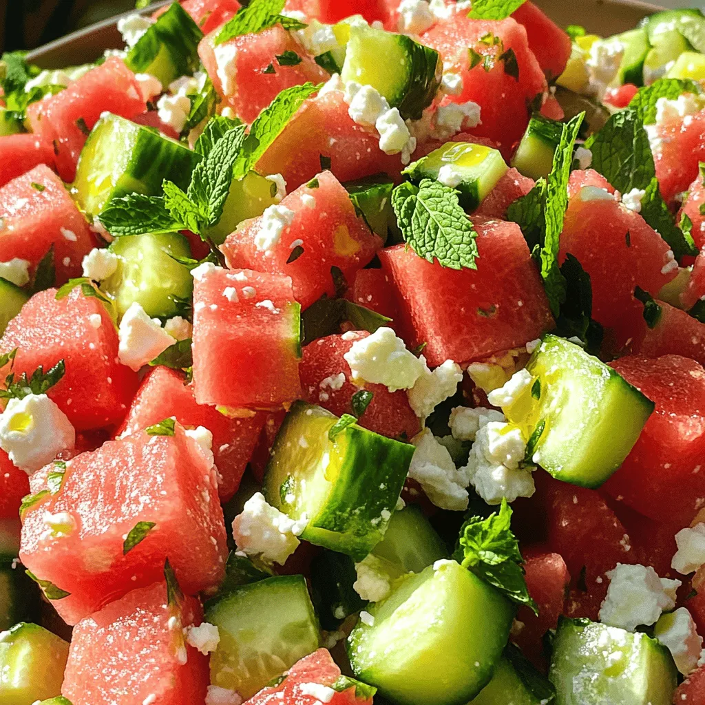 - 4 cups of juicy watermelon (cut into cubes) - 2 cups of crisp cucumber (diced) - 1 cup of creamy feta cheese (crumbled) - 1/4 cup of fresh mint leaves (finely chopped) - 2 tablespoons of high-quality olive oil - 1 tablespoon of balsamic reduction (optional) - Sea salt to taste - Freshly cracked black pepper to taste - Juice from one fresh lemon The ingredients for this salad create a refreshing blend. The watermelon brings sweetness, while the cucumber adds crunch. Feta cheese gives a creamy touch, making the dish rich and satisfying. Fresh mint adds a burst of flavor that brightens every bite. Using high-quality olive oil enhances the taste, while balsamic reduction adds a sweet twist. You can adjust salt and pepper to fit your taste. The lemon juice lifts the flavors, making everything pop. This salad is perfect for hot days. It’s simple to make and looks great on any table. Plus, it’s a great way to enjoy fresh, seasonal produce. For the full recipe, check out the detailed steps later in this article. To cube watermelon, start with a big, ripe piece. Cut off both ends to make it stable. Stand it up, then slice down the sides to remove the skin. Now, cut the flesh into thick slabs. After that, slice the slabs into cubes. Aim for bite-sized pieces so they are easy to eat. For the cucumber, wash it well. Cut off the ends, then slice it in half lengthwise. Use a spoon to scrape out the seeds if you want a less watery salad. Next, chop it into small, even pieces. This helps the cucumber mix well with other ingredients. When it comes to crumbling feta cheese, first take it out of its packaging. Use your hands or a fork to break it into small pieces. Try to keep the crumbles big enough to stay distinct in the salad. This way, you get that lovely creamy bite. In a large bowl, start by adding the cubed watermelon and diced cucumber. Gently mix them together, ensuring they are evenly combined. Next, sprinkle the crumbled feta cheese over the top. This will add a creamy texture and a salty kick. Add the finely chopped mint leaves next. This herb brightens the salad with its fresh flavor. Now, drizzle the olive oil and squeeze the fresh lemon juice over the salad. This will give it a bright, zesty taste. Using a large spoon, carefully toss the salad. Do this gently to keep the feta from mashing. You want to mix the flavors without losing the feta's shape. Now it's time to season the salad. Add sea salt and freshly cracked black pepper to taste. Start with a little, then adjust as needed. The salt will help enhance all the flavors. Let the salad rest for about 10 minutes before serving. This step is key. It allows the flavors to meld together. The watermelon will release some juice, creating a light dressing. For the complete recipe, check the [Full Recipe]. To create the best flavor in your salad, balance sweetness and acidity. Watermelon is sweet, so you need acidity to cut through that. Fresh lemon juice adds bright notes. You can also try balsamic reduction for a sweet twist. Adjust seasonings to your taste. Add sea salt and black pepper slowly. Taste as you go. This way, the salad fits your personal preference. Presentation matters when serving this salad. For a colorful display, choose a large bowl. Layer the watermelon, cucumber, and feta beautifully. You can also arrange the watermelon cubes in a fun pattern. Lastly, garnish with extra mint leaves. This adds a pop of green and a fresh smell. Having the right tools makes preparation easy. A sharp chef's knife is key for cutting watermelon and cucumber. Use a sturdy mixing bowl to combine all ingredients gently. These tools ensure you maintain the salad's texture and create a lovely dish. For the best results, make sure your tools are clean and ready to go. For a complete guide, check the Full Recipe. {{image_4}} You can swap feta cheese for a vegan option like tofu or almond cheese. These substitutes provide a similar creamy texture. If you want to add more flavor, try using a vegan feta made from cashews. For fruits or vegetables, consider adding berries, mango, or radishes. These additions add color and a unique taste to your salad. Watermelon pairs well with many fruits, so feel free to get creative! Different dressings can enhance your salad. A simple lemon vinaigrette works great. Mix olive oil, lemon juice, salt, and pepper for a fresh taste. You can also make your own balsamic reduction at home. Just simmer balsamic vinegar on low heat until it thickens. This sweet and tangy sauce pairs well with the salad, adding depth to the flavors. Changing the salad with the seasons can keep it fresh. In summer, add fresh basil or strawberries for a sweet twist. In fall, try diced apples or pears for a crunchy bite. For winter, include pomegranate seeds or citrus fruits. These ingredients add a pop of color and flavor to your dish. Always look for seasonal produce to keep your salad exciting and vibrant! To keep your leftover salad fresh, place it in an airtight container. This helps prevent moisture loss and keeps flavors strong. You can use glass or plastic containers. Glass is great for easy cleaning and doesn’t absorb odors. If you want to keep it extra fresh, add a layer of plastic wrap on top before sealing. You can freeze Watermelon Cucumber Feta Salad, but it’s not ideal. Freezing can change the texture of watermelon and cucumber. If you choose to freeze, prepare it without the feta and dressing. Store the fruit and cucumber in a freezer-safe bag. When you're ready to eat, thaw it in the fridge overnight. Add feta and dressing just before serving. In the fridge, this salad lasts about 2 to 3 days. After that, it may start to lose its crispness. Look for signs of spoilage, like a mushy texture or off smell. If the feta starts to look slimy, it’s time to toss it. Always trust your senses when deciding if food is still good to eat. To make this salad heartier, add protein or grains. You can include: - Grilled chicken breast, sliced thin - Cooked quinoa for a nutty flavor - Chickpeas for a plant-based option - Shrimp for a light seafood touch These ingredients mix well with the fresh flavors and keep your salad satisfying. Yes, you can prep ingredients ahead. To keep the salad fresh: - Chop watermelon and cucumber a few hours before serving. - Store the feta separately to avoid sogginess. - Mix everything together just before serving. This way, you enjoy that crisp texture and vibrant taste. Watermelon is hydrating and low in calories. It has vitamins A and C, which support your skin and immune system. Cucumber is also hydrating and offers fiber, which is good for digestion. This salad fits into a healthy diet by providing essential nutrients with low calories. Yes, this salad is gluten-free. All the ingredients, including watermelon, cucumber, and feta, do not contain gluten. For extra options: - Serve it with gluten-free crackers. - Pair it with gluten-free bread for a light meal. Feel free to enjoy this salad without worries about gluten! The Watermelon Cucumber Feta Salad is a refreshingly light dish. You learned about its main ingredients, step-by-step preparation, and unique variations. Remember to balance flavors and let it rest before serving. With tips for storage and healthy options, you can enjoy this salad any time. This recipe is simple, delicious, and perfect for warm days. Now, you have the tools to create a great salad that impresses everyone. Enjoy making it your own!