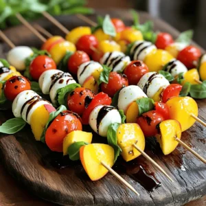 - 2 ripe peaches, cut into wedges - 1 cup cherry tomatoes, rinsed and dried - 1 cup fresh basil leaves, gently washed and dried - 8 oz fresh mozzarella balls (bocconcini), drained - 3 tablespoons balsamic glaze - 2 tablespoons extra-virgin olive oil - Salt and freshly ground black pepper, to taste - 12-15 (6-inch) wooden skewers Peach Caprese skewers blend sweet and savory flavors. The ripe peaches add natural sweetness. Use firm yet soft peaches for the best taste. Cherry tomatoes bring a burst of juiciness. Fresh basil adds aromatic freshness that complements the fruit. For the creamy element, fresh mozzarella balls are ideal. They provide a soft texture and mild flavor. Drizzle balsamic glaze for sweetness and tang. Extra-virgin olive oil enhances all the flavors. You’ll need salt and black pepper to season. They add depth to your dish. Finally, grab some wooden skewers to assemble your tasty bites. For the complete list of ingredients and measurements, refer to the Full Recipe. 1. Cutting peaches into wedges: Start with two ripe peaches. Cut them into even wedges. Make sure they are sweet and juicy for the best flavor. 2. Rinsing cherry tomatoes and drying: Take one cup of cherry tomatoes. Rinse them well under cool water. After rinsing, use a clean towel to dry them gently. This helps keep the skewers from getting soggy. 3. Draining mozzarella balls: Use eight ounces of fresh mozzarella balls. Drain them to remove excess liquid. This keeps the skewers light and fresh. 1. Step-by-step threading process: Grab a six-inch wooden skewer. Start by threading a fresh basil leaf onto the skewer. Then, add a peach wedge. Next, slide on a cherry tomato, followed by a mozzarella ball. 2. Layering pattern for vibrant colors: Repeat the pattern: basil, peach, tomato, mozzarella. This layering creates a colorful and appealing look. Aim for a mix of colors on each skewer. 3. Tips for an appealing presentation: Leave some space at the end of each skewer. This makes them easy to handle. Arrange the finished skewers on a platter or in a jar for a fun touch. 1. Drizzling olive oil: Once your skewers are ready, drizzle them lightly with extra-virgin olive oil. This adds richness and enhances the flavors of the fresh ingredients. 2. Adding seasoning: Sprinkle a little salt and freshly cracked black pepper over the skewers. This adds a nice kick and brings out the taste of each ingredient. 3. Applying balsamic glaze: Finally, drizzle balsamic glaze over the skewers. This sweet and tangy glaze adds a wonderful finish to the dish. For the full recipe, check out the instructions I shared earlier. When making Peach Caprese Skewers, the first step is choosing ripe peaches. Look for peaches that feel slightly soft when you press them. Their color should be vibrant and rich. Ripe peaches add natural sweetness, making your skewers delicious. Next, consider the mozzarella and basil. You want fresh mozzarella balls, called bocconcini. They should be firm and moist. Fresh basil leaves should be bright green and fragrant. If they look wilted, they won't taste good. Using fresh ingredients elevates your dish. For easy skewering, start with a wooden skewer. Grab a fresh basil leaf and thread it onto the skewer first. This helps anchor the other ingredients. Next, add a peach wedge, then a cherry tomato, and finish with a mozzarella ball. Repeat this pattern to create a colorful skewer. To make your skewers visually appealing, mix up the colors. Alternate between peach, tomato, and mozzarella. This creates a beautiful display. You can also arrange the skewers in a jar for a fun presentation. When serving, think about your platter. A large, decorative platter can be eye-catching. You can also arrange the skewers in a tall vase. This adds a unique touch to your table. Pair your Peach Caprese Skewers with drinks like lemonade or sparkling water. They also go well with other appetizers, like bruschetta. This way, you create a delightful spread for your guests. For the full recipe, check out the detailed instructions to help you on your cooking adventure! {{image_4}} You can switch out the peaches for other fruits. Strawberries add sweetness, while figs bring a rich taste. Both work well with the cheese. For cheese, try feta or goat cheese instead of mozzarella. Feta adds a salty kick, while goat cheese offers creaminess. To boost flavors, add spices or herbs. A sprinkle of black pepper can elevate taste. Fresh mint or thyme can also add a nice twist. Experiment with different glazes too. A honey glaze can add sweetness, while a spicy chili glaze can bring heat. You can easily make these skewers vegan. Use tofu or avocado in place of cheese. For low-carb or keto options, skip the fruit and focus on cheese and herbs. Cherry tomatoes still fit well in this version. This allows everyone to enjoy the dish, no matter their diet. To keep your Peach Caprese Skewers fresh, store them in the fridge. Use an airtight container to avoid drying out. Place a damp paper towel inside the container. This helps keep the ingredients moist. Try to eat leftovers within two days for the best taste. Reheat your skewers in a pan on low heat. This warms them gently without losing flavor. Avoid using a microwave, as it can make the cheese rubbery. Heat just until the cheese is warm, about 2-3 minutes. Freezing these skewers is tricky. I do not recommend it because the peaches and mozzarella lose texture. If you must freeze, assemble them without the balsamic glaze. Wrap the skewers tightly in plastic wrap. Store them in a freezer-safe bag. Use within a month for best results. Yes, you can prepare these skewers a few hours in advance. Keep them in the fridge until serving. This helps the flavors blend. - Storage timelines: Store them for up to 4 hours. After that, the peaches may get mushy. - Ingredients that keep well: Mozzarella and cherry tomatoes hold up nicely. Fresh basil gets a bit wilty but will still taste great. For this dish, use yellow or white peaches. Both are sweet and juicy. Yellow peaches have a nice tang, while white peaches are sweeter. - Recommended varieties for sweetness and texture: Look for Freestone peaches. They come off the pit easily and have great flavor. Absolutely! You can mix and match ingredients to fit your taste. Try using different fruits or cheeses. - Suggestions for personalizing flavors and textures: Substitute peaches with strawberries or figs. You can also use feta or goat cheese instead of mozzarella. These skewers are perfect for gatherings. You can set them up on a big platter for guests to grab. - Ideas for large gatherings and events: Arrange them in a tall vase for fun. Add a small bowl of balsamic glaze for dipping. This will impress your guests! For the complete recipe, check out the [Full Recipe]. Peach Caprese skewers bring together fresh produce, creamy mozzarella, and bold flavors. Using ripe peaches, cherry tomatoes, and basil makes them a vibrant choice. Adding olive oil, balsamic glaze, and a touch of seasoning elevates every bite. You can easily swap ingredients for different tastes or dietary needs. Remember, these skewers are fun and simple to make. They are perfect for summer gatherings or a light snack. Enjoy crafting your own skewers, and let your creativity shine!