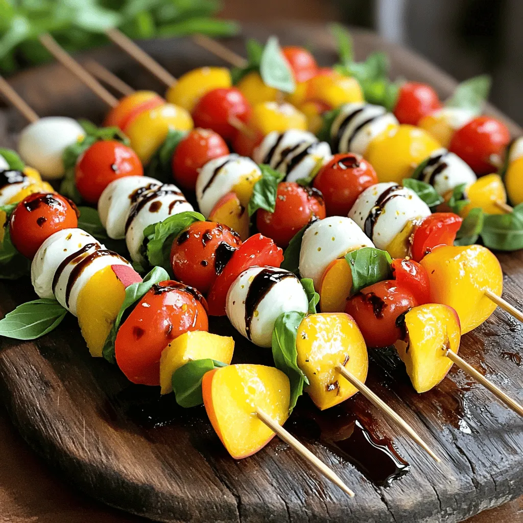 - 2 ripe peaches, cut into wedges - 1 cup cherry tomatoes, rinsed and dried - 1 cup fresh basil leaves, gently washed and dried - 8 oz fresh mozzarella balls (bocconcini), drained - 3 tablespoons balsamic glaze - 2 tablespoons extra-virgin olive oil - Salt and freshly ground black pepper, to taste - 12-15 (6-inch) wooden skewers Peach Caprese skewers blend sweet and savory flavors. The ripe peaches add natural sweetness. Use firm yet soft peaches for the best taste. Cherry tomatoes bring a burst of juiciness. Fresh basil adds aromatic freshness that complements the fruit. For the creamy element, fresh mozzarella balls are ideal. They provide a soft texture and mild flavor. Drizzle balsamic glaze for sweetness and tang. Extra-virgin olive oil enhances all the flavors. You’ll need salt and black pepper to season. They add depth to your dish. Finally, grab some wooden skewers to assemble your tasty bites. For the complete list of ingredients and measurements, refer to the Full Recipe. 1. Cutting peaches into wedges: Start with two ripe peaches. Cut them into even wedges. Make sure they are sweet and juicy for the best flavor. 2. Rinsing cherry tomatoes and drying: Take one cup of cherry tomatoes. Rinse them well under cool water. After rinsing, use a clean towel to dry them gently. This helps keep the skewers from getting soggy. 3. Draining mozzarella balls: Use eight ounces of fresh mozzarella balls. Drain them to remove excess liquid. This keeps the skewers light and fresh. 1. Step-by-step threading process: Grab a six-inch wooden skewer. Start by threading a fresh basil leaf onto the skewer. Then, add a peach wedge. Next, slide on a cherry tomato, followed by a mozzarella ball. 2. Layering pattern for vibrant colors: Repeat the pattern: basil, peach, tomato, mozzarella. This layering creates a colorful and appealing look. Aim for a mix of colors on each skewer. 3. Tips for an appealing presentation: Leave some space at the end of each skewer. This makes them easy to handle. Arrange the finished skewers on a platter or in a jar for a fun touch. 1. Drizzling olive oil: Once your skewers are ready, drizzle them lightly with extra-virgin olive oil. This adds richness and enhances the flavors of the fresh ingredients. 2. Adding seasoning: Sprinkle a little salt and freshly cracked black pepper over the skewers. This adds a nice kick and brings out the taste of each ingredient. 3. Applying balsamic glaze: Finally, drizzle balsamic glaze over the skewers. This sweet and tangy glaze adds a wonderful finish to the dish. For the full recipe, check out the instructions I shared earlier. When making Peach Caprese Skewers, the first step is choosing ripe peaches. Look for peaches that feel slightly soft when you press them. Their color should be vibrant and rich. Ripe peaches add natural sweetness, making your skewers delicious. Next, consider the mozzarella and basil. You want fresh mozzarella balls, called bocconcini. They should be firm and moist. Fresh basil leaves should be bright green and fragrant. If they look wilted, they won't taste good. Using fresh ingredients elevates your dish. For easy skewering, start with a wooden skewer. Grab a fresh basil leaf and thread it onto the skewer first. This helps anchor the other ingredients. Next, add a peach wedge, then a cherry tomato, and finish with a mozzarella ball. Repeat this pattern to create a colorful skewer. To make your skewers visually appealing, mix up the colors. Alternate between peach, tomato, and mozzarella. This creates a beautiful display. You can also arrange the skewers in a jar for a fun presentation. When serving, think about your platter. A large, decorative platter can be eye-catching. You can also arrange the skewers in a tall vase. This adds a unique touch to your table. Pair your Peach Caprese Skewers with drinks like lemonade or sparkling water. They also go well with other appetizers, like bruschetta. This way, you create a delightful spread for your guests. For the full recipe, check out the detailed instructions to help you on your cooking adventure! {{image_4}} You can switch out the peaches for other fruits. Strawberries add sweetness, while figs bring a rich taste. Both work well with the cheese. For cheese, try feta or goat cheese instead of mozzarella. Feta adds a salty kick, while goat cheese offers creaminess. To boost flavors, add spices or herbs. A sprinkle of black pepper can elevate taste. Fresh mint or thyme can also add a nice twist. Experiment with different glazes too. A honey glaze can add sweetness, while a spicy chili glaze can bring heat. You can easily make these skewers vegan. Use tofu or avocado in place of cheese. For low-carb or keto options, skip the fruit and focus on cheese and herbs. Cherry tomatoes still fit well in this version. This allows everyone to enjoy the dish, no matter their diet. To keep your Peach Caprese Skewers fresh, store them in the fridge. Use an airtight container to avoid drying out. Place a damp paper towel inside the container. This helps keep the ingredients moist. Try to eat leftovers within two days for the best taste. Reheat your skewers in a pan on low heat. This warms them gently without losing flavor. Avoid using a microwave, as it can make the cheese rubbery. Heat just until the cheese is warm, about 2-3 minutes. Freezing these skewers is tricky. I do not recommend it because the peaches and mozzarella lose texture. If you must freeze, assemble them without the balsamic glaze. Wrap the skewers tightly in plastic wrap. Store them in a freezer-safe bag. Use within a month for best results. Yes, you can prepare these skewers a few hours in advance. Keep them in the fridge until serving. This helps the flavors blend. - Storage timelines: Store them for up to 4 hours. After that, the peaches may get mushy. - Ingredients that keep well: Mozzarella and cherry tomatoes hold up nicely. Fresh basil gets a bit wilty but will still taste great. For this dish, use yellow or white peaches. Both are sweet and juicy. Yellow peaches have a nice tang, while white peaches are sweeter. - Recommended varieties for sweetness and texture: Look for Freestone peaches. They come off the pit easily and have great flavor. Absolutely! You can mix and match ingredients to fit your taste. Try using different fruits or cheeses. - Suggestions for personalizing flavors and textures: Substitute peaches with strawberries or figs. You can also use feta or goat cheese instead of mozzarella. These skewers are perfect for gatherings. You can set them up on a big platter for guests to grab. - Ideas for large gatherings and events: Arrange them in a tall vase for fun. Add a small bowl of balsamic glaze for dipping. This will impress your guests! For the complete recipe, check out the [Full Recipe]. Peach Caprese skewers bring together fresh produce, creamy mozzarella, and bold flavors. Using ripe peaches, cherry tomatoes, and basil makes them a vibrant choice. Adding olive oil, balsamic glaze, and a touch of seasoning elevates every bite. You can easily swap ingredients for different tastes or dietary needs. Remember, these skewers are fun and simple to make. They are perfect for summer gatherings or a light snack. Enjoy crafting your own skewers, and let your creativity shine!