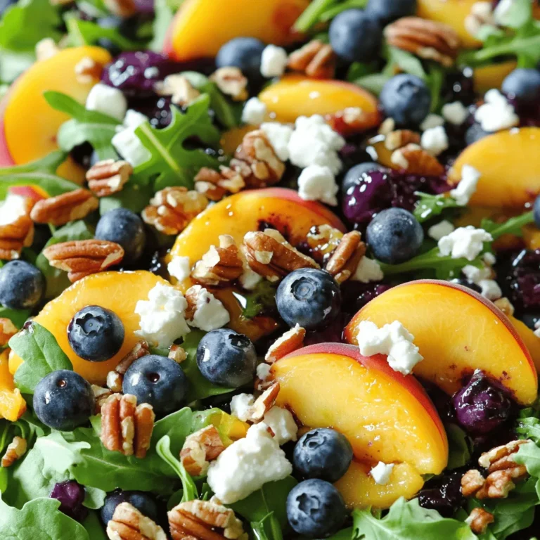 - 2 ripe peaches, sliced into wedges - 1 cup fresh blueberries, rinsed and drained - 4 cups mixed salad greens (arugula, spinach, and romaine) - 1/4 cup red onion, thinly sliced - 1/2 cup feta cheese, crumbled - 1/4 cup nuts (chopped pecans or walnuts) - 2 tablespoons honey - 2 tablespoons balsamic vinegar - 2 tablespoons extra-virgin olive oil - Salt and pepper to taste To make the Blueberry Peach Feta Salad, gather fresh produce first. Ripe peaches add sweetness. Fresh blueberries bring a burst of flavor. Mixed salad greens offer crunch and color. Thinly sliced red onion adds a mild bite. Next, you need dairy and nuts. Crumbled feta cheese gives a creamy texture. Choose chopped pecans or walnuts for a nutty crunch. Then, prepare the dressing ingredients. Honey provides natural sweetness. Balsamic vinegar adds a tangy touch. Extra-virgin olive oil brings richness. Don’t forget salt and pepper to enhance all flavors. Check the [Full Recipe] for more details! - Gently combine 2 ripe peaches, sliced into wedges, 1 cup fresh blueberries, and 1/4 cup red onion, thinly sliced, in a large bowl. This mix brings out sweet and savory notes. - Layer 4 cups of mixed salad greens on top, using a blend of arugula, spinach, and romaine. Be careful not to bruise the leaves. - Sprinkle 1/2 cup crumbled feta cheese and 1/4 cup chopped nuts, like pecans or walnuts, over the greens. This adds creaminess and crunch. - Drizzle the prepared dressing evenly over everything. This will tie all the flavors together. - Toss the salad gently to coat the ingredients. The goal is to mix without making it soggy. - Taste the salad and adjust the seasoning with salt and pepper as necessary. This step ensures the flavors pop. For more detailed instructions, check out the Full Recipe. Using local honey boosts the flavor of your dressing. It adds a rich sweetness that makes each bite delightful. Look for honey from nearby farms for the best taste. You also want to choose ripe peaches. They should feel soft but not mushy. Ripe peaches bring a natural sweetness that shines in your salad. When you bite into them, they should almost melt in your mouth. For a beautiful look, add extra fruit on top. A few blueberries or peach slices create a colorful display. You can also serve the salad in individual bowls. This adds an elegant touch and makes it easy for guests to enjoy. Each bowl can be topped with a little extra feta for a nice finish. You can adjust the sweetness or tang of your dressing. Changing the honey and vinegar ratios helps. If you want it sweeter, add more honey. If you prefer a tangy flavor, increase the balsamic vinegar. Adding fresh herbs like basil or mint can also enhance the taste. They add a burst of freshness that pairs well with the fruit. {{image_4}} You can swap peaches for other fruits. Try using strawberries or mango for a new twist. These fruits add sweetness and vibrant color. Seasonal fruits can also work well. Think of ripe cherries in summer or pears in fall. Each fruit brings its own flavor and texture. This keeps your salad fresh and exciting. Want to make this salad a meal? Add grilled chicken or shrimp. They pair well with the sweet fruit and tangy feta. For a vegetarian option, chickpeas are a great choice. They add protein and fiber, making the salad filling. This way, you can enjoy it for lunch or dinner. Experimenting with dressings can change the whole dish. Try different vinegars like apple cider or red wine vinegar. Each one gives a unique flavor. You can also create a creamy dressing using yogurt or buttermilk. This adds richness and pairs nicely with the salad's freshness. For the full recipe, you can check the link provided. To keep your Blueberry Peach Feta Salad fresh, store the components separately. This helps maintain their texture and flavor. Keep the greens in a dry, airtight container. Place the fruit in another container to avoid sogginess. Store the dressing in a small jar or bowl with a lid. This keeps it fresh and prevents it from mixing with the salad too soon. When stored properly, the salad can last about 2-3 days. The mixed greens will stay crisp for about a day, while the fruit will start to soften after that. Check for any signs of spoilage, like off smells or discoloration. If the salad looks unappealing or smells strange, it's best to toss it. If you have leftovers, try using them in other dishes. Add the salad greens to a sandwich or wrap for extra crunch. You can stir the fruit into yogurt or oatmeal for a tasty breakfast. Use leftover feta in an omelet or sprinkle it on pasta. By reusing ingredients, you reduce waste and enjoy new meals! For the full recipe of this delicious salad, check out the Blueberry Peach Feta Salad recipe above! Blueberry Peach Feta Salad stays fresh for about two days in the fridge. To keep it tasty, store the salad without the dressing. This way, the greens stay crisp. Place the salad in an airtight container to avoid moisture. Add the dressing just before serving. This helps maintain the salad's texture and flavor. Yes, you can make the salad in advance. For best results, prep the ingredients a day ahead. Slice the peaches and onions, and wash the blueberries. Keep them in separate containers in the fridge. Mix the salad right before serving. This keeps everything fresh and crunchy. If you want to change things up, try these substitutions: - Use goat cheese instead of feta for a creamier taste. - Swap out the peaches for nectarines or mangoes if you prefer. - For a nut-free version, skip the nuts or use seeds. - Choose dairy-free cheese for a plant-based option. You can enhance this salad's flavor easily. Here are some ideas: - Add fresh herbs like basil or mint for a burst of freshness. - Sprinkle in a pinch of chili flakes for a light kick. - Use a splash of lemon juice for extra brightness. - Experiment with different oils, like sesame or avocado, for unique taste. This blog post covered a flavorful Blueberry Peach Feta Salad. You learned about fresh ingredients, step-by-step assembly, and tips to perfect your dish. Remember to adjust the dressing to suit your taste. Experiment with fruits and proteins for variety. Store leftovers properly to keep them fresh. Enjoy making this salad your own and impress your friends. Simple changes can elevate your meals. Healthy eating can be fun and delicious!