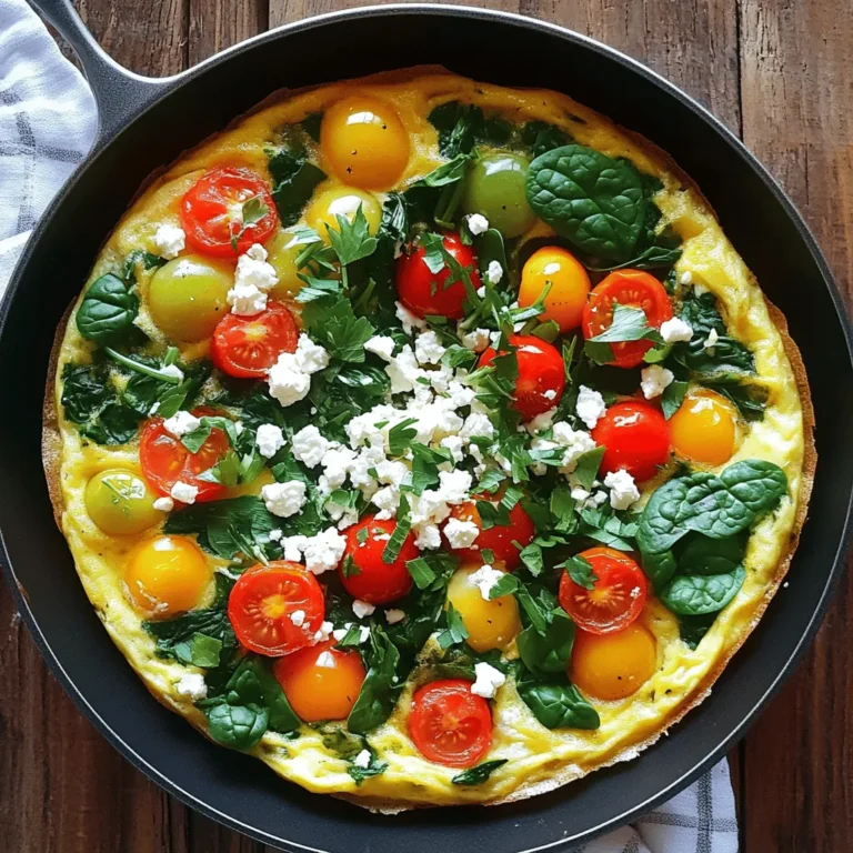 - 6 large eggs - 1/2 cup milk - 1 cup fresh spinach, chopped - 1/2 cup cherry tomatoes, halved - 1/2 cup bell pepper, diced - 1/4 cup red onion, finely chopped - 1/2 cup feta cheese, crumbled - 2 tablespoons extra-virgin olive oil - Salt and pepper, to taste - Fresh herbs (such as basil or parsley), for garnish Each ingredient plays a key role in our frittata. The eggs provide a rich base. Milk adds creaminess and helps the frittata rise. Fresh spinach brings in nutrients and a vibrant green color. Cherry tomatoes add sweetness and juiciness, while bell peppers offer crunch and flavor. Red onion gives a mild bite, and feta cheese adds a salty kick. Olive oil helps cook the veggies, while salt and pepper enhance all the flavors. Fresh herbs on top finish it off beautifully. You can customize your frittata with other tasty veggies. Consider adding: - Mushrooms - Zucchini - Broccoli - Asparagus These options add variety and nutrition. You can also swap cheeses for a different taste. Try: - Cheddar cheese for a sharp flavor - Goat cheese for creaminess - Mozzarella for a melty texture Feel free to get creative! Mixing and matching ingredients makes your frittata unique. For the full recipe, check out the Morning Sunshine Frittata . 1. Preheat your oven to 350°F (175°C) to get it ready for baking. 2. Grab an oven-safe skillet and place it on the stove. Add 2 tablespoons of extra-virgin olive oil and heat it over medium heat. 3. While the oil heats, prepare your vegetables. Chop 1 cup of fresh spinach, halve 1/2 cup of cherry tomatoes, dice 1/2 cup of bell pepper, and finely chop 1/4 cup of red onion. 4. Once the oil is hot, add the red onion and bell pepper to the skillet. Sauté them for about 3-4 minutes. Stir often until the onion turns soft and slightly clear. 5. Next, add the spinach and halved cherry tomatoes to the skillet. Sauté them for about 2 more minutes. The spinach should wilt, and the tomatoes should soften. 1. In a large mixing bowl, crack 6 large eggs and add 1/2 cup of milk. Whisk them together well until smooth. Add salt and pepper to taste. 2. Carefully pour the egg mixture over the sautéed vegetables in the skillet. Use a spatula to gently mix everything. 3. Next, sprinkle 1/2 cup of crumbled feta cheese evenly over the top of the mixture. This adds a nice flavor as it melts. 4. Let the frittata cook on the stovetop for 2-3 minutes. You will see the edges start to set. 5. Now, transfer the skillet into your preheated oven. Bake for 15-20 minutes. It’s ready when the center is firm and the top is lightly golden. 6. After baking, take the skillet out and let the frittata cool for a few minutes. Slice it into wedges and garnish with fresh herbs for a bright finish. This method gives you a frittata that is both quick and healthy, perfect for breakfast or brunch. For the full recipe, check out the details provided above! To make a great frittata, focus on the texture and flavor. Start with fresh eggs. They make a big difference. Whisk them well with milk. This adds creaminess. Season your mix with salt and pepper for taste. Use a non-stick or cast-iron skillet for cooking. It helps prevent sticking and allows even cooking. Preheat your skillet with olive oil before adding vegetables. This step enhances the flavor and gives them a nice sautéed texture. Be mindful of the heat; medium is best. One common mistake is overcooking the eggs. Keep an eye on the frittata in the oven. It should be just set in the center. If you let it cook too long, it becomes rubbery. Another mistake is mixing vegetables that do not cook well together. For example, hard veggies like carrots take longer than soft ones like spinach. Use a mix of veggies that have similar cooking times to ensure even doneness. This way, each bite remains flavorful and tender. These tips will help you master your frittata. For more details, check the Full Recipe. {{image_4}} You can change the taste of your frittata with herbs and spices. Try adding Italian seasoning for a classic touch. Smoked paprika gives it a warm flavor. For a fresh twist, add basil or parsley right before serving. You can also make sweet frittatas! Use fruits, like berries or bananas, and a touch of cinnamon. This can be a fun way to enjoy breakfast or brunch. If you're looking for vegan or dairy-free options, use a tofu scramble instead of eggs. Crumbled tofu mixed with spices can mimic the texture of eggs well. For a gluten-free choice, just ensure all your ingredients are free from gluten. Most vegetables and cheeses work well and keep the frittata delicious. For more details on how to create your frittata, check the Full Recipe. To keep your frittata fresh, refrigerate it. Let it cool to room temperature first. - Storage Tips: - Wrap the frittata tightly in plastic wrap or aluminum foil. - Place it in an airtight container to avoid drying out. I like to use glass containers. They seal well and help you see what’s inside. Leftover frittata stays good for about 3 to 4 days in the fridge. When you want to eat it, you can reheat it in the oven or microwave. You can also freeze frittata for later. This is great if you want to make it ahead of time. - Instructions for Freezing: - Cut the frittata into wedges. - Wrap each wedge in plastic wrap, then place them in a freezer bag. - Squeeze out the air and seal the bag. For best quality, eat frozen frittata within 2 to 3 months. To thaw, move it to the fridge overnight. - Thawing and Reheating Tips: - Reheat in the oven at 350°F (175°C) for about 10-15 minutes. - You can also microwave it for 1-2 minutes, but the oven keeps it crispier. Now, you can enjoy your frittata anytime! For the full recipe, check out the Morning Sunshine Frittata. A frittata lasts about 3 to 4 days in the fridge. To keep it fresh, store it in an airtight container. This helps prevent moisture loss and keeps flavors strong. Always let it cool before sealing it up. If you notice any off odors or colors, it's best to toss it. Yes, you can make a frittata in advance. Prepare it the night before and store it in the fridge. Just reheat it before serving. You can warm it in the oven at 350°F for about 10 minutes. This keeps it fluffy and tasty. Serving a frittata is fun and easy! Cut it into wedges and place it on a nice plate. You can add a side of fresh fruit or a simple green salad. For extra flavor, drizzle with a little olive oil or serve with salsa. Enjoy it warm or at room temperature for any meal! This guide has covered everything you need to make a great breakfast frittata. We explored essential ingredients, preparation steps, and tips for success. Don't forget customization options, like adding your favorite veggies or cheeses. Storage advice ensures leftovers stay tasty. You can even get creative with flavors and options for special diets. Enjoy cooking and make your frittata unique! With practice, you'll master this delicious dish that can please anyone.